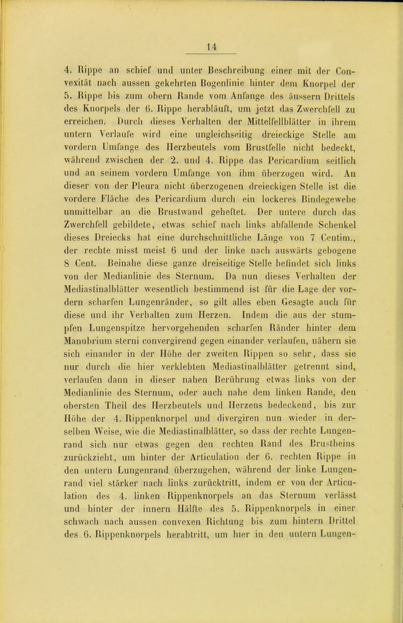 4. Rippe an schief und unter Beschreil)ung einer mit der Con- vexität nach aussen gekehrten üogenlinie hinter dem Knorpel der 5. Rippe l)is zum ohern Rande vom Anfänge des äiissern Drittels des Knorpels der 6. Rippe lierabläuft, um jetzt das Zwerchfell zu erreichen. Durch dieses Verhalten der Mittelfellblätter in ihrem untern Verlaufe wird eine ungleichseitig dreieckige Stelle am vordem Umfange des Herzbeutels vom Brustfelle nicht bedeckt, während zwischen der 2. und 4. Rippe das Pericardium seitlich und an seinem vordem Umlänge von ihm überzogen wird. An dieser von der Pleura nicht überzogenen dreieckigen Stelle ist die vordere Fläche des Pericardium durch ein lockeres Bindegewebe unmittelbar an die Brustwand geheftet. Der untere durch das Zwerchfell gebildete, etwas schief nach links abfallende Schenkel dieses Dreiecks hat eine durchschnittliche Länge von 7 Centim., der rechte misst meist 6 und der linke nach auswärts gebogene 8 Cent. Beinahe diese ganze dreiseitige Stelle belindet sich links von der Medianlinie des Sternum. Da nun dieses Verhalten der Mediastinalblätter wesentlich bestimmend ist für die Lage der vor- dem scharfen Lungenränder, so gilt alles eben Gesagte auch für diese und ihr Verhalten zum Herzen. Indem die aus der stum- pfen Lungenspitze hervorgehenden scharfen Ränder hinter dem Manuhrium sterni convergirend gegen einander verlaufen, nähern sie sich einander in der Höhe der zweiten Rippen so sehr, dass sie nur durch die hier verklebten Mediastinalblätter getrennt sind, verlaufen dann in dieser nahen Berührung etwas links von der Medianlinie des Sternum, oder auch nahe dem linken Rande, den obersten Theil des Herzbeutels und Herzens bedeckend, bis zur Höhe der 4. Rippenknorpel und divergiren nun wieder in der- selben Weise, wie die Mediastinalblätter, so dass der rechte Lungen- rand sich nur etwas gegen den rechten Rand des Brustbeins zurückziebt, um hinter der Articulation der 6. rechten Rippe in den untern Lungenrand überzugehen, während der linke Lungen- rand viel stärker nach links zurücktritt, indem er von der Arlicu- lation des 4. linken Rippenknorpels an das Sternum verlässt und hinter der innern Hälfte des 5. Rippenknorpels in einer schwach nach aussen convexen Richtung bis zum hintern Drittel des 6. Rippenknorpels herabtritt, um hier in den untern Lungen-