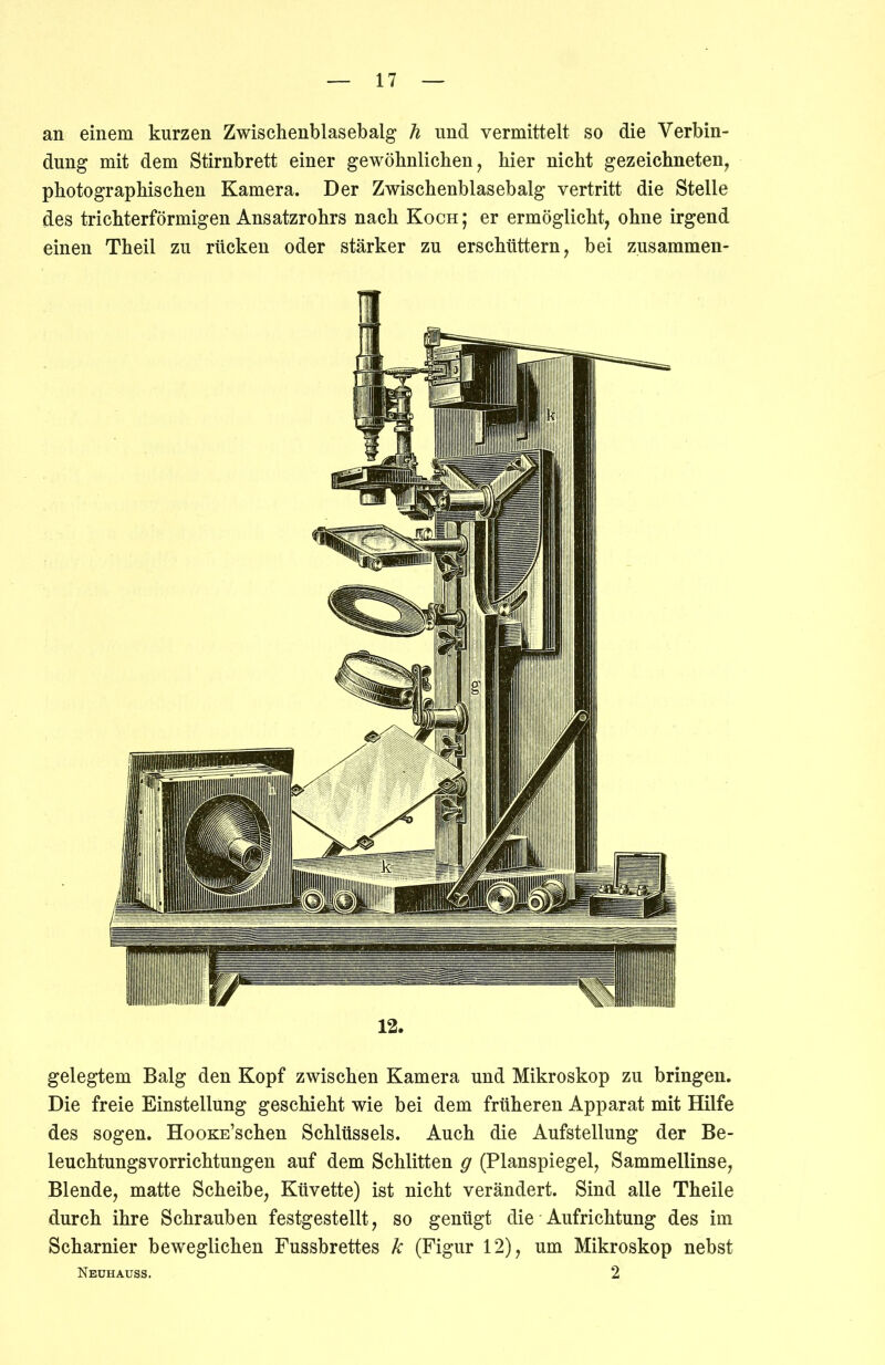an einem kurzen Zwischenblasebalg h und vermittelt so die Verbin- dung mit dem Stirnbrett einer gewöhnlichen, hier nicht gezeichneten, photographischen Kamera. Der Zwischenblasebalg vertritt die Stelle des trichterförmigen Ansatzrohrs nach Koch ; er ermöglicht, ohne irgend einen Theil zu rücken oder stärker zu erschüttern, bei zusammen- 12. gelegtem Balg den Kopf zwischen Kamera und Mikroskop zu bringen. Die freie Einstellung geschieht wie bei dem früheren Apparat mit Hilfe des sogen. HooKE’schen Schlüssels. Auch die Aufstellung der Be- leuchtungsvorrichtungen auf dem Schlitten g (Planspiegel, Sammellinse, Blende, matte Scheibe, Küvette) ist nicht verändert. Sind alle Theile durch ihre Schrauben festgestellt, so genügt die Aufrichtung des im Scharnier beweglichen Fussbrettes k (Figur 12), um Mikroskop nebst Neuhauss. 2