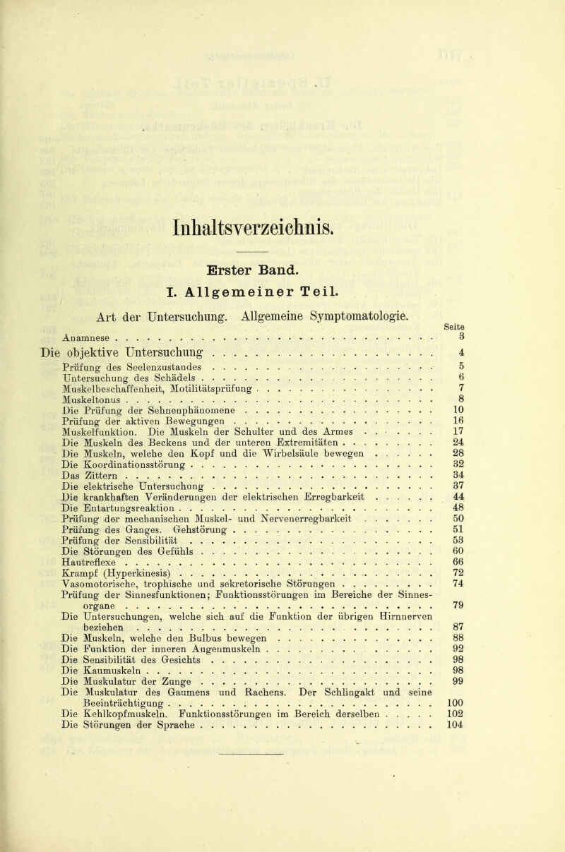 Inhaltsverzeichnis. Erster Band. I. Allgemeiner Teil. Art der Untersuchung. Allgemeine Symptomatologie. Seite Anamnese » 3 Die objektive Untersuchung 4 Prüfung des Seelenzustand.es 5 Untersuchung des Schädels 6 Muskelbeschaffenheit, Motilitätsprüfung 7 Muskeltonus . 8 Die Prüfung der Sehnenphänomene 10 Prüfung der aktiven Bewegungen 16 Muskelfunktion. Die Muskeln der Schulter und des Armes . 17 Die Muskeln des Beckens und der unteren Extremitäten 24 Die Muskeln, welche den Kopf und die Wirbelsäule bewegen 28 Die Koordinationsstörung 32 Das Zittern 34 Die elektrische Untersuchung . 37 Die krankhaften Veränderungen der elektrischen Erregbarkeit ...... 44 Die Entartungsreaktion 48 Prüfung der mechanischen Muskel- und Nervenerregbarkeit ....... 50 Prüfung des Ganges. Gehstörung 51 Prüfung der Sensibilität 53 Die Störungen des Gefühls 60 Hautreflexe 66 Krampf (Hyperkinesis) • . 72 Vasomotorische, trophische und sekretorische Störungen 74 Prüfung der Sinnesfunktionen; Funktionsstörungen im Bereiche der Sinnes- organe 79 Die Untersuchungen, welche sich auf die Funktion der übrigen Hirnnerven beziehen 87 Die Muskeln, welche den Bulbus bewegen . . 88 Die Funktion der inneren Augenmuskeln 92 Die Sensibilität des Gesichts 98 Die Kaumuskeln 98 Die Muskulatur der Zunge 99 Die Muskulatur des Gaumens und Rachens. Der Schlingakt und seine Beeinträchtigung 100 Die Kehlkopfmuskeln. Funktionsstörungen im Bereich derselben 102 Die Störungen der Sprache 104