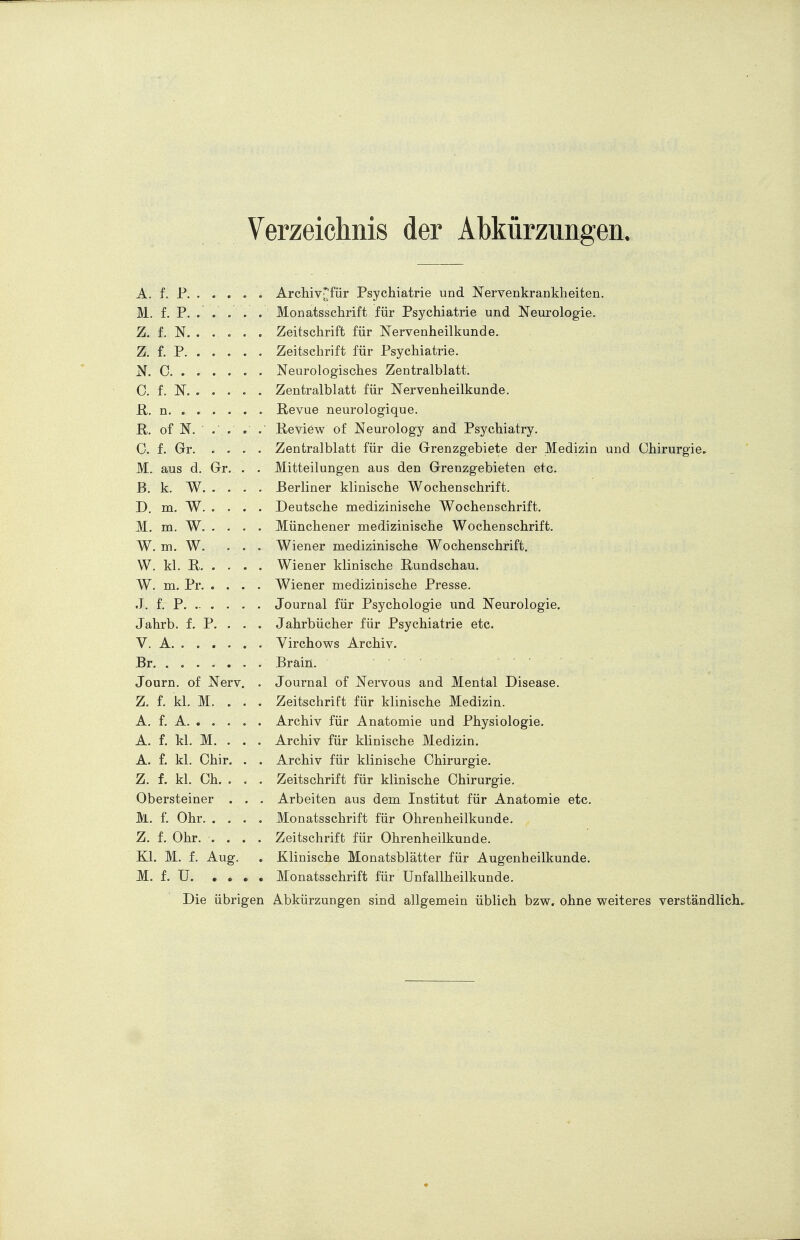 Verzeichnis der Abkürzungen. A. f. P Archiv*'für Psychiatrie und Nervenkrankheiten. M. f. P. . . . . . Monatsschrift für Psychiatrie und Neurologie. Z. f. N. . . . . . Zeitschrift für Nervenheilkunde. Z. f. P Zeitschrift für Psychiatrie. N. C Neurologisches Zentralblatt. C. f. N Zentralblatt für Nervenheilkunde. R. n Revue neurologique. R. of N. . .' . . Review of Neurology and Psychiatry. 0. f. Gr Zentralblatt für die Grenzgebiete der Medizin und Chirurgie* M. aus d. Gr. . . Mitteilungen aus den Grenzgebieten etc. B. k. W Berliner klinische Wochenschrift. D. m. W Deutsche medizinische Wochenschrift. M. m. W Münchener medizinische Wochenschrift. W. m. W. . . . Wiener medizinische Wochenschrift. W. kl. R Wiener klinische Rundschau. W. m. Pr Wiener medizinische Presse. J. f. P. .. . . . . Journal für Psychologie und Neurologie. Jahrb. f. P. . . . Jahrbücher für Psychiatrie etc. V. A Virchows Archiv. Br Brain. Journ. of Nerv. . Journal of Nervous and Mental Disease. Z. f. kl. M. . . . Zeitschrift für klinische Medizin. A. f. A Archiv für Anatomie und Physiologie. A. f. kl. M. . . . Archiv für klinische Medizin. A. f. kl. Chir. . . Archiv für klinische Chirurgie. Z. f. kl. Ch. . . . Zeitschrift für klinische Chirurgie. Obersteiner . . . Arbeiten aus dem Institut für Anatomie etc. M. f. Ohr Monatsschrift für Ohrenheilkunde. Z. f. Ohr. .... Zeitschrift für Ohrenheilkunde. Kl. M. f. Aug. . Klinische Monatsblätter für Augenheilkunde. M. f. U Monatsschrift für Unfallheilkunde. Die übrigen Abkürzungen sind allgemein üblich bzw. ohne weiteres verständlich.