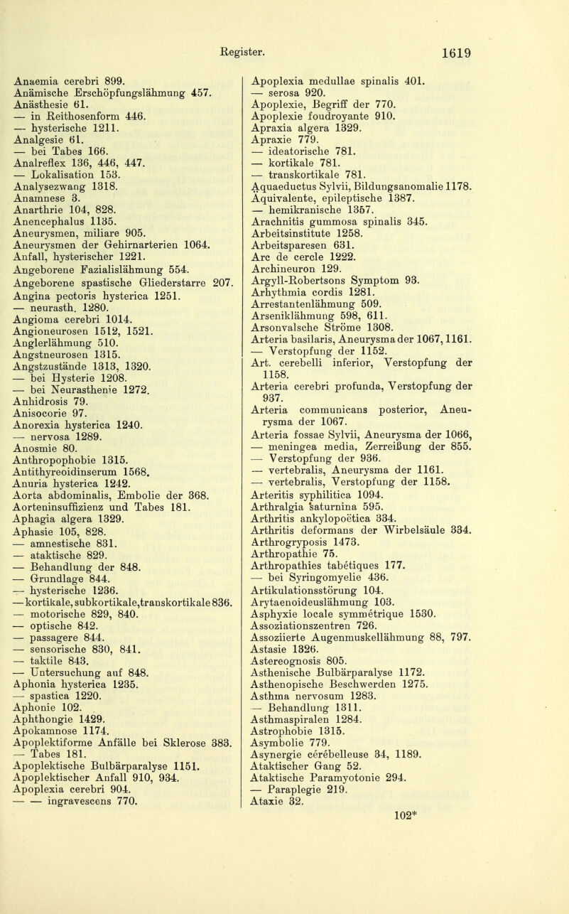 Anaemia cerebri 899. Anämische Erschöpfungslähmung 457. Anästhesie 61. — in ßeithosenform 446. — hysterische 1211. Analgesie 6L. — bei Tabes 166. Analreflex 136, 446, 447. — Lokalisation 153. Analysezwang 1318. Anamnese 3. Anarthrie 104, 828. Anencephalus 1135. Aneurysmen, miliare 905. Aneurysmen der Gehirnarterien 1064. Anfall, hysterischer 1221. Angeborene Fazialislähmung 554. Angeborene spastische Gliederstarre 207. Angina pectoris hysterica 1251. — neurasth. 1280. Angioma cerebri 1014. Angioneurosen 1512, 1521. Anglerlähmung 510. Angstneurosen 1315. Angstzustände 1313, 1320. — bei Hysterie 1208. —■ bei Neurasthenie 1272. Anhidrosis 79. Anisocorie 97. Anorexia hysterica 1240. — nervosa 1289. Anosmie 80. Anthropophobie 1315. Antithyreoidinserum 1568. Anuria hysterica 1242. Aorta abdominalis, Embolie der 368. Aorteninsuffizienz und Tabes 181. Aphagia algera 1329. Aphasie 105, 828. — amnestische 831. — ataktische 829. — Behandlung der 848. — Grundlage 844. — hysterische 1236. — kortikale, subkortikale,transkortikale 836. — motorische 829, 840. — optische 842. — passagere 844. — sensorische 830, 841. — taktile 843. — Untersuchung auf 848. Aphonia hysterica 1235. — spastica 1220. Aphonie 102. Aphthongie 1429. Apokamnose 1174. Apoplektiforme Anfälle bei Sklerose 383. — Tabes 181. Apoplektische Bulbärparalyse 1151. Apoplektischer Anfall 910, 934. Apoplexia cerebri 904. ingravescens 770. Apoplexia medullae spinalis 401. — serosa 920. Apoplexie, Begriff der 770. Apoplexie foudroyante 910. Apraxia algera 1329. Apraxie 779. — ideatorische 781. — kortikale 781. — transkortikale 781. Aquaeductus Sylvii, Bildungsanomalie 1178. Äquivalente, epileptische 1387. — hemikranische 1357. Arachnitis gummosa spinalis 345. Arbeitsinstitute 1258. Arbeitsparesen 631. Are de cercle 1222. Archineuron 129. Argyll-Robertsons Symptom 93. Arhythmia cordis 1281. Arrestantenlähmung 509. Arseniklähmung 598, 611. Arsonvalsche Ströme 1308. Arteria basilaris, Aneurysma der 1067,1161. — Verstopfung der 1152. Art. cerebelli inferior, Verstopfung der 1158. Arteria cerebri profunda, Verstopfung der 937. Arteria communicans posterior, Aneu- rysma der 1067. Arteria fossae Sylvii, Aneurysma der 1066, — meningea media, Zerreißung der 855. —■ Verstopfung der 936. — vertebralis, Aneurysma der 1161. — vertebralis, Verstopfung der 1158. Arteritis syphilitica 1094. Arthralgia saturnina 595. Arthritis ankylopoetica 334. Arthritis deformans der Wirbelsäule 334. Arthrogryposis 1473. Arthropathie 75. Arthropathies tabetiques 177. —■ bei Syringomyelie 436. Artikulationsstörung 104. Arytaenoideuslähmung 103. Asphyxie locale symmetrique 1530. Assoziationszentren 726. Assoziierte Augenmuskellähmung 88, 797. Astasie 1326. Astereognosis 805. Asthenische Bulbärparalyse 1172. Asthenopische Beschwerden 1275. Asthma nervosum 1283. — Behandlung 1311. Asthmaspiralen 1284. Astrophobie 1315. Asymbolie 779. Asynergie cerebelleuse 34, 1189. Ataktischer Gang 52. Ataktische Paramyotonie 294. — Paraplegie 219. Ataxie 32. 102*