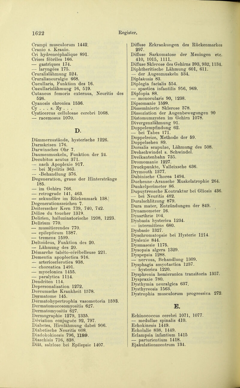 Crampi musculorum 1442. Cranio s. Kranio. Cri hydrencephalique 891. Crises febriles 166. — gastriques 174. —- laryngees 175. Oruralislähmung 524. Oruralisneuralgie 668. Cucullaris, Funktion des 16. Cucullarislähmung 16, 519. Outaneus femoris externus, Neuritis des 526. Cyanosis chronica 1536. Cy . . . s. Zy . . . Cysticercus cellulosae cerebri 1068. — racemosus 1070. D. Dämmerzustände, hysterische ]226. Darmkrisen 176. Darwinsches Ohr 7. Daumenmuskeln, Funktion der 24. Decubitus acutus 371. — nach Apoplexie 917. — bei Myelitis 363. Behandlung 376. Degeneration, graue der Hinterstränge 185. — im Gehirn 766. — retrograde 141, 463. — sekundäre im Rückenmark 138.] Degenerationszeichen 7. Deitersscher Kern 739, 740, 742. Delire du toucher 1319. Delirien, halluzinatorische 1208, 1223. Delirium 770. — mussitierendes 770. —■ epilepticum 1387. — tremens 1599. Deltoideus, Funktion des 20. — Lähmung des 20. Demarche tabeto-cerebelleuse 221. Dementia apoplectica 916. — arteriosclerotica 938, — choreatica 1491. — myoclonica 1455. — paralytica 1114. Dendriten 114. Depersonalisation 1272. Dercumsche Krankheit 1578. Dermatome 145. Dermatohypertrophia vasomotoria 1593. Dermatomucosomyositis 627. Dermatomyositis 627. Dermographie 1279, 1335. Deviation conjuguee 92, 797. Diabetes, Hirnlähmung dabei 906. Diabetische Neuritis 608. Diadokokinesis 796, 1189. Diaschisis 716, 838. Diät, salzlose bei Epilepsie 1407. Diffuse Erkrankungen des Rückenmarkes 297. Diffuse Sarkomatose der Meningen etc. 410, 1015, 1111. Diffuse Sklerose des Gehirns 393, 932,1134. Diphtherische Lähmung 601, 611. — der Augenmuskeln 534. Diplakusis 83. Diplegia facialis 554. — spastica infantilis 956, 969. Diplopia 88. — .monocularis 90, 1238. Dipsomanie 1599. Disseminierte Sklerose 378. Dissoziation der Augenbewegungen 90 Distomumzysten im Gehirn 1078. Divergenzlähmung 91. Doppelempfindung 62. — bei Tabes 171. Doppelreize, Methode der 59. Doppelsehen 89. Dorsalis scapulae, Lähmung des 508. Drehschwindel s. Schwindel. Dreikantenbahn 735. Dromomanie 1227. Druckpunkte, Valleixsche 636. Drymouth 1377. Dubinische Chorea 1494. Duchenne-Aransche Muskelatrophie 264. Dunkelperimeter 86. Dupuytrensche Kontraktur bei Gliosis 436. — bei Neuritis 482. Duralschlitzung 879. Dura mater, Entzündungen der 849. Dynamometer 16. Dysarthrie 104. Dysbasia hysterica 1234. — intermittens 680. Dysbasie 1327. Dyschromatopsie bei Hysterie 1214. Dyslexie 844. Dysmasesie 1175. Dysopsia algera 1329. Dyspepsia 1288. — nervosa, Behandlung 1309. Dysphagia amyotactica 1237. — hysterica 1220. Dysphrenia hemicranica transitoria 1357. Dyspraxie 780. Dysthymia neuralgica 637. Dysthyreosis 1563. Dystrophia musculorum progressiva 272. E. Echinococcus cerebri 1071, 1077. — medullae spinalis 410. Echokinesis 1449. Echolalie 838? 1449. Eclampsia infantium 1415 — parturientium 1418. Ejakulationszentrum 134.