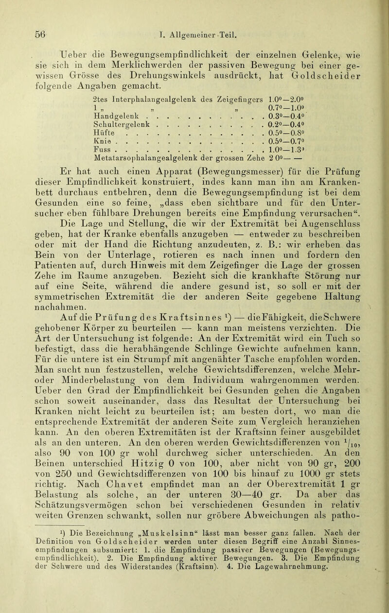 lieber die Bewegungsempfindlicbkeit der einzelnen Gelenke, wie sie sich in dem Merklichwerden der passiven Bewegung bei einer ge- wissen Grösse des Drehungswinkels ausdrückt, hat Goldscheider folgende Angaben gemacht. 2tes Interphalangealgelenk des Zeigefingers 1.0°—2.0o 1 „ „ „ O.70-I.O0 Handgelenk 0,3®—0.4® Scliultergelenk 0.2®—0.4® Hüfte 0.50-0.8® Knie 0.5®—0.7® Fuss 1.0®—1.3® Metatarsophalangealgelenk der grossen Zehe 2 0® Er hat auch einen Apparat (Bewegungsmesser) für die Prüfung dieser Empfindlichkeit konstruiert, indes kann man ihn am Kranken- bett durchaus entbehren, denn die Bewegungsempfindung ist bei dem Gesunden eine so feine, „dass eben sichtbare und für den. Unter- sucher eben fühlbare Drehungen bereits eine Empfindung verursachen“. Die Lage und Stellung, die wir der Extremität bei Augenschluss geben, hat der Kranke ebenfalls anzugeben — entweder zu beschreiben oder mit der Hand die Richtung anzudeuten, z. B.: wir erheben das Bein von der Unterlage, rotieren es nach innen und fordern den Patienten auf, durch Hinweis mit dem Zeigefinger die Lage der grossen Zehe im Raume anzugeben. Bezieht sich die krankhafte Störung nur auf eine Seite, während die andere gesund ist, so soll er mit der symmetrischen Extremität die der anderen Seite gegebene Haltung nachahmen. Auf die Prüfung des Kraftsinnes — dieFähigkeit, dieSchwere gehobener Körper zu beurteilen — kann man meistens verzichten. Die Art der Untersuchung ist folgende: An der Extremität wird ein Tuch so befestigt, dass die herabhängende Schlinge Gewichte aufnehmen kann. Für die untere ist ein Strumpf mit angenähter Tasche empfohlen worden. Man sucht nun festzustellen, welche Gewichtsdifferenzen, welche Mehr- oder Minderbelastung von dem Individuum wahrgenommen werden. Ueber den Grad der Empfindlichkeit bei Gesunden gehen die Angaben schon soweit auseinander, dass das Resultat der Untersuchung bei Kranken nicht leicht zu beurteilen ist; am besten dort, wo man die entsprechende Extremität der anderen Seite zum, Vergleich heranziehen kann. An den oberen Extremitäten ist der Kraftsinn feiner ausgebildet als an den unteren. An den oberen werden Gewichtsdifferenzen von Vio, also 90 von 100 gr wohl durchweg sicher unterschieden. An den Beinen unterschied Hitzig 0 von 100, aber nicht von 90 gr, 200 von 250 und Gewichtsdifferenzen von 100 bis hinauf zu 1000 gr stets richtig. Nach Chavet empfindet man an der Oberextremität 1 gr Belastung als solche, an der unteren 30—40 gr. Da aber das Schätzungsvermögen schon bei verschiedenen Gesunden in relativ weiten Grenzen schwankt, sollen nur gröbere Abweichungen als patho- 1) Die Bezeichnung „Muskelsinn“ lässt man besser ganz fallen. Nach der Definition von Goldscheider werden unter diesen Begriff eine Anzahl Sinnes- empfindungen subsumiert: 1. die Empfindung passiver Bewegungen (Bewegungs- empfindlichkeit). 2. Die Empfindung aktiver Bewegungen. 3. Die Empfindung der Schwere und des Widerstandes (Kraftsinn). 4. Die Lage Wahrnehmung.