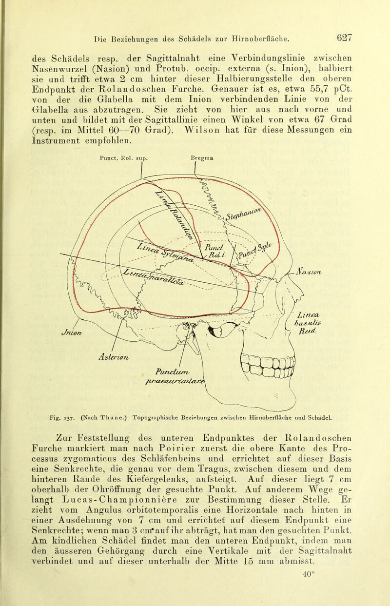 des Schädels resp. der Sagittalnaht eine Verbindungslinie zwischen Nasenwurzel (Nasion) und Protub. occip. externa (s. Inion), halbiert sie und trifft etwa 2 cm hinter dieser Halbierungsstelle den oberen Endpunkt der Rolandosehen Furche. Genauer ist es, etwa 55,7 pCt. von der die Glabella mit dem Inion verbindenden Linie von der Glabella aus abzutragen. Sie zieht von hier aus nach vorne und unten und bildet mit der Sagittallinie einen Winkel von etwa 67 Grad (resp. im Mittel 60—70 Grad). Wilson hat für diese Messungen ein Instrument empfohlen. Fig. 237. (Nach Thane.) Topographische Beziehungen zwischen Hirnoberfläche und Schädel. Zur Feststellung des unteren Endpunktes der Rolandoschen Furche markiert man nach Poirier zuerst die obere Kante des Pro- cessus zygomaticus des Schläfenbeins und errichtet auf dieser Basis eine Senkrechte, die genau vor dem Tragus, zwischen diesem und dem hinteren Rande des Kiefergelenks, aufsteigt. Auf dieser liegt 7 cm oberhalb der Ohröffnung der gesuchte Punkt. Auf anderem Wege ge- langt Lucas-Championniere zur Bestimmung dieser Stelle. Er zieht vom Angulus orbitotemporalis eine Horizontale nach hinten in einer Ausdehnung von 7 cm und errichtet auf diesem Endpunkt eine Senkrechte; wenn man 3 cm*auf ihr abträgt, hat man den gesuchten Punkt. Am kindlichen Schädel findet man den unteren Endpunkt, indem man den äusseren Gehörgang durch eine Vertikale mit der Sagittalnaht verbindet und auf dieser unterhalb der Mitte 15 mm abmisst. 40*