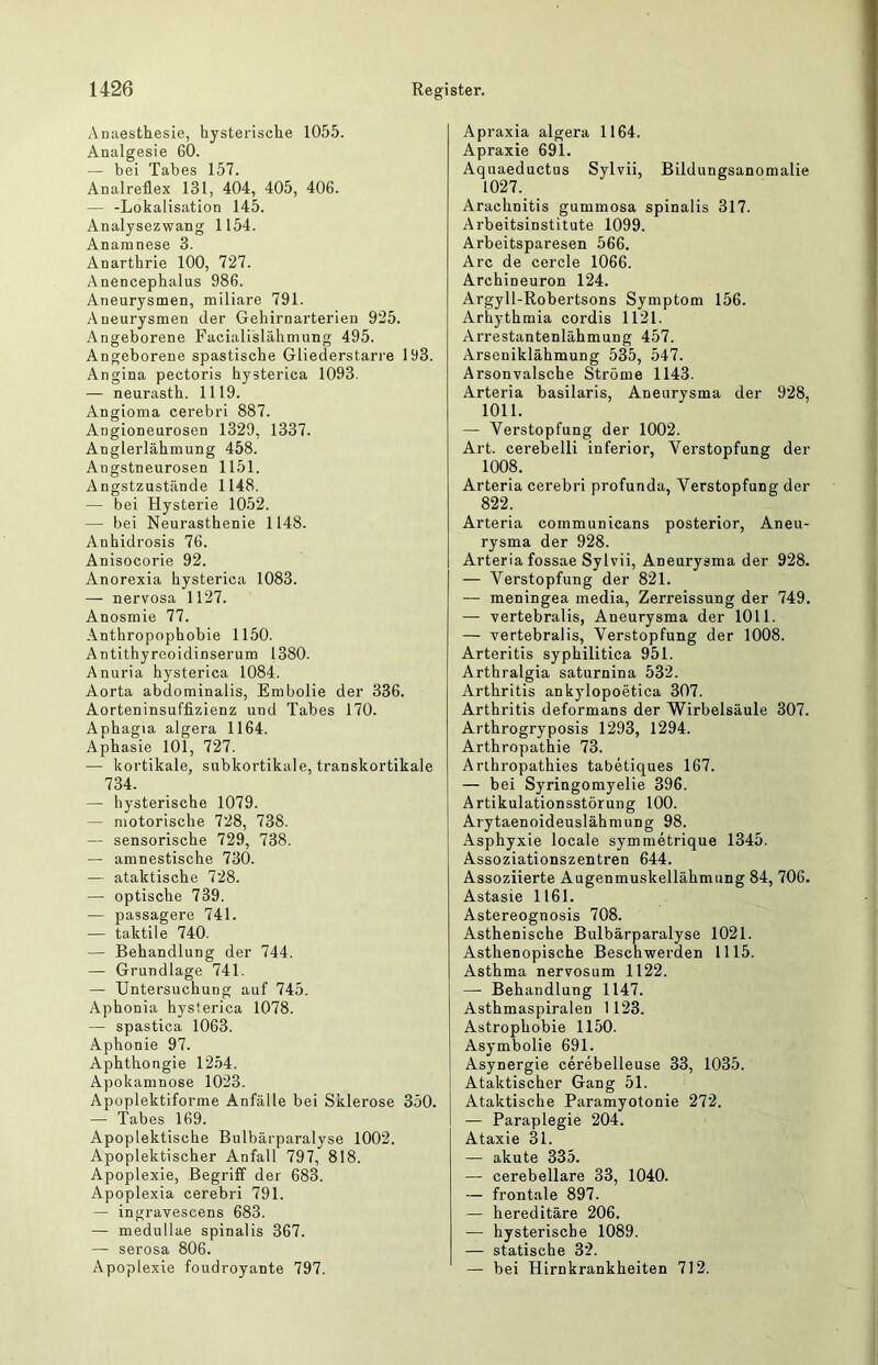 Anaesthesie, hysterische 1055. Analgesie 60. — bei Tabes 157. Analreflex 131, 404, 405, 406. — -Lokalisation 145. Analysezwang 1154. Anamnese 3. Anarthrie 100, 727. Anencephalus 986. Aneurysmen, miliare 791. Aneurysmen der Gehirnarterien 925. Angeborene Facialislähmung 495. Angeborene spastische Gliederstarre 193. Angina pectoris hysterica 1093. — neurasth. 1119. Angioma cerebri 887. Angioneurosen 1329, 1337. Anglerlähmung 458. Angstneurosen 1151. Angstzustände 1148. — bei Hysterie 1052. —■ bei Neurasthenie 1148. Anhidrosis 76. Anisocorie 92. Anorexia hysterica 1083. — nervosa 1127. Anosmie 77. Anthropophobie 1150. Antithyreoidinserum 1380. Anuria hysterica 1084. Aorta abdominalis, Embolie der 336. Aorteninsuffizienz und Tabes 170. Aphagia algera 1164. Aphasie 101, 727. — kortikale, subkortikale, transkortikale 734. — hysterische 1079. — motorische 728, 738. — sensorische 729, 738. — amnestische 730. — ataktische 728. — optische 739. — passagere 741. — taktile 740. — Behandlung der 744. — Grundlage 741. — Untersuchung auf 745. Aphonia hysterica 1078. — spastica 1063. Aphonie 97. Aphthongie 1254. Apokamnose 1023. Apoplektiforme Anfälle bei Sklerose 350. — Tabes 169. Apoplektische Bulbärparalyse 1002. Apoplektischer Anfall 797, 818. Apoplexie, Begriff der 683. Apoplexia cerebri 791. — ingravescens 683. — medullae spinalis 367. — serosa 806. Apoplexie foudroyante 797. Apraxia algera 1164. Apraxie 691. Aquaeductus Sylvii, Bildungsanomalie 1027. Arachnitis gummosa spinalis 317. Arbeitsinstitute 1099. Arbeitsparesen 566. Are de cercle 1066. Archineuron 124. Argyll-Robertsons Symptom 156. Arhythmia cordis 1121. Arrestantenlähmung 457. Arseniklähmung 535, 547. Arsonvalsche Ströme 1143. Arteria basilaris, Aneurysma der 928, 1011. — Verstopfung der 1002. Art. cerebelli inferior, Verstopfung der 1008. Arteria cerebri profunda, Verstopfung der 822. Arteria communicans posterior, Aneu- rysma der 928. Arteria fossae Sylvii, Aneurysma der 928. — Verstopfung der 821. — meningea media, Zerreissung der 749. — vertebralis, Aneurysma der 1011. — vertebralis, Verstopfung der 1008. Arteritis syphilitica 951. Arthralgia saturnina 532. Arthritis ankylopoetica 307. Arthritis deformans der Wirbelsäule 307. Arthrogryposis 1293, 1294. Arthropathie 73. Arihropathies tabetiques 167. — bei Syringomyelie 396. Artikulationsstörung 100. Arytaenoideuslähmung 98. Asphyxie locale symmetrique 1345. Assoziationszentren 644. Assoziierte Augenmuskellähmung 84, 706. Astasie 1161. Astereognosis 708. Asthenische Bulbärparalyse 1021. Asthenopische Beschwerden 1115. Asthma nervosum 1122. — Behandlung 1147. Asthmaspiralen 1123. Astrophobie 1150. Asymbolie 691. Asynergie cerebelleuse 33, 1035. Ataktischer Gang 51. Ataktische Paramyotonie 272. — Paraplegie 204. Ataxie 31. — akute 335. — cerebellare 33, 1040. — frontale 897. — hereditäre 206. — hysterische 1089. — statische 32. — bei Hirnkrankheiten 712.