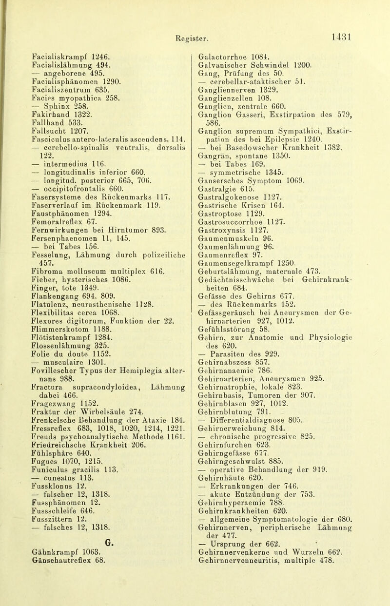 Facialiskrampf 1246. Facialislähmung 494. — angeborene 495. Facialisphänoinen 1290. Facialiszentrum 635. Facies myopathica 258. — Sphinx 258. Fakirhand 1322. Fallhand 533. Fallsucht 1207. Fasciculus antero-lateralis ascendens. 114. — cerebello-spinalis ventralis, dorsalis 122. — interraediiis 116. — longitudinalis inferior 660. — longitud. posterior 665, 706. — occipitofrontalis 660. Fasersysteme des Rückenmarks 117. Faserverlauf im Rückenmark 119. Faustphänomen 1294. Femoralreflex 67. Fernwirkungen bei Hirntumor 893. Fersenphaenomen 11, 145. — bei Tabes 156. Fesselung, Lähmung durch polizeiliche 457. Fibroma molluscum multiplex 616. Fieber, hysterisches 1086. Finger, tote 1349. Flankengang 694, 809. Flatulenz, neurasthenische 1128. Flexibilitas cerea 1068. Flexores digitorum, Funktion der 22. Flimmerskotom 1188. Flötistenkrampf 1284. Flossenlähmung 325. Folie du doute 1152. — musculaire 1301. Fovillescher Typus der Hemiplegia alter- nans 988. Fractura supracondyloidea, Lähmung dabei 466. Fragezwang 1152. Fraktur der Wirbelsäule 274. Frenkelsche Behandlung der Ataxie 184. Fressreflex 683, 1018, 1020, 1214, 1221. Freuds psychoanalytische Methode 1161. Friedreichsche Krankheit 206. Fühlsphäre 640. Fugues 1070, 1215. Funiculus gracilis 113. — cuneatus 113. Fussklonus 12. — falscher 12, 1318. Fussphänomen 12. Fussschleife 646. Fusszittern 12. — falsches 12, 1318. G. Gähnkrampf 1063. Gänsehautreflex 68. Galactorrhoe 1084. Galvanischer Schwindel 1200. Gang, Prüfung des 50. — cerebellar-ataktischer 51. Gangliennerven 1329. Ganglienzellen 108. Ganglien, zentrale 660. Ganglion Gasseri, Exstirpation des 579, 586. Ganglion siipremum Sympathici, Exstir- pation des bei Epilepsie 1240. — bei Basedowscher Krankheit 1382. Gangrän, spontane 1350. — bei Tabes 169. — symmetrische 1345. Gansersches Symptom 1069. Gastralgie 615. Gastralgokenose 1127. Gastrische Krisen 164. Gastroptose 1129. Gastrosuccorrhoe 1127. Gastroxynsis 1127. Gaumenmuskeln 96. Gaumenlähmung 96. Gaumenreflex 97. Gaumensegelkrampf 1250. Geburtslähmung, materuale 473. Gedächtnisschwäche bei Gehirnkrank- heiten 684. Gefässe des Gehirns 677. — des Rückenmarks 152. Gefässgeräusch bei Aneurysmen der Gc- hirnarterien 927, 1012. Gefühlsstörung 58. Gehirn, zur Anatomie und Physiologie des 620. — Parasiten des 929. Gehirnabszess 857. Gehirnanaemie 786. Gehirnarterien, Aneurysmen 925. Gehirnatrophie, lokale 823. Gehirnbasis, Tumoren der 907. Gehirnblasen 927, 1012. Gehirnblutung 791. — Differentialdiagnose 805. Gehirnerweichung 814. — chronische progressive 825. Gehirnfurchen 623. Gehirngefässe 677. Gehirngeschwulst 885. — operative Behandlung der 919. Gehirnhäute 620. — Erkrankungen der 746. — akute Entzündung der 753. Gehirnhyperaemie 788. Gehirnkrankhelten 620. — allgemeine Symptomatologie der 680. Gehirnnerven, peripherische Lähmung der 477. — Ursprung der 662. ’ Gehirnnervenkerne und Wurzeln 662. Gehirnnervenneuritis, multiple 478.