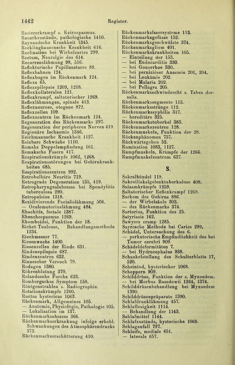 Rasiererkrampf s. Keirospasmus. Rauschzustände, pathologische 1410. Raynaudsche Krankheit 1345. Recklinghausensche Krankheit 616. Reclination hei Wirbelcaries 299. Rectum, Neuralgie des 614. Recurrenslähmung 98, 516. Reflektorische Pupillenstarre 89. Reflexbahnen 124. Reflexbogen im Rückenmai’k 124. Reflexepilepsie 1209,. 1218. Reflexkollateralen 121. Reflexkrampf, saltatorischer 1269. Reflexlähmungen, spinale 413. Reflexneurose, otogene 872. Reflexzellen 109. Reflexzentren im Rückenmark 124. Regeneration des Rückenmarks 297. Regeneration der peripheren Nerven 419. Regionäre Ischaemie 1346. Reichmannsche Krankheit 1127. Reizbare Schwäche 1110. Remaks Doppelempfindung 161. Remaksche Fasern 417. Respirationskrämpfe 1062, 1268. Respirationsstörungen bei Gehirnkrank- heiten 685. Respirationszentren 992. Retrobulbäre Neuritis 719, Retrograde Degeneration 135, 419. Retropharyngealabszess bei Spondylitis tuberculosa 290. Retropulsion 1318. Rezidivierende Facialislähmung 504. — Oculomotoriuslähmung 484. Rhachitis, foetale 1387. Rhenchospasmus 1269. Rhomboidei, Funktion der 18. Riebet-Toulouse, Behandlungsmethode 1234. Riechmesser 77. Riesenwuchs 1400. Riesenzellen der Rinde 631. Rindenepilepsie 687. Rindenzentren 632. Rinnescher Versuch 79. Rodagen 1380. Röhrenblutung 370. Rolandosche Furche 623. Rombergsches Symptom 158. Röntgenstrahlen s. Radiographie. Rotationskrämpfe 1260. Ructus hystericus 1063. Rückenmark, Allgemeines 105. — Anatomie, Physiologie, Pathologie 105. — Lokalisation im 137. Rückenmarksabszess 366. Rückenmarkserkrankung infolge erhebl. Schwankungen des Atmosphärendrucks 373. Rückenraarkserschütterung 410. Rückenmarksfasersysteme 113. Rückenmarksgefässe 152. Rückenmarksgeschwülste 374. Rückenmarksgliom 401. Rückenmarkskrankheiten 105. — Einteilung der 153. — bei Endocarditis 330. — bei Gonorrhoe 330. — bei perniziöser Anaemie 201, 204. — bei Leukämie 202. — bei Malaria 202. — bei Pellagra 205. Rückenmarksschwindsucht s. Tabes dor- salis. Rückenmarkssegmente 113. Rückenmarksstränge 112. Rückenmarkssyphilis 317. — hereditäre 325. Rückenmarkstuberkel 383. Rückenmarkszentren 128. Rückenmuskeln, Funktion der 28. Rückenphänomen 757. Rückwärtsgehen 52. Rumination 1083, 1127. Rumpfmuskeln, Krämpfe der 1266. Rumpfmuskelzentrum 637. s. Sakralbündel 119. Sakroiliakalgelenktuberkulose 408. Salaamkrämpfe 1259. Saltatorischer Reflexkrampf 1269. Sarkom des Gehirns 886. — der Wirbelsäule 303. — des Rückenmarks 374. Sartorius, Funktion des 25. Satyriasis 162. Sawyers cramp 1285. Sayresche Methode bei Caries 299. Schädel, Untersuchung des 6. — perkutorische Empfindlichkeit des bei Tumor cerebri 909. Schädeldeformitäten 7. — bei Hydrocephalus 938. Schaukelstellung des Schulterblatts 17, 520. Scheintod, hysterischer 1068. Scheppern 909. Schilddrüse, Funktion der s. Myxoedem. — bei Morbus Basedowii 1364, 1374. Schilddrüsenbehandlung bei Myxoedem 1390. Schilddrüsenpräparate 1390. Schlafdrucklähmung 457. Schlaflosigkeit 1114. — Behandlung der 1143. Schlafmittel 1144. Schlafzustände, hysterische 1068. Schlaganfall 797. Schleife, mediale 651. — laterale 657.