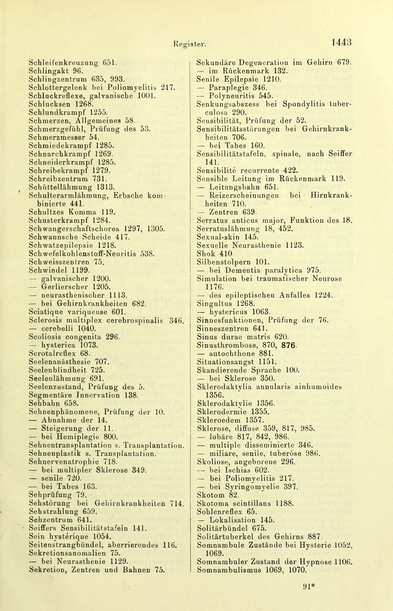 Schleifenkreuzung 651. Schlingakt 96. Schlingzentrum 635, 993. Schlottergelenk bei Poliomyelitis 217. Schluckreflexe, galvanische 1001. Schlucksen 1268. Schlundkrampf 1255. Schmerzen, Allgemeines 58. Schmerzgefühl, Prüfung des 53. Schmerzmesser 54. Schmiedekrampf 1285. Schnarchkrampf 1269. Schneiderkrampf 1285. Schreibekrampf 1279. Schreibzentrum 731. Schüttellähmung 1313. Schulterarmlähmung, Erbsche kom- binierte 441. Schnitzes Komma 119. Schusterkrampf 1284. Schwangerschaftschorea 1297, 1305. Schwannsche Scheide 417. Schwatzepilepsie 1218. Schwefelkohlenstoff-Neuritis 538. Schweisszentren 75. Schwindel 1199. — galvanischer 1200. — Gerlierscher 1205. — neurasthenischer 1113. — bei Gehirnkrankheiten 682. Sciatique variqueuse 601. Sclerosis multiplex cerebrospinalis 346. — cerebelli 1040. Scoliosis congenita 296. — hysterica 1073. Scrotalreflex 68. Seelenanästhesie 707. Seelenblindheit 725. Seelenlähmung 691. SeelenzHstand, Prüfung des 5. Segmentäre Innervation 138. Sehbahn 658. .Sehnenphänomene, Prüfung der 10. — Abnahme der 14. — Steigerung der 11. — bei Hemiplegie 800. Sehnentransplantation s. Transplantation. Sehnenplastik s. Transplantation. Sehnervenatrophie 718. — bei multipler Sklerose 349. — senile 720. — bei Tabes 163. Sehprüfung 79. Sehstörung bei Gehirnkrankheiten 714. Sehstrahlung 659. Sehzentrum 641. Seiffers Sensibilitätstafeln 141. Sein hysterique 1054. Seitenstrangbündel, aberrierendes 116. Sekretionsanomalien 75. — bei Neurasthenie 1129. Sekretion, Zentren und Bahnen 75. Sekundäre Degeneration im Gehirn 679. — im Rückenmark 132. Senile Epilepsie 1210. — Paraplegie 346. — Polyneuritis 545. Senkungsabszess bei Spondylitis tuber- culosa 290. Sensibilität, Prüfung der 52. Sensibilitätsstörungen bei Gehirnkrank- heiten 706. — bei Tabes 160. Sensibilitätstafeln, spinale, nach Seiffer 141. Sensibilite recurrente 422. Sensible Leitung im Rückenmark 119. — Leitungsbahn 651. — Reizerscheinungen bei Hirnkrank- heiten 710. — Zentren 639. Serratus anticus major, Funktion des 18. Serratuslähmung 18, 452. Sexual-skin 145. Sexuelle Neurasthenie 1123. Shok 410 Silbenstolpern 101. — bei Dementia paralytiea 975. Simulation bei traumatischer Neurose 1176. — des epileptischeu Anfalles 1224. Singultus 1268. — hystericus 1063. Sinnesfunktionen, Prüfung der 76. Sinneszentren 641. Sinus durae matris 620. Sinusthrombose, 870, 876- — autochthone 881. Situationsangst 1151. Skandierende Sprache lOO. — bei Sklerose 350. Sklerodaktylia annularis ainhumoides 1356. Sklerodaktylie 1356. Sklerodermie 1355. Skleroedein 1357. Sklerose, diffuse 359, 817, 985. — lobäre 817, 842, 986. — multiple disseminierte 346. — miliare, senile, tuberöse 986. Skoliose, angeborene 296. — bei Ischias 602. — bei Poliomyelitis 217. — bei Syringomyelie 397. Skotom 82. Skotoma scintillans 1188. Sohlenreflex 65. — Lokalisation 145. Solitärbündel 675. Solitärtuberkel des Gehirns 887. Somnambule Zustände bei Hysterie 1052, 1069. Somnambuler Zustand der Hypnose 1106. Somnambulismus 1069, 1070. 91*