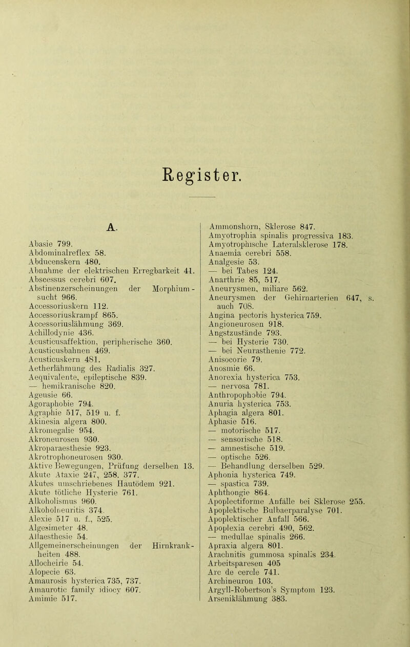 Register. A. Abasie 799. Abdominalreflex 58. Abducenskem 480. Abnahme der elektrischen Erregbarkeit 41. Abscessus cerebri 607. Abstinenzerscheinungen der Morphium - sucht 966. Acoessoriuskern 112. Acoessoriuskrampf 865. Accessoriuslähmung 369. Achillodynie 436. Acusticusaffektion, peripherische 360. Acusticusbahnen 469. Acusticuskern 481. Aetherlähmung des Radialis 327. Aequivalente, epileptische 839. — hemikranische 820. Ageusie 66. Agoraphobie 794. Agraphie 517, 519 u. f. Akinesia algera 800. Akromegalie 954. Akroneurosen 930. Akroparaesthesie 923. Akrotrophoneurosen 930. Aktive Bewegungen, Prüfung derselben 13. Akute Ataxie 247, 258. 377. Akutes umschriebenes Hautödem 921. Akute tötliche Hysterie 761. Alkoholismus 960. Alkoholneuritis 374. Alexie 517 u. f., 525. Algesimeter 48. Allaesthesie 54. Allgemeinerscheinuugen der Hirnkrank- heiten 488. Allocheirie 54. Alopecie 63. Amaurosis hysterica 735, 737. Amaurotic familv idiocy 607. Amimie 517. Ammonshorn, Sklerose 847. Amyotrophia spinalis progressiva 183. Amyotrophische Lateralsklerose 178. Anaemia cerebri 558. Analgesie 53. — bei Tabes 124. Anarthrie 85, 517. Aneurysmen, miliare 562. Aneurysmen der Gehirnarterien 647, s. auch 708. Angina pectoris hysterica 759. Angioneurosen 918. Angstzustände 793. —- bei Hysterie 730. — bei Neurasthenie 772. Anisocorie 79. Anosmie 66. Anorexia hysterica 753. — nervosa 781. Anthropophobie 794. Anuria hysterica 753. Aphagia algera 801. Aphasie 516. — motorische 517. — sensorische 518. — amnestische 519. — optische 526. — Behandlung derselben 529. Aphonia hysterica 749. — spastica 739. Aphthongie 864. Apoplectiforme Anfälle bei Sklerose 255. Apoplektische Bulbaerparalyse 701. Apoplektischer Anfall 566. Apoplexia cerebri 490, 562. — medullae spinalis 266. Apraxia algera 801. Araclinitis gummosa spinalis 234. Arbeitsparesen 405 Are de cercle 741. Archineuron 103. Argyll-Robertson’s Symptom 123. Arseniklähmung 383.