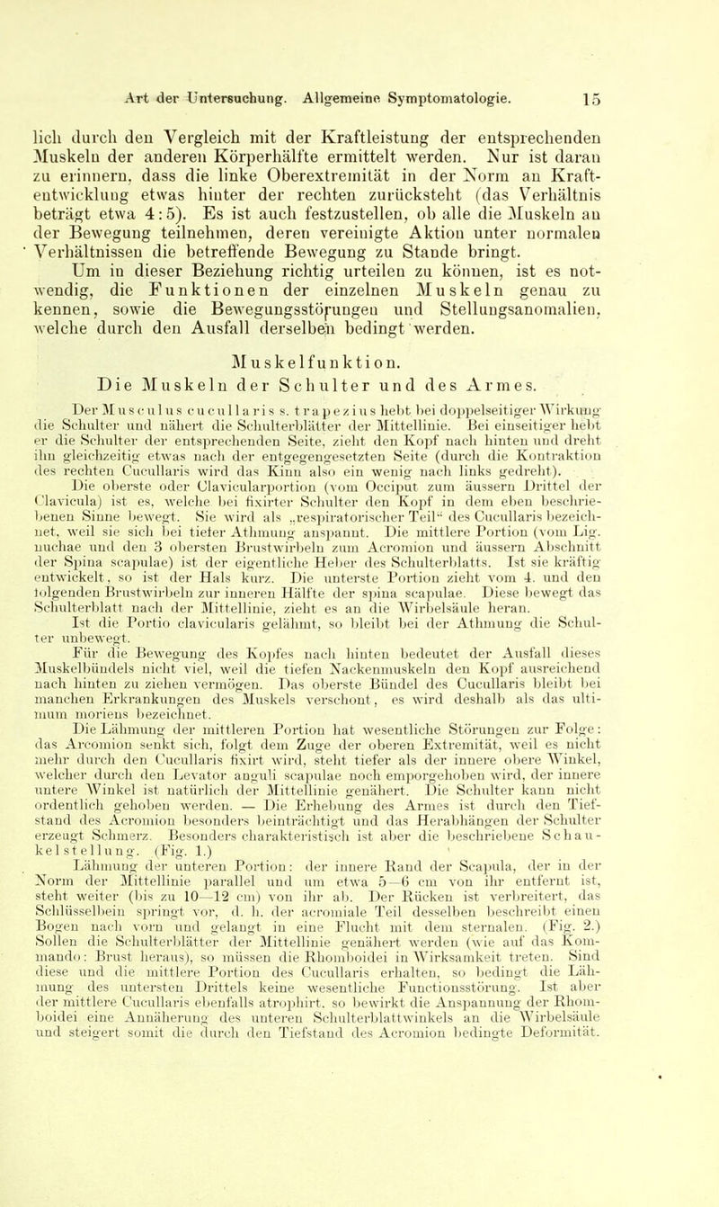lieh durch den Vergleich mit der Kraftleistung der entsijrechendeu Muskeln der anderen Körperhälfte ermittelt werden. Nur ist daran zu erinnern, dass die linke Oberextremität in der Norm an Kraft- entwickluug etwas hinter der rechten zurücksteht (das Verhältnis beträgt etwa 4:5). Es ist auch festzustellen, ob alle die Muskeln au der Bewegung teilnehmen, deren vereinigte Aktion unter normalen Verhältnissen die betreft'ende Bewegung zu Stande bringt. Um in dieser Beziehung richtig urteilen zu können, ist es not- Avendig, die Funktionen der einzelnen Muskeln genau zu kennen, sowie die Bewegungsstöfungea und Stellungsanomalien; welche durch den Ausfall derselben bedingt werden. Muskelfunktion. Die Muskeln der Schulter und des Armes. Der M us c iil u s cu cn 11 a ri s s. t r a p e z i us hellt bei doppelseitiger Wirkivug' die Schulter und nähert die Schulterblätter der Mittellinie. Bei einseitiger hebt er die Schulter der entsprechenden Seite, zieht den Kopf nach hinten und dreht ihn gleichzeitig etwas nach der entgegengesetzten Seite (durch die Kontraktion des rechten Cucullaris wird das Kinn also ein wenig nach links gedreht). Die oberste oder Clavicularportion (vom OcciiJut zum äussern Drittel der Clavicula) ist es, welche bei fixirter Schulter den Kopf in dem eben beschrie- benen Sinne bewegt. Sie wird als „respiratorischer Teil des Cucullaris bezeich- net, weil sie sich i)ei tieier Athmuug anspannt. Die mittlere Portion (vom Lig. nuchae und den 3 obersten Brustwirbeln zum Acroinion und äussern Al)schnitt der Spina scapulae) ist der eigentliche Heber des Schulterldatts. Ist sie kräftig- entwickelt, so ist der Hals kurz. Die unterste Portion zieht vom 4. und den lolgenden Brustwirbeln zur inneren Hälfte der sjnna scaindae. Diese bewegt das Schidterblatt nach der Mittellinie, zieht es an die Wirbelsäule heran. Ist die Portio clavicularis gelähmt, so bleibt bei der Athmung die Schul- ter unbewegt. Für die Bewegung des Kopfes nach hinten bedeutet der Ausfall dieses 3Iuskelbündels nicht viel, weil die tiefen Nackenmuskeln den Kopf ausreichend nach hinten zu ziehen vermögen. Das oberste Bündel des Cucullaris bleibt bei manchen Erkrankungen des Muskels verschont, es wird deshalb als das ulti- mum moriens bezeichnet. Die Lähmung der mittleren Portion hat wesentliche Störungen zur Folge: das Arcomion senkt sich, folgt dem Zuge der oberen Extremität, weil es nicht mehr durch den Cucullaris tixirt wird, steht tiefer als der innere obere Winkel, welcher dm-cli den Levator anguli scapulae noch emporgehoben wird, der innere untere Winkel ist natürlich der Mittellinie genähert. Die Schulter kann nicht ordentlich gehoben werden. — Die Erhebung des Armes ist durch den Tief- stand des Acromion besonders beinträchtigt und das Herabhängen der Schulter erzeugt Schmerz. Besonders charakteristiscli ist aber die beschriebene Schau- kel Stellung. (Fig. 1.) Lähmung der unteren Portion: der innere Kand der Scapula, der in der Norm der Mittellinie j^arallel und um etwa 5—6 cm von ihr entfernt ist, steht weiter (Ijis zu 10—12 cm) von ihr ab. Der Rücken ist verijreitert, das Schlüsselljein springt vor, d. h. der acromiale Teil desselben beschreibt einen Bogen nach vorn und gelangt in eine Flucht mit dem sternaleu. (Fig. 2.) Sollen die Schulterlilätter der Mittellinie genähert werden (wie auf das Kom- mando : Brust heraus), so müssen die Rhomboidei in Wirksamkeit treten. Sind diese und die mittlere Portion des Cucullaris erhalten, so bedingt die Läh- mung des untersten Drittels keine wesentliche Functionsstörung. Ist aber der mittlere Cucullaris ebenfalls atroxdiirt. so bewirkt die Anspannung der Rhom- boidei eine Annäherung des unteren Schulterblattwinkels an die Wirbelsäule und steigert somit die durch den Tiefstand des Acromion bedingte Deformität.