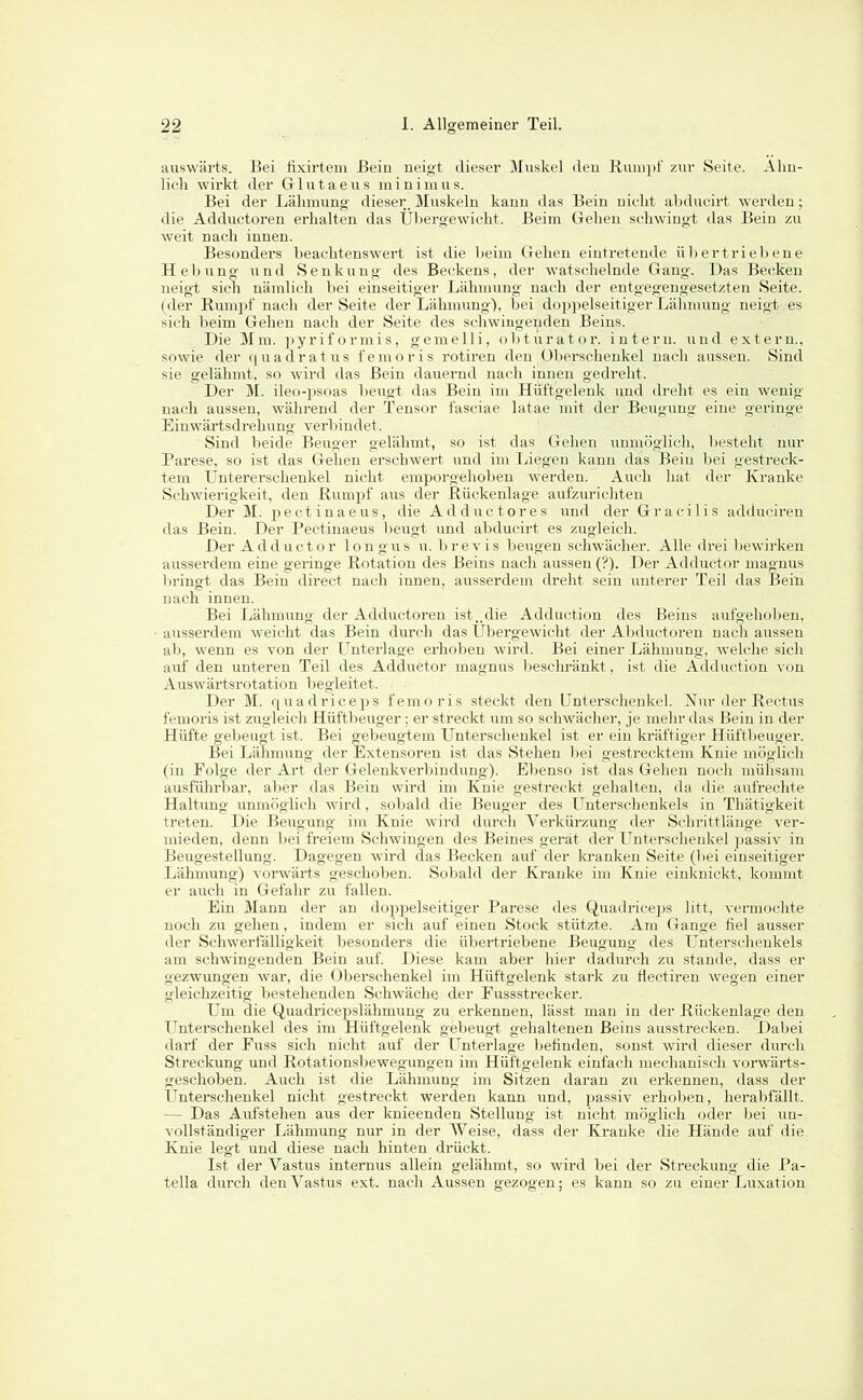 auswärts. Bei fixirteui Bein neigt dieser Muskel den Rumpf zur Seite. Alm- licli wirkt der Glutaeus minimus. Bei der Lähmung dieser. Muskeln kann das Bein nicht abdueirt werden; die Adductoreu erhalten das Üliergewicht. Beim Grehen schwingt das Bein zu weit nach innen. Besonders beachtenswert ist die beim Gehen eintretende ül) er trieb ene Hebung und Senkung des Beckens, der watschelnde Gang. Das Becken neigt sich nämlich bei einseitiger Lähmung nach der entgegengesetzten Seite, (der Rumpf nach der Seite der Lähmung), bei doppelseitiger Lähmung neigt es sich beim Gehen nach der Seite des schwingenden Beins. Die Mm. pyriformis, gemelli, obturator. intern, und extern., sowie der (j u a d r a t u s f e m o r i s rotiren den Oberschenkel nach aussen. Sind sie gelähmt, so wird das Bein dauernd nach innen gedreht. Der M. ileo-i)soas beugt das Bein im Hüftgelenk imd dreht es ein wenig nach aussen, während der Tensor fasciae latae mit der Beugung eine geringe Eiuwärtsdrehung verbindet. Sind beide Beuger gelähmt, so ist das Gehen unmöglich, besteht nur Parese, so ist das Gehen erschwert und im Liegen kann das Bein bei gestreck- tem Untererschenkel nicht emporgehoben werden. Auch hat der Kranke Schwierigkeit, den Rum^jf aus der Rückenlage aufzurichten Der M. pectinaeus, die Adductores und der Gracilis adiiuciren das Bein. Der Pectinaeus Ijeugt und abdueirt es zugleich. Der Adductor longus u. brevis beugen schwächer. Alle drei bewirken aussei'dem eine geringe Rotation des Beins nach aussen (?). Der Adductor magnus bringt das Bein direct nach innen, ausserdem dreht sein unterer Teil das Beiti nach innen. Bei Lähmung der Adductoren ist..die Adduction des Beins aufgehoben, ausserdem weicht das Bein durch das Ubergewicht der Abductoren nach aussen ab, wenn es von der Unterlage erhoben wird. Bei einer Lähmung, welche sich auf den unteren Teil des Adductor magnus beschränkt, ist die Adduction von Auswärtsrotation begleitet. Der M. quadriceps femoris steckt den Unterschenkel. Nur der Rectus femoris ist zugleich Hüftbeuger; er streckt um so schwächer, .je mehr das Bein in der Hüfte gebengt ist. Bei gebeugtem Unterschenkel ist er ein kräftiger Hüftbeuger. Bei Lähmung der Extensoren ist das Stehen l)ei gestrecktem Knie möglich (in Folge der Art der Gelenkverbindung). Ebenso ist das Gehen noch mülisam ausführbar, aber das Bein wird im Knie gestreckt gehalten, da die aufrechte Haltung unmöglich wird, sobald die Beuger des Unterschenkels in Thätigkeit treten. Die Beugung im Knie wird durch Verkürzung der Schrittlänge ver- mieden, denn bei freiem Schwingen des Beines gerät der Unterschenkel passiv in Beugestellung. Dagegen wird das Becken auf der kranken Seite (bei einseitiger Lähmung) vorwärts geschoben. Sobald der Kranke im Knie einknickt, kommt er auch in Gefahr zu fallen. Ein Mann der an dopi^elseitiger Parese des Quadriceps litt, vermochte noch zu gehen, indem er sich auf einen Stock stützte. Am Gange fiel ausser der Schwerialligkeit besonders die übertriebene Beugung des Unterschenkels am schwingenden Bein auf. Diese kam aber hier dadurch zu stände, dass er gezwungen war, die Oberschenkel im Hüftgelenk stark zu Hectiren wegen einer gleichzeitig bestehenden Schwäche der Fussstrecker. Um die Quadricepslähmung zu erkennen, lässt man in der Rückenlage den LTnterschenkel des im Hüftgelenk gebeugt gehaltenen Beins ausstrecken. Dabei darf der Fuss sich nicht auf der Unterlage befinden, sonst wird dieser durch Streckung und Rotationsbewegungen im Hüftgelenk einfach mechanisch vorwärts- geschoben. Aiich ist die Lähmung im Sitzen daran zu erkennen, dass der LTnterschenkel nicht gestreckt werden kann \md, passiv erholjen, herabfällt. — Das Aufstehen aus der knieenden Stellung ist nicht möglich oder bei un- vollständiger Lähmung nur in der Weise, dass der Kranke die Hände auf die Knie legt und diese nach hinten drückt. Ist der Vastus internus allein gelähmt, so wird bei der Streckung die Pa- tella durch den Vastus e.xt. nach Aussen gezogen; es kann so zu einer Luxation