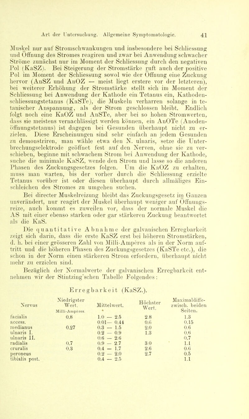 Muskel nur auf Stromschwankungen und insbesondere bei Scldiessun^ und Öffnung des Stromes reagiren und zwar bei Anwendung sclnvacher Ströme zunächst nur im Moment der Schliessung durch den negativen Pol (KaSZj. Bei Steigerung der Stromstärke ruft auch der positive Pol im Moment der Schliessung sowol wie der Öffnung eine Zuckung hervor (AnSZ und AnOZ — meist liegt erstere vor der letzteren), bei weiterer Erhöhung der Stromstärke stellt sich im Moment der Schliessung bei Anwendung der Kathode ein Tetanus ein, Jvathoden- schliessungstetanus (KaSTe), die Muskeln verharren solange in te- tanischer Anspannung, als der Strom geschlossen bleibt. Endlich folgt noch eine KaOZ und AnSTe, aber bei so hohen Stromwerten, dass sie meistens vernachlässigt werden können, ein AuOTe (Anodeu- öftnungstetanus) ist dagegen bei Gesunden überhaupt nicht zu er- zielen. Diese Erscheinungen sind sehr einfach an jedem Gesunden zu demonstriren, man wähle etwa den N. ulnaris, setze die Unter- brechungselektrode geöffnet fest auf den Nerven, ohne sie zu ver- schieben, beginne mit schwachem Strom bei Anwendung der Kathode, suche die minimale KaSZ, wende den Strom und lasse so die anderen Phasen des Zuckungsgesetzes folgen. Um die KaOZ zu erhalten, muss man warten, bis der vorher durch die Schliessung erzielte Tetanus vorüber ist oder diesen überhaupt durch allmäliges Ein- schleichen des Stromes zu umgehen suclien. Bei directer Muskelreizung bleibt das Zuckungsgesetz im Ganzen unverändert, nur reagirt der Muskel überhaupt weniger auf Öffuungs- reize, auch kommt es zuweilen vor, dass der noi-male Muskel die AS mit einer ebenso starken oder gar stärkeren Zuckung beantwortet als die KaS. Die quantitative Abnahme der galvanischen Erregbarkeit zeigt sich darin, dass die erste KaSZ erst bei höheren Stromstärken, d. h. bei einer grösseren Zahl von Milli-Ampei'es als in der Norm auf- tritt und die höheren Phasen des Zuckungsgesetzes (KaSTe etc.), die schon in der Norm einen stärkeren Strom erfordern, überhaupt nicht mehr zu erzielen sind. Bezüglich der Normalwerte der galvanischen Erregbarkeit ent- nehmen wir der Stintzing'scheu Tabelle Folgendes: Erregbarkeit (KaSZ.). Nervus Niedrigster Wert. Mittelwert. Höchster Wert. Ewiscli. beiden Seiten. Maximaldiffe- l'acialis access. medianus ulnaris I. ulnaris II. radialis cruralis peroneus tibialis post. 2.8 0.(i 2.0 1.3 1.3 0.15 0.6 0.6 0.7 1.1 0.6 0.5 1.1 0.7 0.9 — 2.7 0.3 0.4 — 1.7 30 2.6 2.7 0.2 — 2.0 0.4 — 2,5
