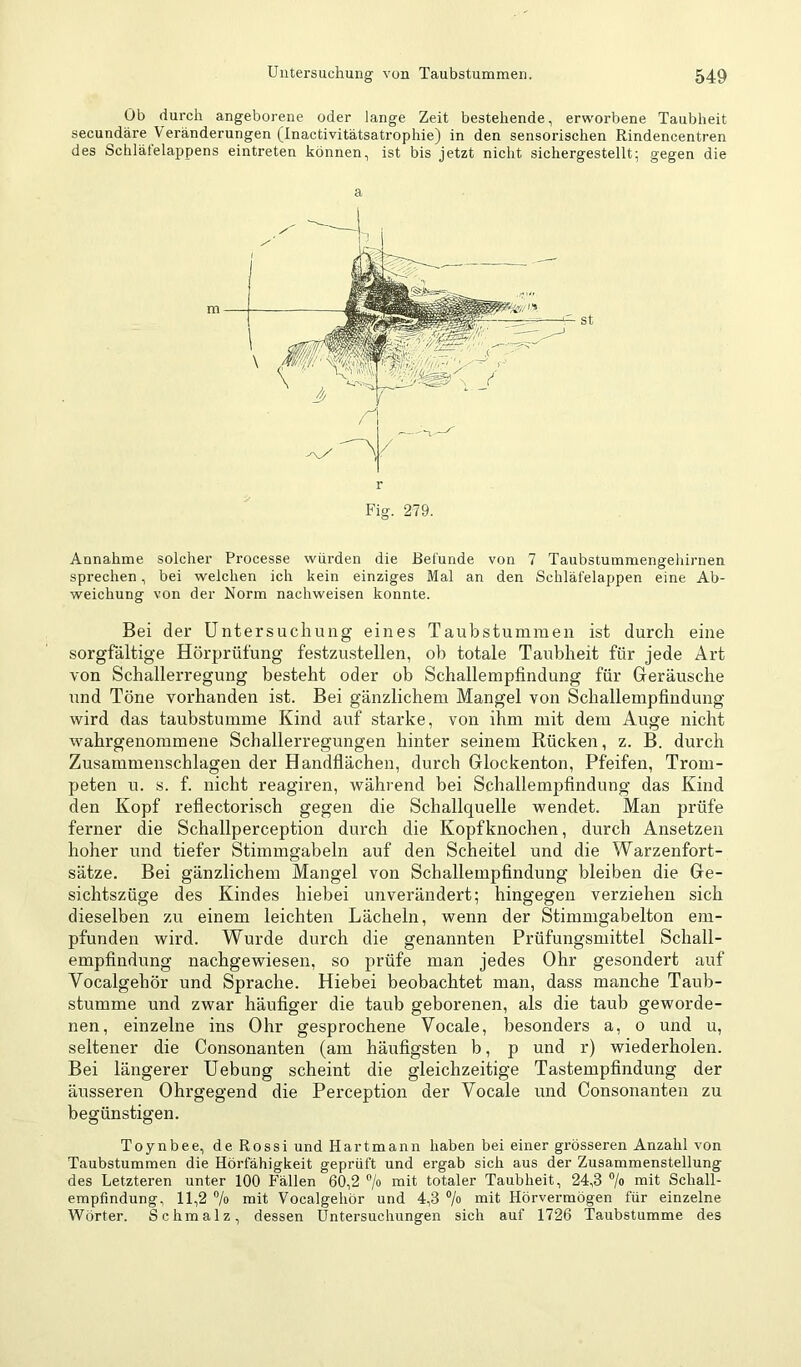 Ob durch angeborene oder lange Zeit bestehende, erworbene Taubheit secundäre Veränderungen (Inactivitätsatrophie) in den sensorischen Rindencentren des Schlätelappens eintreten können, ist bis jetzt nicht sichergestellt; gegen die a m r Fig. 279. Annahme solcher Processe würden die Befunde von 7 Taubstummengehirnen sprechen, bei welchen ich kein einziges Mal an den Schläfelappen eine Ab- weichung von der Norm nachweisen konnte. Bei der Untersuchung eines Taubstummen ist durch eine sorgfältige Hörprüfung festzustellen, ob totale Taubheit für jede Art von Schallerregung besteht oder ob Schallempfindung für Geräusche und Töne voi'handen ist. Bei gänzlichem Mangel von Schallempfindung wird das taubstumme Kind auf starke, von ihm mit dem Auge nicht wahrgenommene Schallerregungen hinter seinem Rücken, z. B. durch Zusammenschlagen der Handflächen, durch Glockenton, Pfeifen, Trom- peten u. s. f. nicht reagiren, während bei Schallemj)findung das Kind den Kopf reflectorisch gegen die Schallquelle wendet. Man prüfe ferner die Schallperception durch die Kopfknochen, durch Ansetzen hoher und tiefer Stimmgabeln auf den Scheitel und die Warzenfort- sätze. Bei gänzlichem Mangel von Schallempfindung bleiben die Ge- sichtszüge des Kindes hiebei unverändert; hingegen verziehen sich dieselben zu einem leichten Lächeln, wenn der Stimmgabelton em- pfunden wird. Wurde durch die genannten Prüfungsmittel Schall- empfindung nachgewiesen, so prüfe man jedes Ohr gesondert auf Vocalgehör und Sprache. Hiebei beobachtet man, dass manche Taub- stumme und zwar häufiger die taub geborenen, als die taub geworde- nen, einzelne ins Ohr gesprochene Vocale, besonders a, o und u, seltener die Consonanten (am häufigsten b, p und r) wiederholen. Bei längerer Hebung scheint die gleichzeitige Tastempfindung der äusseren Ohrgegend die Perception der Vocale und Consonanten zu begünstigen. Toynbee, deRossi und Hart mann haben bei einer grösseren Anzahl von Taubstummen die Hörfähigkeit geprüft und ergab sich aus der Zusammenstellung des Letzteren unter 100 Fällen 60,2 niit totaler Taubheit, 24,3 niit Schall- empfindung, 11,2 Vo mit Vocalgehör und 4,3 ®/o mit Hörvermögen für einzelne Wörter. Schmalz, dessen Untersuchungen sich auf 1726 Taubstumme des