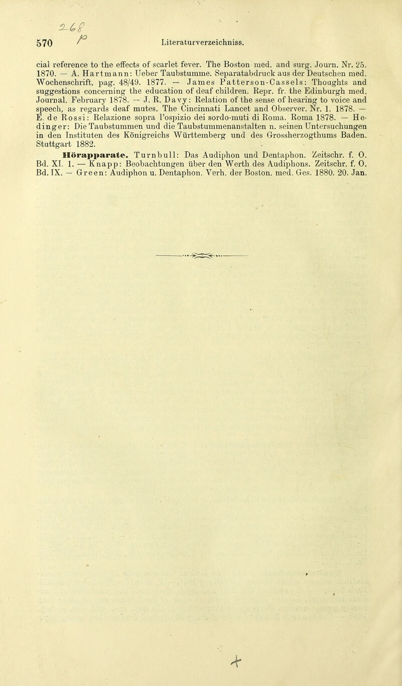 cial reference to the elfecfcs of scarlet fever. The Boston med. and surg. Journ. Nr. 25. 1870. — A. Hartmann; lieber Taubstumme. Separatabdruck aus der Deutschen med. Wochenschrift, pag. 48/49. 1877. — James Patterson-Cassels; Thoughts and suggestions concerning the education of deaf ehildren. Repr. fr. the Edinburgh med. Journal. February 1878. — J. R. Davy; Relation of the sense of hearing to voice and Speech, as regards deaf mutes. The Cincinnati Lancet and Observer. Nr. 1. 1878. — E. de Rossi; Relazione sopra l’ospizio dei sordo-muti di Roma. Roma 1878. —- He- dinger; Die Taubstummen und die Taubstummenanstalten n. seinen Untersuchungen in den Instituten des Königreichs Württemberg und des Grossherzogthums Baden. Stuttgart 1882. Hörapparate. Turnbull; Das Audiphon und Dentaphon. Zeitschr. f. 0. Bd. XI. 1. — Knapp; Beobachtungen über den Werth des Audiphons. Zeitschr. f. 0. Bd. IX. — Green; Audiphon u. Dentaphon. Verh. der Boston, med. Ges. 1880. 20. Jan.