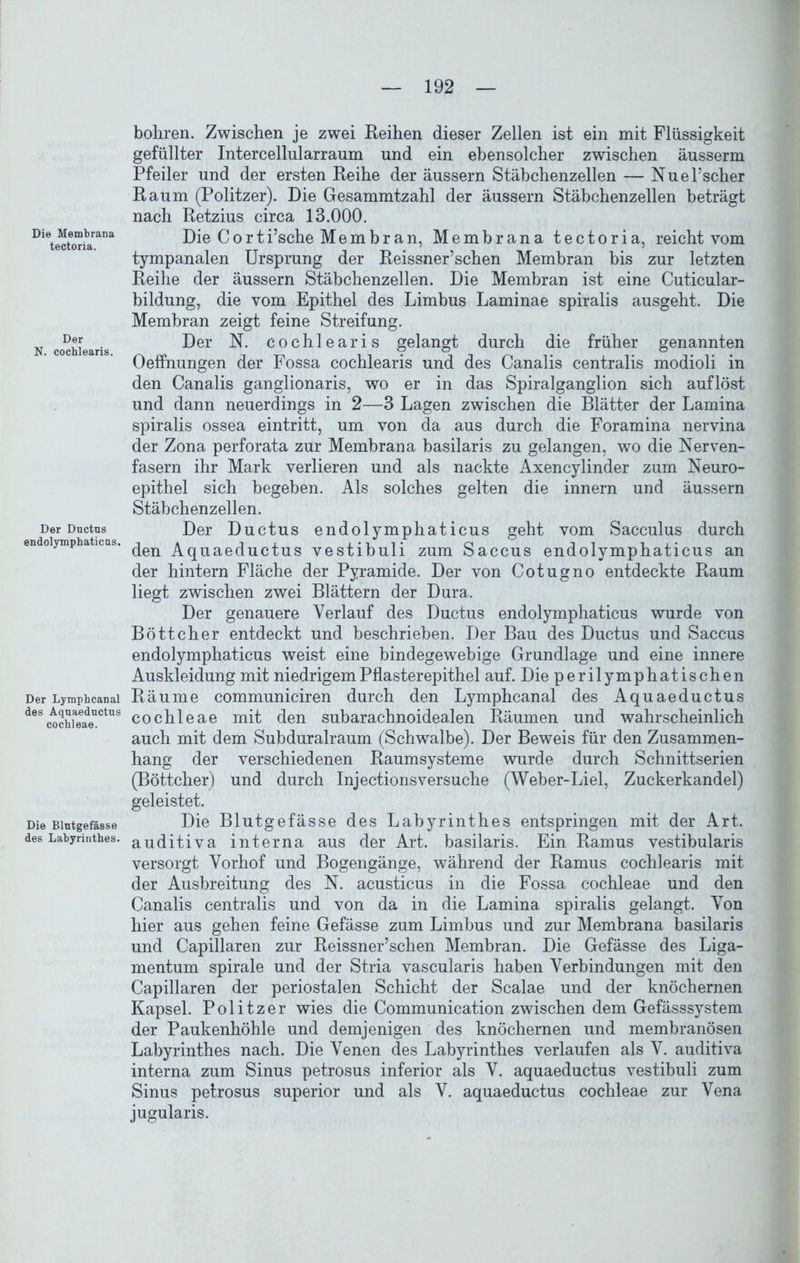 Die Membrana tectoria. Der N. cochlearis. Der Ductus endolymphaticus. Der Lymphcanal des Aquaeductus cochleae. Die Blutgefässe des Labyrinthes. bohren. Zwischen je zwei Reihen dieser Zellen ist ein mit Flüssigkeit gefüllter Intercellularraum und ein ebensolcher zwischen äusserm Pfeiler und der ersten Reihe der äussern Stäbchenzellen — Nuel’scher Raum (Politzer). Die Gesammtzahl der äussern Stäbchenzellen beträgt nach Retzius circa 13.000. Die Corti’sche Membran, Membrana tectoria, reicht vom tympanalen Ursprung der Reissner’schen Membran bis zur letzten Reihe der äussern Stäbchenzellen. Die Membran ist eine Cuticular- bildung, die vom Epithel des Limbus Laminae spiralis ausgeht. Die Membran zeigt feine Streifung. Der N. cochlearis gelangt durch die früher genannten Oeffnungen der Fossa cochlearis und des Canalis centralis modioli in den Canalis ganglionaris, wo er in das Spiralganglion sich auflöst und dann neuerdings in 2—3 Lagen zwischen die Blätter der Lamina spiralis ossea eintritt, um von da aus durch die Foramina nervina der Zona perforata zur Membrana basilaris zu gelangen, wo die Nerven- fasern ihr Mark verlieren und als nackte Axencylinder zum Neuro- epithel sich begeben. Als solches gelten die innern und äussern Stäbchenzellen. Der Ductus endolymphaticus geht vom Sacculus durch den Aquaeductus vestibuli zum Saccus endolymphaticus an der hintern Fläche der Pyramide. Der von Cotugno entdeckte Raum liegt zwischen zwei Blättern der Dura. Der genauere Verlauf des Ductus endolymphaticus wurde von Böttcher entdeckt und beschrieben. Der Bau des Ductus und Saccus endolymphaticus weist eine bindegewebige Grundlage und eine innere Auskleidung mit niedrigem Pflasterepithel auf. Die perilymphatischen Räume communiciren durch den Lymphcanal des Aquaeductus cochleae mit den subarachnoidealen Räumen und wahrscheinlich auch mit dem Subduralraum (Schwalbe). Der Beweis für den Zusammen- hang der verschiedenen Raumsysteme wurde durch Schnittserien (Böttcher) und durch Injectionsversuche (Weber-Liel, Zuckerkandel) geleistet. Die Blutgefässe des Labyrinthes entspringen mit der Art. auditiva interna aus der Art. basilaris. Ein Ramus vestibularis versorgt Vorhof und Bogengänge, während der Ramus cochlearis mit der Ausbreitung des N. acusticus in die Fossa cochleae und den Canalis centralis und von da in die Lamina spiralis gelangt. Von hier aus gehen feine Gefässe zum Limbus und zur Membrana basilaris und Capillaren zur Reissner’schen Membran. Die Gefässe des Liga- mentum spirale und der Stria vascularis haben Verbindungen mit den Capillaren der periostalen Schicht der Scalae und der knöchernen Kapsel. Politzer wies die Communication zwischen dem Gefässsystem der Paukenhöhle und demjenigen des knöchernen und membranösen Labyrinthes nach. Die Venen des Labyrinthes verlaufen als V. auditiva interna zum Sinus petrosus inferior als V. aquaeductus vestibuli zum Sinus petrosus superior und als V. aquaeductus cochleae zur Vena jugularis.