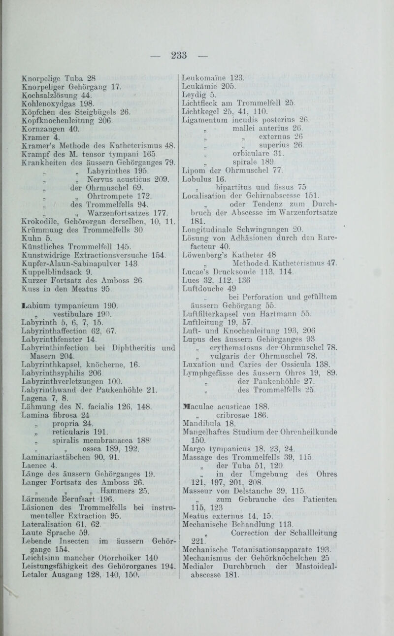 Knorpelige Tuba 28 Knorpeliger Gehörgang 17. Kochsalzlösung 44. Kohlen oxydgas 198. Köpfchen des Steigbügels 26. Kopfknochenleitung 206 Kornzangen 40. Kramer 4. Kramer’s Methode des Katheterismus 48. Krampf des M. tensor tympani 165. Krankheiten des äussern Gehörganges 79. j, „ Labyrinthes 195. „ ,, Nervus acusticus 209. „ der Ohrmuschel 69. „ „ Ohrtrompete 172. ?. des Trommelfells 94. „ „ Warzenfortsatzes 177. Krokodile, Gehörorgan derselben, 10, 11. Krümmung des Trommelfells 30 Kuhn 5. Künstliches Trommelfell 145. Kunstwidrige Extractionsversuche 154. Kupfer-Alaun-Sabinapulver 143. Kuppelblindsack 9. Kurzer Fortsatz des Amboss 26 Kuss in den Meatus 95. L<abium tympanicum 190. „ vestibuläre 190. Labyrinth 5, 6, 7, 15. Labyrinthaffection 62, 67. Labyrinthfenster 14. Labyrinthinfection bei Diphtheritis und Masern 204. Labyrinthkapsel, knöcherne, 16. Labyrinthsyphilis 206 Labyrinthverletzungen 100. Labyrinthwand der Paukenhöhle 21. Lagena 7, 8. Lähmung des N. facialis 126, 148. Lamina fibrosa 24 „ propria 24. „ reticularis 191. „ spiralis membranacea 188 r ossea 189, 192. Laminariastäbchen 90, 91. Laenec 4. Länge des äussern Gehörganges 19. Langer Fortsatz des Amboss 26. „ „ „ Hammers 25. Lärmende Berufsart 196. Läsionen des Trommelfells bei instru- menteller Extraction 95. Lateralisation 61, 62. Laute Sprache 59. Lebende Insecten im äussern Gehör- gange 154. Leichtsinn mancher Otorrhoiker 140 Leistungsfähigkeit des Gehörorganes 194. Letaler Ausgang 128. 140, 150. Leukomai'ne 123. Leukämie 205. Leydig 5. Lichtfleck am Trommelfell 25. Lichtkegel 25, 41, 110. Ligamentum incudis posterius 26. „ mallei anterius 26. „ „ extern us 26 ,, „ superius 26. orbiculare 31. „ spirale 189. Lipom der Ohrmuschel 77. Lobulus 16. „ bipartitus und fissus 75 Localisation der Gehirnabscesse 151. „ oder Tendenz zum Durch- bruch der Abscesse im Warzenfortsatze 181. Longitudinale Schwingungen 20. Lösung von Adhäsionen durch den Rare- facteur 40. Löwenberg’s Katheter 48 „ Methode d. Katheterismus 47. Lucae’s Drucksonde 113. 114. Lues 32, 112. 136 Luftdouche 49 bei Perforation und gefülltem äussern Gehörgang 55. Luftfilterkapsel von Hartmann 55. Luftleitung 19, 57. Luft- und Knochenleitung 193, 206 Lupus des äussern Gehörganges 93 „ erythematosus der Ohrmuschel 78. „ vulgaris der Ohrmuschel 78. Luxation und Caries der Ossicula 138. Lymphgefässe des äussern Ohres 19. 89. „ der Paukenhöhle 27. ,. des Trommelfells 25. Maculae acusticae 188. ,. cribrosae 186. Mandibula 18. Mangelhaftes Studium der Ohrenheilkunde 150. Margo tympanicus 18. 23, 24. Massage des Trommelfells 39, 115 „ der Tuba 51, 120. „ in der Umgebung des Ohres 121, 197, 201, 208.' Masseur von Delstanche 39. 115. „ zum Gebrauche des Patienten 115, 123 Meatus externus 14, 15. Mechanische Behandlung 113. „ Correction der Schallleitung 221. Mechanische Tetanisationsapparate 193. Mechanismus der Gehörknöchelchen 25 Medialer Durchbruch der Mastoideal- abscesse 181.