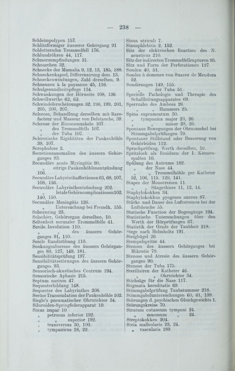 Schleimpolypen 157. Schlitzförmiger äusserer Gehörgang 91 Schlotterndes Trommelfell 176. Schlundröhren 44, 117. Schmerzempfindungen 31. Schnarchen 32. Schnecke der Mamalia 9, 12, 13, 185, 188. Schneckenkapsel, Differenzirung ders. 13. Schneckenwindungen, Zahl derselben, 9. Schneuzen ä la paysanne 45, 116. Schulgesundheitspflege 134. Schwankungen der Hörweite 108, 136 Schwellwerthe 62, 63. Schwindelerscheinungen 32, 196, 199, 201, 205, 206, 207. Sclerose, Behandlung derselben mit Rare- facteur und Masseur von Delstanche, 39. Sclerose der Binnenmuskeln 107 „ des Trommelfells 107. „ der Tuba 107. Sclerotische Rigiditäten der Paukenhöhle 39, 107. Scrophulose 2. Secretionsanomalien des äussern Gehör- ganges 83. Secundäre acute Myringitis 90. „ eitrige Paukenhöhlenent^ündung 106. Secundäre Labyrinthaffectionen 63, 68, 107, 108, 136. Secundäre Labyrinthentzündung 202. - „ letale Gehirncomplicationenl02, 140, 150. Secundäre Meningitis 126. „ Untersuchung bei Fremdk. 155. Sehnenring 23. Selachier, Gehörorgan derselben, 10. Seltenheit normaler Trommelfelle 41. Senile Involution 110. „ „ des äussern Gehör- ganges 91, 110. Senile Randtrübung 110. Senkungsabscesse des äussern Gehörgan- ges 89, 127, 149, 181. Sensibilitätsprüfung 197. Sensibilitätsstörungen des äussern Gehör- ganges 93. Sensorisch-akustisches Centrum 194. Sensorische Aphasie 215. Septum narium 47. Sequesterbildung 148. Sequester des Labyrinthes 208. Seröse Transsudation der Paukenhöhle 102. Siegle’s pneumatischer Ohrtrichter 34. Silur oiden-Spri n gfederapparat 10. Sinus impar 10 „ petrosus inferior 192. _ „ superior 192. „ transversus 30, 100. „ tympanicus 18, 22. Sinus utriculi 7. Sinusphlebitis 2, 152. Sitz der elektrischen Reaction des N. acusticus 210. Sitz der indirecten Trommelfellrupturen 95. Sitz und Form der Perforationen 127. Sonden 40, 51. Sondes ä demeure von Suarez de Mendoza 52. Sondirungen 149, 155. „ der Tuba 51. Specielle Pathologie und Therapie des Schallleitungsapparates 69. Sperrzahn des Amboss 26. „ „ Hammers 25. Spina suprameatum 30. „ tympanica major 23, 26. „ „ minor 23, 26. Spontane Bewegungen der Ohrmuschel bei Stimmgabelprüfungen 79. Spontaner Stillstand oder Besserung von Gehörleiden 112. Sprachprüfung, Werth derselben, 59. Spritzloch als Residuen der I. Kiemen- spalten 10. Spülung des Antrums 182. „ der Nase 44. „ „ Trommelhöhle per Katheter 52, 106, 115. 129, 141. Stapes der Monotremen 11. „ „ Säugethiere 11, 12, 14. Staphylokokken 34. Staphylokokkus pyogenes aureus 87. Stärke und Dauer des Luftstromes bei der Luftdouche 55. Statische Function der Bogengänge 194. Statistische Untersuchungen über den Werth der Hörprüfungen 67. Statistik der Grade der Taubheit 218. Stege nach Helmholtz 191. Steigbügel 26. Stempelspritze 44. Stenose des äussern Gehörganges bei Mikrotie 79. Stenose und Atresie des äussern Gehör- ganges 90. Stenose der Tuba 175. Sterilisiren der Katheter 46. „ „ Ohrtrichter 34. Stichsäge für die Nase 117. Stigmata hereditatis 69. Stimmgabelprüfung Taubstummer 218. Stimmgabeluntersuchungen 60, 61, 139. Störungen d. psychischen Gleichgewichts 1. Störungskreise 70. Stratum cutaneum tympani 24. „ mucosum „ 24. Streptokokken 204. Stria malleolaris 23, 24. „ vascularis 189.