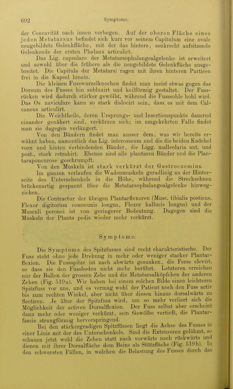 der Concavität nach innen verbogen. Auf der oberen Fläche eines jeden Metatarsus befindet sich kurz vor seinem Capitulum eine ovale neugebildete Gelenkfläche, mit der das hintere, senkrecht aufsitzende Gelenkende der ersten Phalanx articulirt. Das Lig. capsulare der Metatarsophalangealgelenke ist erweitert und sowohl über die frühere als die neugebildete Gelenkfläche ausge- breitet. Die Capitula der Metatarsi ragen mit ihren hinteren Partieen frei in die Kapsel hinein. Die kleinen Fusswurzelknochen findet man meist etwas gegen das Dorsum des Fusses hin subluxirt und keilförmig gestaltet. Der Fuss- rücken wird dadurch stärker gewölbt, während die Fusssohle hohl wird. Das Os naviculare kann so stark dislocirt sein, dass.es mit dem Cal- caneus articulirt. Die Weichtheile, deren Ursprungs- und Insertionspunkte dauernd einander genähert sind, verkürzen sich; im umgekehrten Falle findet man sie dagegen verlängert. Von den Bändern findet man ausser dem, was wir bereits er- wähnt haben, namentlich das Lig. interosseum .und die die beiden Knöchel vorn und hinten verbindenden Bänder, die Ligg. malleolaria ant. und post., stark retrahirt. Ebenso sind alle plantaren Bänder und die Plan- taraponeurose geschrumpft. Von den Muskeln ist stark verkürzt der Gastrocnemius. Im ganzen verlaufen die Wadenmuskeln geradlinig an der Hinter- seite des Unterschenkels in die Höhe, während die Strecksehnen brückenartig gespannt über die Metatarsophalangealgelenke hinweg- ziehen. Die Contractur der übrigen Plantarflexoren (Muse, tibialis posticus, Flexor digitorum communis longus, Flexor hallucis longus) und der Musculi peronei ist von geringerer Bedeutung. Dagegen sind die Muskeln der Planta pedis wieder mehr verkürzt. ' Symptome. Die Symptome des Spitzfusses sind recht charakteristische. Der Fuss steht ohne jede Drehung in mehr oder weniger starker Plantar- flexion. Die Fussspitze ist nach abwärts gesunken, die Ferse elevirt, so dass sie den Fussboden nicht mehr berührt. Letzteren erreichen nur der Ballen der grossen Zehe und die Metatarsalköpfchen der anderen Zehen (Fig. 519 a). Wir haben bei einem solchen Bilde einen leichteren Spitzfuss vor uns, und es vermag wohl der Patient noch den Fuss activ bis zum rechten Winkel, aber nicht über diesen hinaus dorsalwärts zu flectiren. Je älter der Spitzfuss wird, um so mehr verliert sich die Möglichkeit der activen Dorsalflexion. Der Fuss selbst aber erscheint dann mehr oder weniger verkürzt, sein Gewölbe vertieft, die Plantar- fascie strangförmig hervorspringend. Bei den stärkergradigen Spitzfüssen liegt die Achse des Fusses m einer Linie mit der des Unterschenkels. Sind die Extensoren gelähmt, so schauen jetzt wohl die Zehen statt nach vorwärts nach rückwärts und dienen mit ihrer Dorsalfläche dem Beine als Stützfläche (Fig. 519b). In den schwersten Fällen, in welchen die Belastung des Fusses durch das
