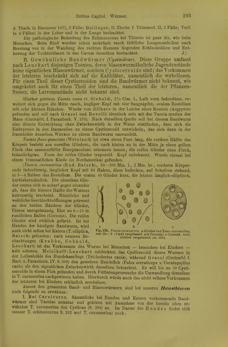 d. Tlisch. in Hannover 1871, 2 Fälle; Bollingcr, D. Ztschr. f. Tliiermed. II, 3 Fälle; Verf. in 4 Fällen) in der Leber und in der Lunge beobachtet. Die pathologische Bedeutung des Echinococcus bei Thieren ist ganz die, wie beim Menschen. Beim Kind wurden schon mehrfach rasch tödtliche Lungenembolien nach Berstung von in der Wandung des rechten Herzens liegenden Echinokokken und Ent- leerung der Tochterblasen in das Cavum desselben beobachtet. J.] B. G-ewöhnliche Bandwürmer {Cystoideae), Diese Gruppe umfasst nach Leuckart diejenigen Taenien, deren biasenwurmälinliche Jugendzustände keine eigentlichen Blaseuwürmer, sondern Cysticercoide sind; das Vorkommen der letzteren beschränkt sich auf die Kaltblüter, namentlich die wirbellosen. Für einen Theil dieser Cysticercoiden sind die Bandwürmer nicht bekannt, wie umgekehrt auch für einen Theil der letzteren, namentlich die der Pflanzen- fresser, die Larvenzustände nicht bekannt sind. Hierher gehören Taenia nana (v. Siebold), 272 Ctm. 1., Leib vorn fadendünn, er- weitert sich gegen die Mitte rasch, kugliger Kopf mit vier Saugnäpfen, ovalem Rostellum mit sehr kleinen Häkchen. Wurde von Bilharz in der Leiche eines Knaben (Aegypten) gefunden und soll nach Grassi und Rovelli identisch sein mit der Taenia murina der Maus (Centralbl. i. Parasitenk. V. 370), Nach derselben Quelle soll bei diesem Bandwurm eine directe Entwicklung ohne Zwischenwirth in der Weise stattfinden, dass sich die Embryonen in den Darmzellen zu einem Cysticercoid entwickeln, das sich dann in der Darmhöhle desselben Wirthes zu einem Bandwurm umwandelt. Taenia flavo-punctata (Weinland) ist etwa einen Fuss lang, die vordere Hälfte des Körpers besteht aus unreifen Gliedern, die nach hinten zu in der Mitte je einen gelben Fleck (das samenerfüllte Receptaculum) erkennen lassen, die reifen Glieder ohne Fleck, bräunlichgrau. Form der reifen Glieder trapezoid. Kopf unbekannt. Wurde einmal bei einem 19 monatlichen Kinde (in Nordamerika) gefunden. [Taenia cucumerina (Rud. Batsch), 50—200 Mm. 1., 2 Mm. br., vorderes Körper- ende fadenförmig, länglicher Kopf mit 60 Haken, diese bedecken, auf Scheiben stehend, in 3—4 Reihen das Rostellum. Die ersten 40 Glieder kurz, die letzten länglich-eUiptisch, kürbiskernähnlicb. Die einzelnen GKe- der setzen sich so scharf gegen einander ab, dass die hintere Hälfte des Wurmes kettenartig erscheint. Männliche und weibliche Geschlechtsöifnungen getrennt an den beiden Rändern der Glieder, Uterus unregelmässig, Eier zu 6—15 in rundlichen Ballen (Coccons). Die reifen Glieder sind röthlich gefärbt. Ist bei Hunden der häufigste Bandwurm, wird auch nicht selten bei Katzen (T.elliptica, Batsch) gefunden; nach neueren Be- obachtungen (Krabbe, Cobbold, Leuckart) ist das Vorkommen des Wurms bei Menschen — besonders bei Kindern — kein seltenes. Melniko ff-Leuckart entdeckten das Cysticercoid dieses Wurmes in der Leibeshöhle des Hundehaarlings (Trichodectes canis), während Grassi (Centralbl. f. Bact. u. Parasitenk. IV. S. 609) den gemeinen Hundefloh (Pulex serraticeps s.'Ceratopsyllus canis) als den eigentlichen Zwischenwirth desselben betrachtet. Er will bis zu 50 Cysti- cercoide in einem Floh gefunden und durch Fütterungsversuche die Umwandlung derselben in T. cucumerina nachgewiesen haben. Hierdurch würde auch das nicht seltene Vorkommen der letzteren bei Kindern erklärlich erscheinen. Ausser den genannten Band- und Blasenwürmern sind bei unseren Hausthieren noch folgende zu erwähnen: L Bei Carnivoren. Sämmtliche bei Hunden und Katzen vorkommende Band- würmer sind Taeniae armatae und gehören mit Ausnahme von der bereits oben er- wähnten T. cucumerina den Cysticao (S. 288) an. Im Darme des H u n d e s findet sich (ausser T. echinococcus S. 292 und T. cucumerina) noch: ab c Flg. 126. Taenia cucumerina. a Glieder von Taen. cucumerina, nat. Gr.; b 12inal vergrössert mit Coccons; c Coccons, nocli stärker vergrössert (ca. 300).