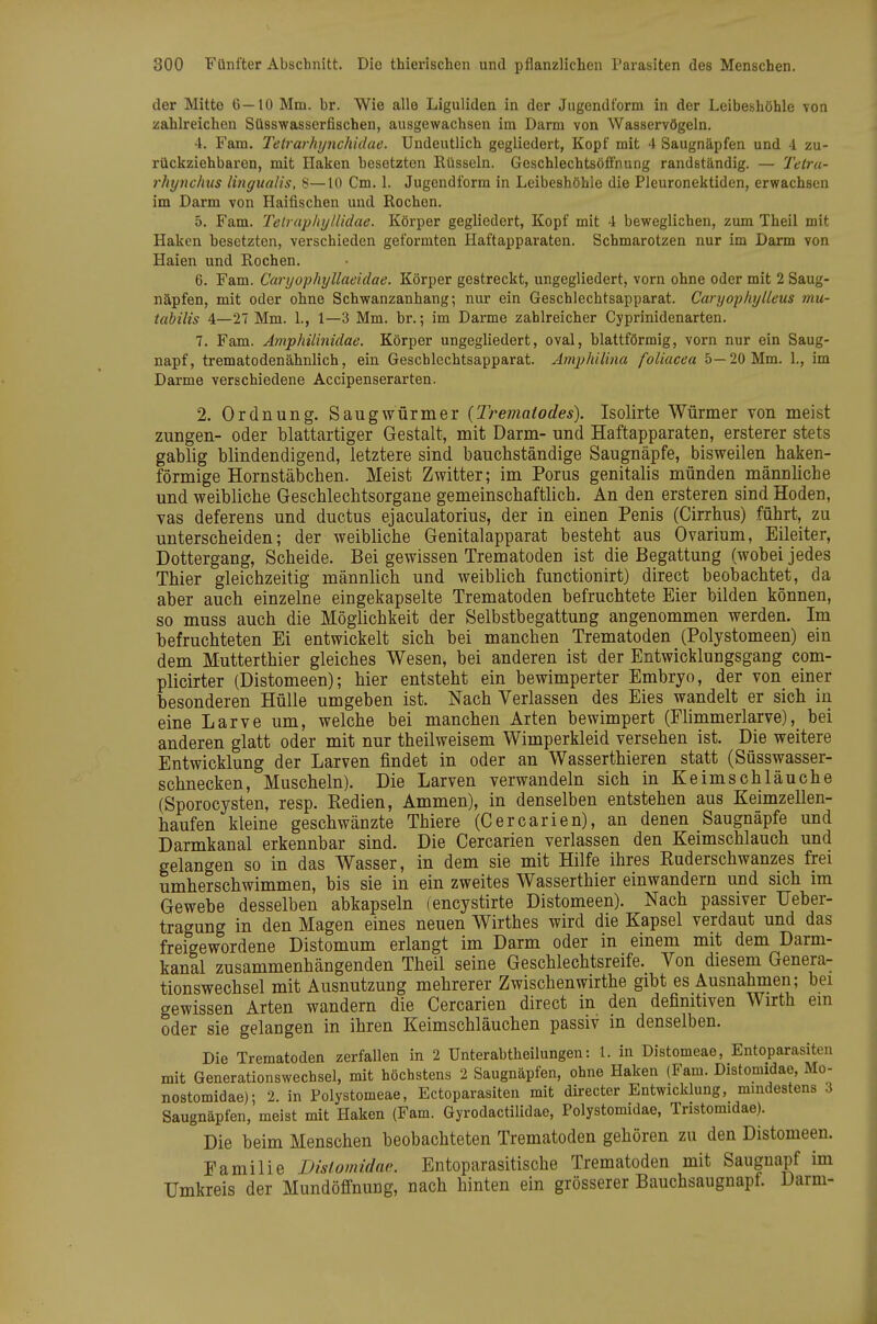 der Mitte 6—10 Mm. br. Wie alle Liguliden in der JiigendForm in der Leibeshöhle von zahlreichen Süsswasserfischen, ausgewachsen im Darm von Wasservögeln. 4. Fam. Tetrarhynchidae. Undeutlich gegliedert, Kopf mit 4 Saugnäpfen und 4 zu- rückziehbaren, mit Haken besetzten Rüsseln. Geschlechtsöffnuiig randständig. — Tetra- rhynclms lingualis, S—10 Cm. 1. Jugendform in Leibeshöhle die Pleuronektiden, erwachsen im Darm von Haifischen und Rochen. 5. Fam. Telraphytlidae. Körper gegliedert, Kopf mit 4 beweglichen, zum Theil mit Haken besetzten, verschieden geformten Haftapparaten. Schmarotzen nur im Darm von Haien und Rochen. 6. Fam. Caryophyllaeidae. Körper gestreckt, ungegliedert^ vorn ohne oder mit 2 Saug- näpfen, mit oder ohne Schwanzanhang; nur ein Geschlechtsapparat. CaryopliyIleus mu- tabilis 4—27 Mm. 1., 1—3 Mm. br.; im Darme zahlreicher Cyprinidenarten. 7. Fam. Amphilinidae. Körper ungegliedert, oval, blattförmig, vorn nur ein Saug- napf, trem ato den ähnlich, ein Geschlechtsapparat. Arnphilina foUacea 5—20 Mm. 1., im Darme verschiedene Accipenserarten. 2. Ordnung. Saug wurm er (Trematodes). Isolirte Würmer von meist Zungen- oder blattartiger Gestalt, mit Darm- und Haftapparaten, ersterer stets gabiig blindendigend, letztere sind bauchständige Saugnäpfe, bisweilen haken- förmige Hornstäbchen. Meist Zwitter; im Porus genitalis münden männliche und weibliche Geschlechtsorgane gemeinschaftlich. An den ersteren sind Hoden, vas deferens und ductus ejaculatorius, der in einen Penis (Cirrhus) führt, zu unterscheiden; der weibliche Genitalapparat besteht aus Ovarium, Eileiter, Dottergang, Scheide. Bei gewissen Trematoden ist die Begattung (wobei jedes Thier gleichzeitig männlich und weiblich functionirt) direct beobachtet, da aber auch einzelne eingekapselte Trematoden befruchtete Eier bilden können, so muss auch die Möglichkeit der Selbstbegattung angenommen werden. Im befruchteten Ei entwickelt sich bei manchen Trematoden (Polystomeen) ein dem Mutterthier gleiches Wesen, bei anderen ist der Entwicklungsgang com- plicirter (Distomeen); hier entsteht ein bewimperter Embryo, der von einer besonderen Hülle umgeben ist. Nach Verlassen des Eies wandelt er sich in eine Larve um, welche bei manchen Arten bewimpert (Flimmerlarve), bei anderen glatt oder mit nur theilweisem Wimperkleid versehen ist. Die weitere Entwicklung der Larven findet in oder an Wasserthieren statt (Süsswasser- schnecken, Muscheln). Die Larven verwandeln sich in Keimschläuche (Sporocysten, resp. Redien, Ammen), in denselben entstehen aus Keimzellen- haufen kleine geschwänzte Thiere (Cercarien), an denen Saugnäpfe und Darmkanal erkennbar sind. Die Cercarien verlassen den Keimschlauch und gelangen so in das Wasser, in dem sie mit Hilfe ihres Ruderschwanzes frei umherschwimmen, bis sie in ein zweites Wasserthier einwandern und sich im Gewebe desselben abkapseln (encystirte Distomeen). Nach passiver Ueber- tragung in den Magen eines neuen Wirthes wird die Kapsel verdaut und das freigewordene Distomum erlangt im Darm oder in einem mit dem Darm- kanal zusammenhängenden Theil seine Geschlechtsreife. Von diesem Genera- tionswechsel mit Ausnutzung mehrerer Zwischenwirthe gibt es Ausnahmen; bei gewissen Arten wandern die Cercarien direct in den definitiven Wirth em oder sie gelangen in ihren Keimschläuchen passiv in denselben. Die Trematoden zerfallen in 2 ünterabtheilungen: 1. in Distomeae, Entoparasitcn mit Generationswechsel, mit höchstens 2 Saugnäpfen, ohne Haken (Fam. Distomidae, Mo- nostomidae); 2. in Polystomeae, Ectoparasiten mit directer Entwicklung, mindestens 3 Saugnäpfen, meist mit Haken (Fam. Gyrodactilidae, Polystomidae, Tristomidae). Die beim Menschen beobachteten Trematoden gehören zu den Distomeen. Familie Dislomidae. Entoparasitische Trematoden mit Sauguapf im Umkreis der Mundöfinung, nach hinten ein grösserer Bauchsaugnapf. Darm-