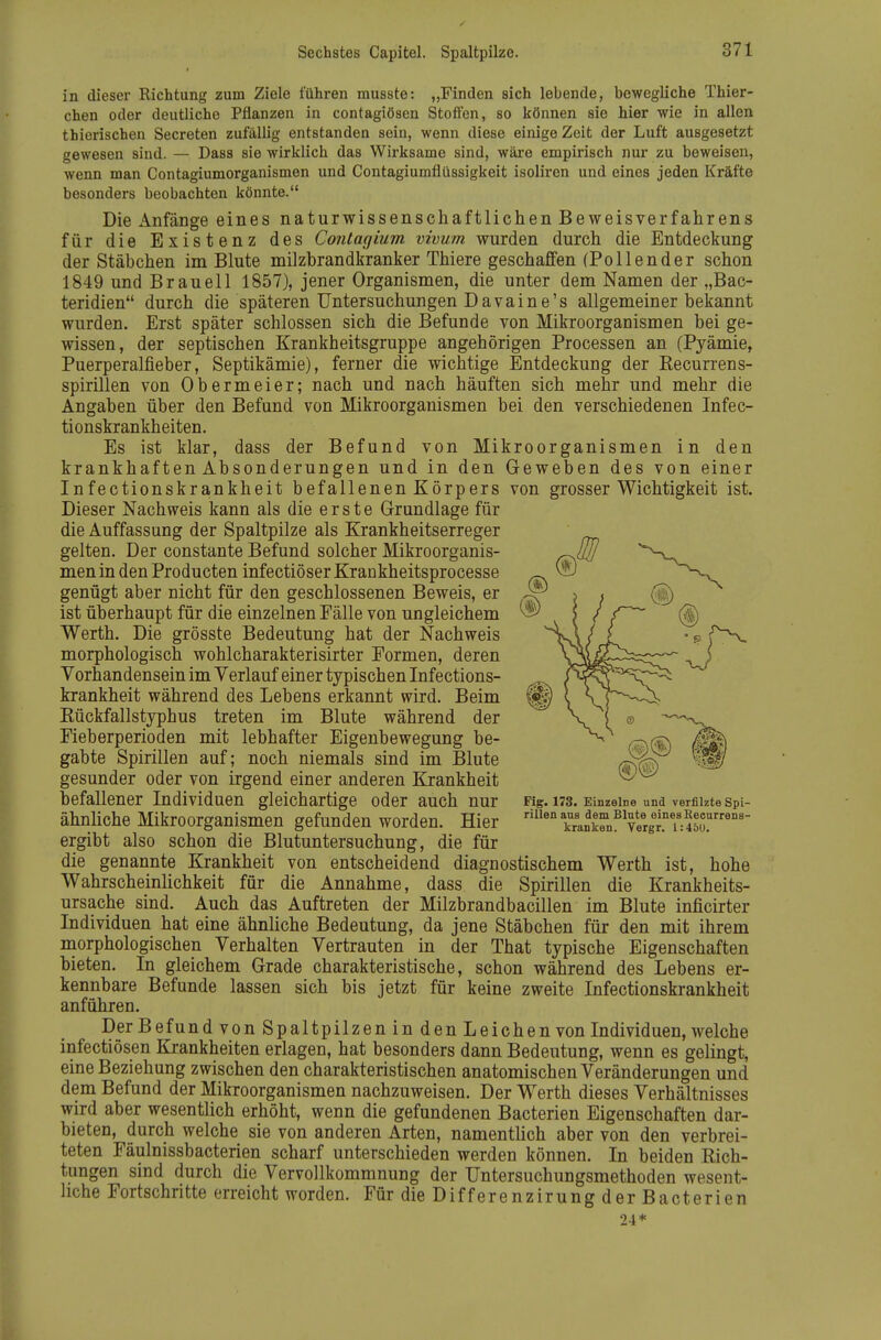 in dieser Richtung zum Ziele führen musste: „Finden sich lebende, bewegliche Thier- chen oder deutliche Pflanzen in contagiösen Steifen, so können sie hier wie in allen thiorischen Secreten zufällig entstanden sein, wenn diese einige Zeit der Luft ausgesetzt gewesen sind. — Dass sie wirklich das Wirksame sind, wäre empirisch nur zu beweisen, wenn man Contagiumorganismen und Contagiumflüssigkeit isoliren und eines jeden Kräfte besonders beobachten könnte. Die Anfänge eines naturwissenschaftlichen Beweisverfahrens für die Existenz des Contagium vivum wurden durch die Entdeckung der Stäbchen im Blute milzbrandkranker Thiere geschaffen (Peilender schon 1849 und Brau eil 1857), jener Organismen, die unter dem Namen der „Bac- teridien durch die späteren Untersuchungen D avaine's allgemeiner bekannt wurden. Erst später schlössen sich die Befunde von Mikroorganismen bei ge- wissen, der septischen Krankheitsgruppe angehörigen Processen an (Pyämie, Puerperalfieber, Septikämie), ferner die wichtige Entdeckung der Kecurrens- spirillen von Obermeier; nach und nach häuften sich mehr und mehr die Angaben über den Befund von Mikroorganismen bei den verschiedenen Infec- tionskrankheiten. Es ist klar, dass der Befund von Mikroorganismen in den krankhaften Absonderungen und in den Geweben des von einer Infectionskra-nkheit befallenen Körpers von grosser Wichtigkeit ist. Dieser Nachweis kann als die erste Grundlage für die Auffassung der Spaltpilze als Krankheitserreger gelten. Der constante Befund solcher Mikroorganis- men in den Producten infectiöser Krankheitsprocesse genügt aber nicht für den geschlossenen Beweis, er ist überhaupt für die einzelnen Eälle von ungleichem Werth. Die grösste Bedeutung hat der Nachweis morphologisch wohlcharakterisirter Formen, deren Vorhandensein im Verlauf einer typischen Infections- krankheit während des Lebens erkannt wird. Beim Kückfallstyphus treten im Blute während der Fieberperioden mit lebhafter Eigenbewegung be- gabte Spirillen auf; noch niemals sind im Blute gesunder oder von irgend einer anderen Krankheit befallener Individuen gleichartige oder auch nur ng. 173. Einzelne und verfilzte spi- ähnliche Mikroorganismen gefunden worden. Hier Trl^Z^Yerg?T:iT'' ergibt also schon die Blutuntersuchung, die für die genannte Krankheit von entscheidend diagnostischem Werth ist, hohe Wahrscheinlichkeit für die Annahme, dass die Spirillen die Krankheits- ursache sind. Auch das Auftreten der Milzbrandbacillen im Blute inficirter Individuen hat eine ähnliche Bedeutung, da jene Stäbchen für den mit ihrem naorphologischen Verhalten Vertrauten in der That typische Eigenschaften bieten. In gleichem Grade charakteristische, schon während des Lebens er- kennbare Befunde lassen sich bis jetzt für keine zweite Infectionskrankheit anführen. Der Befund von Spaltpilzen in den Leichen von Individuen, welche infectiösen Krankheiten erlagen, hat besonders dann Bedeutung, wenn es gelingt, eine Beziehung zwischen den charakteristischen anatomischen Veränderungen und dem Befund der Mikroorganismen nachzuweisen. Der Werth dieses Verhältnisses wird aber wesentlich erhöht, wenn die gefundenen Bacterien Eigenschaften dar- bieten, durch welche sie von anderen Arten, namentlich aber von den verbrei- teten Fäulnissbacterien scharf unterschieden werden können. In beiden Rich- tungen sind durch die Vervollkommnung der Untersuchungsmethoden wesent- liche Fortschritte erreicht worden. Für die Differenzirung der Bacterien 24*