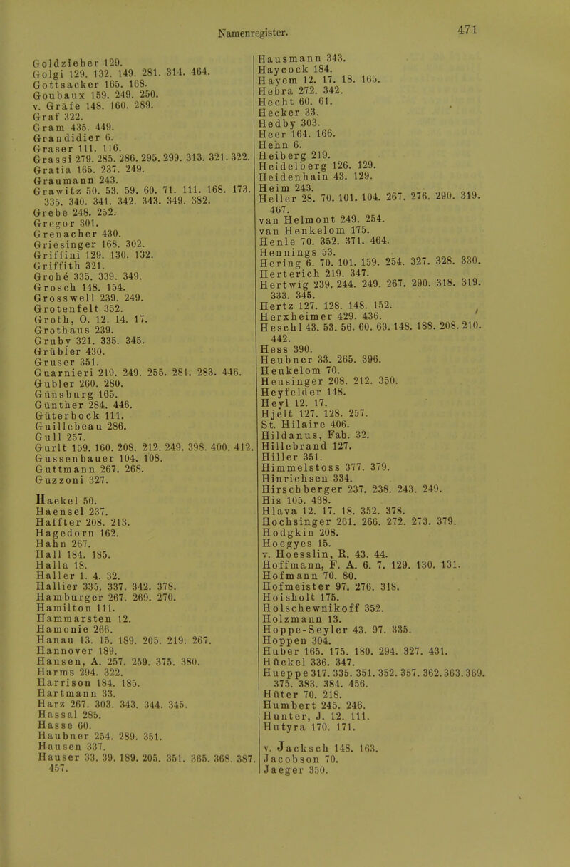 Goldzieher 129. Golgi t29. 132. 149. 281. 314. 464. Gottsacker 165. 168. Goubaux 159. 249. 250. V. Gräfe 148. 160. 289. Graf 322. Gram 435. 449. Grandidier 6. Graser III. 116. Grassi 279. 285. 286. 295. 299. 313. 321. 322. Gratia 165. 237. 249. Graumann 243. Grawitz 50. 53. 59. 60. 71. III. 168, 173. 335. 340. 341. 342. 343. 349. 382. Grebe 248. 252. Gregor 301. Grenacher 430. Griesinger 168. 302. Griffini 129. 130. 132. Griffith 321. Grobe 335. 339. 349. Grosch 148. 154. Grosswell 239, 249. Grotenfelt 352. Groth, 0. 12. 14. 17. Grothaus 239. Gruby 321. 335. 345. Grübler 430. Gruser 351. Guarnieri 219. 249. 255. 281. 283. 446. Gubler 260. 280. Günsburg 165. Günther 284. 446. Güterbock III. Guillebeau 286. Gull 257. Gurlt 159. 160. 208. 212. 249. 398. 400. 412. Gussenbauer 104, 108. Guttmann 267, 268, Guzzoni 327. Haekel 50. Haensel 237. Haffter 208. 213. Hagedorn 162. Hahn 267. Hall 184. 185. Halla IS. Haller 1. 4. 32. Hallier 335. 337. 342. 378. Hamburger 267. 269. 270. Hamilton Iii. Hammarsten 12. Hamonie 266. Hanau 13. 15, 189. 205. 219. 267. Hannover 189. Hansen, Ä. 257. 259. 375. 380. Harms 294. 322. Harrison 184. 185. Hartmann 33. Harz 267. 303. 343. 344. 345. Hassal 285. Hasse 60. II au bn er 254. 289. 351. Hausen 337. Hauser 33. 39. 189. 205. 351. 365. 368. 387 457. 267. 276. 290. 319. Hausmann 343. Haycock 184. Hayem 12. 17. 18. 165. Hebra 272. 342. Hecht 60. 61. Hecker 33. Hedby 303. Heer 164. 166. Hehn 6. Helberg 219, Heidelberg 126. 129, Heidenhain 43. 129. Heim 243. Heller 28. 70. 101. 104. 467. van Helmont 249. 254. van Henkelom 175. He nie 70. 352. 371. 464. Hennings 53. Hering 6. 70. 101. 159. 254. 327. 328. 330. Herterich 219. 347. Hertwig 239. 244. 249. 267. 290. 318. 319. 333. 345. Hertz 127. 128. 148. 152. Herxheimer 429. 436. Heschl 43. 53. 56. 60. 63. 148. 188. 208.210. 442. Hess 390. Heubner 33. 265. 396. Heukelom 70. Heusinger 208. 212. 350. Heyfelder 148. Heyl 12. 17. Hjelt 127. 128. 257. St. Hilaire 406. Hildanus, Fab. 32. Hillebrand 127. Hiller 351. Himmelstoss 377. 379. Hinrichsen 334. Hirsch berger 237. 238. 243. 249. His 105. 438. Hlava 12. 17. 18. 352. 378. Hochsinger 261. 266. 272. 273. 379. Hodgkin 208. Hoegyes 15. V. Hoesslin, R. 43. 44. Hoffmann, F. A. 6. 7. 129. 130. 131. Hofmann 70. 80. Hofmeister 97. 276. 318. Hoisholt 175. Holschewnikoff 352. Holzmann 13. Hoppe-Seyler 43. 97. 335. Hoppen 304. Huber 165. 175. 180. 294. 327. 431. Hückel 336. 347. Hueppe 317. 335. 351. 352. 357. 362.363.369. 375. 383. 384. 456. Hüter 70. 218. Humbert 245. 246. Hunter, J. 12. III. Hutyra 170. 171. V. Jacksch 148. 163. Jacobson 70. Jaeger 350.
