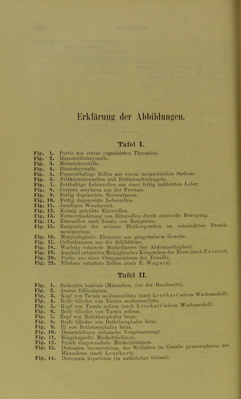 Erklärung der Abbildungen. Tafel I. Fig. 1. Partie aus einein organiairten Thrombus. Fig. 2. Hämatoidiukrystalle. Fig. 3. Melaniukrystaile. Fig. 4. Häminkrystalle. Fig. 5. Pigmenthaltige Zellen aus einem raelauotischen Sarkom. Fig. (>. Fettkörnchenzellen und Fettköruchenkugelu. Fig. 7. Fetthaltige Leberzellen aus einer fettig infiltrirten Leber. Fig. 8. Corpora amylacea aus der Prostata. Fig. 0. Fettig degenerirte Nervenfasern. Fig. 10. Fettig degenerirte Leberzellen. Fig. 11. Jauchiges Wundsecret. Fig. 12. Körnig «-etrübte Eiterzellen. Fig. 13. Formveränderung von Eiterzellen durch amöboide Bewegung. Fig. 14. Eiterzellen nach Zusatz von Essigsäure. Fig. 15. Emigration der weissen Blutkörperchen im entzündeten Frosck- mesenterium. Fig. 16. Morphologische Elemente aus gangränösem Gewebe. Fig. 17. Colloidmassen aus der Schilddrüse. Fig. 18. Wachsig entartete Muskelfasern (bei Abdominaltyphus). Fig. 10. Amyloid entartetes Malpighisches Körperchen der Niere (nach Pö rster). Fig. 20. Partie aus einer Croupmembran der Tonsille. Fig. 21. Fibrinös entartete Zellen (nach E. Wagner). Tafel II. Fig. 1. Särkoptes hominis (Männchen, von der Bauchseite). Fig. 2. Acarus folliculorum. .. Fig. 3. Kopf von Taenia mediocanellata (nach Leuckarfächern WachsmodeUJ. Fig. 4. Reife Glieder von Taenia mediocanellata. Fig. 5. Kopf von Taenia solium (nach Leuckart'schem Wachsmodell). Fig. (>. Reife (Mieder von Taenia solium. Fig. 7. Kopf von Bothriocephalus latus. Fig. 8. Reife Glieder von Bothriocephalus latus. Fig. 0. Ei von Bothriocephalus latus. Fig. 10. Darmtrichinen (schwache Vergrösserung). Fig. 11. Eingekapselte Muskeltrichinen. Fig. 12. Frisch eingewanderte Muakeltrichinen. , . Fig. 13. Distomum haematobium, das Weibchen im Canahs gyuaecophorus des Männchens (nach Leuckart). Fig. 14. Distomum hepaticum (in natürlicher Grösse).