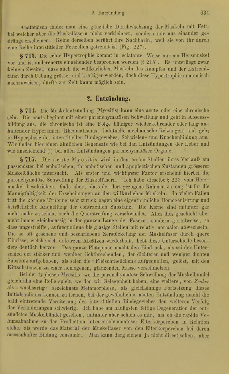 Anatomisch findet mau eine gänzliche Diirchwachsung der Muskehi mit Fett, bei welcher aber die Muskelfasern nicht verkleinert, soudern nur aus einander ge- drängt erscheinen. Keine derselben berührt ihre Nachbarin, weil sie von ihr durch •eine Reihe interstitieller Fettzellen getrennt ist (Fig. 227). § 713. Die echte Hypertrophie kommt in eclatanter Weise nur am Herzmuskel -vor und ist anderenorts eingehender besprochen worden (§ 21S). Es unterliegt zwar keinem Zweifel, dass auch die willkürlichen Muskeln des Rumpfes und der Extremi- täten durch Uebung grösser und kräftiger werden, doch diese Hypertrophie anatomisch nachzuweisen, dürfte zur Zeit kaum möglich sein. 2. KiitzniKliiiig. § 714. Die Muskelentzündung (Myositis) kann eine acute oder eine chronische sein. Die acute beginnt mit einer parenchymatösen Schwellung und geht in Abscess- bildung aus, die chronische ist eine Folge häufiger wiederkehrender oder lang an- haltender Hyperämien (Rheumatismus, habituelle mechanische Reizungen) und geht in Hyperplasie des interstitiellen Bindegewebes, Schwielen- und Knochenbildung aus. Wir finden hier einen ähnlichen Gegensatz wie bei den Entzündungen der Leber und •wie anscheinend (!) bei allen Entzündungen parenchymatöser Organe. § 715. Die acute Myositis wird in den ersten Stadien ihres Verlaufs am passendsten bei embolischen, thrombotischen und apoplectischen Zuständen grösserer Muskelbäuche untersucht. Als erster und wichtigster Factor erscheint hierbei die parenchymatöse Schwellung der Muskelfasern. Ich habe dieselbe § 223 vom Herz- muskel beschrieben, finde aber, dass der dort gezogene Rahmen zu eng ist für die Mannigfaltigkeit der Erscheinungen an den willkürlichen Muskeln. In vielen Fällen tritt die körnige Trübung sehr zurück gegen eine eigenthümliche Homogenisirung und beträchtliche Anquellung der contractilen Substanz. Die Kerne sind mitunter gar nicht mehr zu sehen, auch die Querstreifung verschwindet. Alles dies geschieht aber nicht immer gleichmässig in der ganzen Länge der Fasern, sondern gürtelweise , so ■dass ungestreifte, aufgequollene bis glasige Stellen mit relativ normalen abwechseln. Die so oft gesehene und beschriebene Zerstückelung der Muskelfaser durch quere Einrisse, welche sich in kurzen Absätzen wiederholt, hebt diese Unterschiede besou- <lers deutlich hervor. Das ganze Phänomen macht den Eindruck, als sei der Unter- schied der stärker und weniger lichtbrechenden, der dichteren und weniger dichten Substanz aufgehoben, als seien die »Fleischtheilchen« aufgequollen, gelöst, mit den Kittsubstanzen zu einer homogenen, glänzenden Masse verschmolzen. Bei der typhösen Myositis, wo die parenchymatöse Schwellung der Muskelbündel gleichfalls eine Rolle spielt, werden wir Gelegenheit haben, eine weitere, von Zenker als »wachsartig« bezeichnete Metamorphose, als gleichsinnige Fortsetzung dieses Initialstadiums kennen zu lernen, bei der gewöhnlichen acuten Entzündung macht die bald eintretende Vereiterung des interstitiellen Bindegewebes den weiteren Verfolg der Veränderungen schwierig. Ich habe am häufigsten fettige Degeneration der cut- zündeten Muskelbündel gesehen , mitunter aber schien es mir , als ob die rapide Vo- lumsabnahme zu der Production intrasarcolemmatöser Eiterkörperchen in Relation stehe, als werde das Material der Muskelfaser von den Eiterkörperchen bei deren massenhafter Bildung consumirt. Man kann dergleichen ja nicht direct sehen, aber