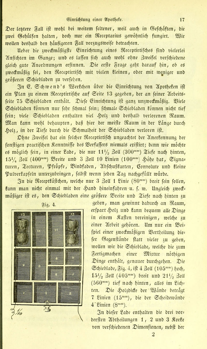 (entere gall i(l wohl bei Leitern feltener, weil auch in ©efchaften, bie 5tt>ei ©ehulfen fatten, bod) nur ein OfeceptariuS gett>of>nttcf? fungirt. 3Bir wollen beöf)atb ben Häufigeren gall vorjugSweife betrachten. lieber bie jweckmdßigfie (Einrichtung eines OteceptirtifdjeS jTnb vielerlei 2Cnftchten im ©ange; unb eS laffen ftch auch wof)l ohne 3^ctfel verriebene gleich gute Anorbnungen erftnnen. Die erfte grage geht barauf Hin, ob eS Zweckmäßig fei, ben Oteceptirtifd) mit vielen fleinen/ ober mit Weniger unb größeren @d)ieblaben $u verfehen. Sin Gr. @chwenb’S SBerkchen über bie (Einrichtung von Apotheken ift ein ^)lan §u einem Oteceptirtifche auf @eite 13 gegeben, ber an feiner ArbeitS= feite 75 @d)ieblaben enthalt. Diefe (Einrichtung ift ganz unzweckmäßig. SSiele @d)ieblaben können nur fel;r fcHmat fein; fcHmale @d)ieblaben können nicht tief fein; viele @cf)iebtaben enthalten viel *|)olz unb beShalb verlorenen Otaum. 2D7an kann wohl behaupten, baß H^r ber meifte 9?aum in ber 2dnge burch $olz, in ber Siefe burd) bie (Schmalheit ber @d)ieblaben verloren ift. £)Htte Zweifel Hat ein foldjer Dteceptirtifch ungeachtet ber Anerkennung ber fonftigen practifchen ^enntniffe beS SöerfafferS niemals epiflirt; benn wie mochte eS moglid) fein, in einer £abe, bie nur 11% 3oll (300mm) Siefe nach h^ten, 15% 3oll (400ram) S3rette unb 3 3o(l 10 Linien (100mm) $bhe hat, <Signa* turen, Secturen, pfropfe, SSinbfaben, Abfchußkarten, (Konvolute unb kleine 9)ulverkapfeln unterzubringen, felbjt wenn leben Sag nachgefullt würbe. 3m bie 97eceptkajtd)en, welche nur 3 3oll 1 £inie (80mm) breit fein füllen, kann man nicht einmal mit ber $anb ^inetnfdhten-u. f. w. Ungleich §wecf= mäßiger ift eS, ben @chieblaben eine größere SSreite unb Siefe nach hinten zu geben, man gewinnt baburch an Otaum, erfpart^olz unb kann bequem alle Dinge in einem Äajten vereinigen, welche §u einer Arbeit gehören. Um nur ein S5ei= fpiel einer zweckmäßigen ^ertheilung bie= fer ©egenjtdnbe ftatt vieler §u geben, wollen wir bie @cf)ieblabe, welche bie zum gertigmachen einer Sftiptur nötigen Dinge enthalt, genauer burchgehen. Die ©chieblabe, gig. 4, ift 4 3oll (l05mm) hoch, 15% 3oll (405ram) breit unb 21% 3oll (560mm) tief nach hinten, alles im 2ich; ten. Die ^)ol§bicke ber'$ödnbe betragt 7 Linien (15mm), bie ber @cf)eibewdnbe 4 Linien (8mm). 3m biefer 2abe enthalten bie brei vor= berjten Abtheilungen 1, 2 unb 3 ^orke von verfchiebenen Dimenftonen, nebft ber 2 gig- 4.