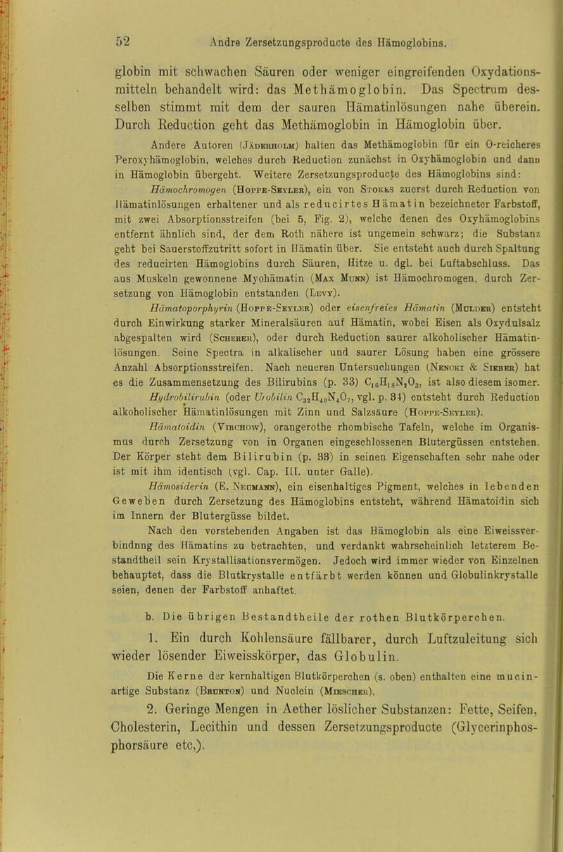globin mit schwachen Säuren oder weniger eingreifenden Oxydations- mitteln behandelt wird: das Methämoglobin. Das Spectrum des- selben stimmt mit dem der sauren Hämatinlösungen nahe überein. Durch Reduction geht das Methämoglobin in Hämoglobin über. Andere Autoren (Jäderholm) halten das Methämoglobin für ein O-reicheres Peroxyhämoglobin, welches durch Reduction zunächst in Oxyhämoglobin und dann in Hämoglobin übergeht. Weitere Zersetzungsproducte des Hämoglobins sind: Hämochromogen (Hoppe-Seyler), ein von Stokes zuerst durch Reduction von llämatinlösungen erhaltener und als reducirtes Hämatin bezeichneter Farbstoff, mit zwei Absorptionsstreifen (bei 5, Fig. 2), welche denen des Oxyhämoglobins entfernt ähnlich sind, der dem Roth nähere ist ungemein schwarz; die Substanz geht bei Sauerstoffzutritt sofort in Hämatin über. Sie entsteht auch durch Spaltung des reducirten Hämoglobins durch Säuren, Hitze u. dgl. bei Luftabschluss. Das aus Muskeln gewonnene Myohämatin (Max Munn) ist Hämochromogen, durch Zer- setzung von Hämoglobin entstanden (Levy). Hämatoporphyrin (Hoppe-Seyler) oder eisenfreies Hämatin (Mülder) entsteht durch Einwirkung starker Mineralsäuren auf Hämatin, wobei Eisen als Oxydulsalz abgespalten wird (Scherer), oder durch Reduction saurer alkoholischer Hämatin- lösungen. Seine Spectra in alkalischer und saurer Lösung haben eine grössere Anzahl Absorptionsstreifen. Nach neueren Untersuchungen (Nencki & Sieber) hat es die Zusammensetzung des Bilirubins (p. 33) C16H|SNj03, ist also diesem isomer. Hydrobilirubin (oder Urobilin C3,H40N4O7, vgl. p. 31) entsteht durch Reduction alkoholischer Hämatinlösungen mit Zinn und Salzsäure (Hoppe-Seyler). Hämatoidin (Virchow), orangerothe rhombische Tafeln, welche im Organis- mus durch Zersetzung von in Organen eingeschlossenen Blutergüssen entstehen. Der Körper steht dem Bilirubin (p. 33) in seinen Eigenschaften sehr nahe oder ist mit ihm identisch (.vgl. Cap. III. unter Galle). Hämosiderin (E. Neomann), ein eisenhaltiges Pigment, welches in lebenden Geweben durch Zersetzung des Hämoglobins entsteht, während Hämatoidin sich im Innern der Blutergüsse bildet. Nach den vorstehenden Angaben ist das Hämoglobin als eine Eiweissver- bindnng des Hämatins zu betrachten, und verdankt wahrscheinlich letzterem Be- standtheil sein Krystallisationsvermögen. Jedoch wird immer wieder von Einzelnen behauptet, dass die Blutkrystalle entfärbt werden können und Globulinkrystalle seien, denen der Farbstoff anhaftet. b. Die übrigen Bestandtheile der rothen Blutkörperchen. 1. Ein durch Kohlensäure fällbarer, durch Luftzuleitung sich wieder lösender Eiweisskörper, das Globulin. Die Kerne der kernhaltigen Blutkörperchen (s. oben) enthalten eine mucin- artige Substanz (Brunton) und Nuclein (Mieschek). 2. Geringe Mengen in Aether löslicher Substanzen: Fette, Seifen, Cholesterin, Lecithin und dessen Zersetzungsproducte (Glycerinphos- phorsäure etc,).