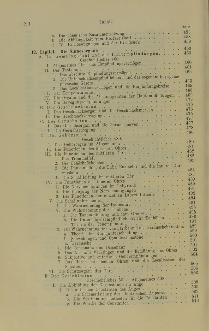 Seite A a. Die chemische Zusammensetzung • b. Die Abhängigkeit vom Blutkremlauf^,^^ 4-q c Die Hirnbewegungen und der Ilirndiuc 459 460 Geschichtliches 460. L Allgemeines über das Empfindungsvermögen 460 II. Der* Tastsinn. ••••■•• L 4r,Q 1. Das absolute Empfindungsvermögen .... 400 2. Die Unterschiedsempfindlichkeit und das sogenannte ps>cho- phvsische Gesetz. . . • • • • • • • • • • ',' ' ' ' .ß(- 3. Das Localisationsvermögen und die Empfindungskreise . . 46j HI Der Temperatursinn j ‘ ,rn IV. Die Organe und die Abhängigkeiten der Hautempfindungen. . 469 V. Die Bewegungsempfindungen B. Der Geschmackssinn I. Das Geschmacksorgan und die Geschmacksnerven ir. Die Geschmackserregung * ^ C. Der Geruchssinn I. Das Geruchsorgan und die Geruchsnerven II. Die Geruchserregung 4g() D. Der Gehörssinn . . Geschichtliches 480. I. Das Gehörorgan im Allgemeinen II. Die Functionen des äusseren Ohres III. Die Functionen des mittleren Ohres ^ 1. Das Trommelfell .gq 2. Die Gehörknöchelchen • • • ■ ; • • ‘ ' 3. Die Paukenhöhle, die Tuba Eustachu und die innereu Ohr- ^ muskeln 4S7 4. Die Schallleitung im mittleren Ohr IV. Die Functionen des inneren Ohres. _ 1. Die Nervenendigungen im Labyrinth 2. Die Erregung der Nervenendigungen . . 3. Die Functionen der einzelnen Labyrinththeue V. Die Schallwahrnehmung . . • • .g4 1. Die Wahrnehmung der Intensität ^ 2. Die Wahrnehmung der Tonhöhe , a. Die Tonempfindung und ihre Grenzen . b. Die Unterschiedsempfindlichkeit für Tonhohen .... ^ c. Theorie der Tonempfindung . . • • • „• • • • • * - ,'qq 3. Die Wahrnehmung der Klangfarbe und des Gerauschcharacters ^ a. Theorie der Klangunterscheidung rqq b. Schwebungen und Combinationstöne c. ‘Geräusche fjQj 4. Die Consonanz und Dissonanz . . • • • ■ • • • * * * ' 'rfl9 5. Das An- und Verklingen und die Ermüdung des Ohres . . J 6. Subiective und entotische Gehörempfindungen • • • • • 7. Das Hören mit beiden Ohren und die Localisation des ^ Schalles -q6 VI. Die Schutzorgane des Ohres E. Der Gesichtssinn • Geschichtliches 506. Allgemeines 508. I. Die Abbildung der Gegenstände im Auge ?q,j 1. Die optischen Constanten des Auges ' a Die Schematisirung des dioptrischen Apparats .... b. Die Bestimmungsmethoden für die Constanten .... •> c. Die Werthe der Constanten J