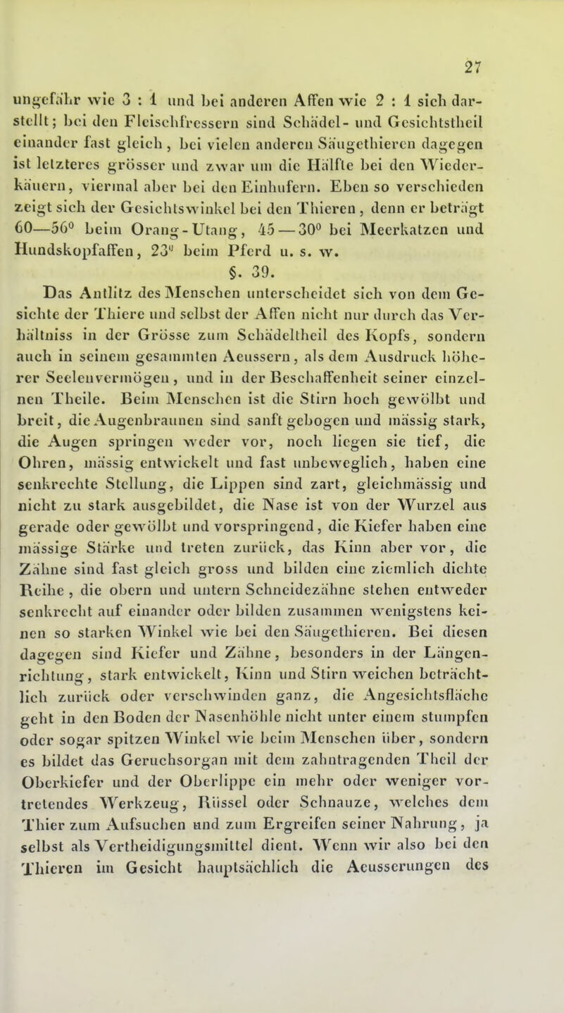 ungefähr wie 3 : 1 und bei anderen Affen wie 2 : 1 sich dar- stellt; bei den Fleischfressern sind Schädel- und Gesichtstheil einander fast gleich, bei vielen anderen Säugethiercn dagegen ist letzteres grösser und zwar um die Hälfte bei den Wieder- käuern, viermal aber bei den Einhufern. Eben so verschieden zeigt sich der Gesichtswinkel bei den Thieren , denn er beträgt 60—56^ beim Orang-Utang, 45 — 30*^ bei Meerkatzen und HundskopfafTen, 23 beim Pferd u. s. w. §. 39. Das Antlitz des Menschen unterscheidet sich von dem Ge- sichte der Thiere und selbst der Affen nicht nur durch das Ver- hältiiiss in der Grösse zum Schädeltheil des Kopfs, sondern auch in seinem gesammten Aeussern, als dem Ausdruck höhe- rer Seelenvermögeu , und in der Beschaffenheit seiner einzel- nen Theile. Beim IMenschen ist die Stirn hoch gewölbt und breit, die Augenbraunen sind sanft gebogen und mässig stark, die Augen springen weder vor, noch liegen sie tief, die Ohren, massig entwickelt und fast unbeweglich, haben eine senkrechte Stellung, die Lippen sind zart, gleichmässig und nicht zu stark ausgebildet, die Nase ist von der Wurzel aus gerade oder gewölbt und vorspringend, die Kiefer haben eine inässige Stärke und treten zurück, das Kinn aber vor, die Zähne sind fast gleich gross und bilden eine ziemlich dichte Reihe , die obern und untern Schneidezähne stehen entweder senkrecht auf einander oder bilden zusammen wenigstens kei- nen so starken Winkel wie bei den Säugethiercn. Bei diesen dagegen sind Kiefer und Zähne, besonders in der Längen- richlung, stark entwickelt, Kinn und Stirn weichen beträcht- lich zurück oder verschwinden ganz, die Angesichtsflächc geht in den Boden der Nasenhöhle nicht unter einem stumpfen oder sogar spitzen Winkel wie beim Menschen über, sondern es bildet das Geruchsorgan mit dem zahntragenden Theil der Oberkiefer und der Oberlippe ein mehr oder weniger vor- tretendes Werkzeug, Rüssel oder Schnauze, welches dcui Thier zum Aufsuchen und zum Ergreifen seiner Nahrung, ja selbst als Vertheidigungsmiltel dient. Wenn wir also bei den Thieren im Gesicht hauptsächlich die Acusscrungcn des