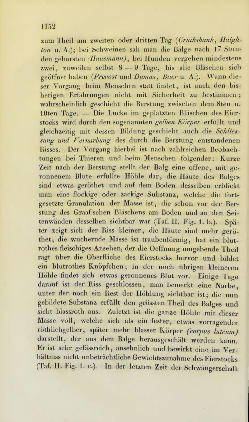 zum Tlieil am zweiten oder dritten Tag (Cruikshank, Haigh- ton u. A.); bei Schweinen sah man die Bälge nach 17 Stun- den geborsten (Hausmann), bei Hunden vergehen mindestens zwei, zuweilen selbst 8 — 9 Tage, bis alle Bläschen sich geöffnet haben {Prevost und Dumas, Baer u. A.). Wann die- ser Vorgang beim Menschen statt findet, ist nach den bis- herigen Erfahrungen nicht mit Sicherheit zu bestimmen; wahrscheinlich geschieht die Berstung zwischen dem 8ten u. lOten Tage. — Die Lücke im geplatzten Bläschen des Eier- stocks wird durch den sogenannten gelben Körper erfüllt und gleichzeitig mit dessen Bildung geschieht auch die Schlies- sung und Vernarbung des durch die Berstung entstandenen Risses. Der Vorgang hierbei ist nach zahlreichen Beobach- tungen bei Thieren und beim Menschen folgender: Kurze Zeit nach der Berstung stellt der Balg eine offene, mit ge- ronnenem Blute erfüllte Höhle dar, die Häute des Balges sind etwas geröthet und auf dem Boden desselben erblickt man eine flockige oder zackige Substanz, welche die fort- gesetzte Granulation der Masse ist, die schon vor der Ber- stung des Graaf'schen Bläschens am Boden und an den Sei- tenwänden desselben sichtbar war (Taf. II. Fig. 1. b.). Spä- ter zeigt sich der Riss kleiner, die Häute sind mehr gerö- thet, die wuchernde Masse ist traubenförmig, hat ein blut- rothes fleischiges Ansehen, der die Oeffnung umgebende Theil ragt über die Oberfläche des Eierstocks hervor und bildet ein blutrothes Knöpfchen; in der noch übrigen kleineren Höhle findet sich etwas geronnenes Blut vor. Einige Tage darauf ist der Riss geschlossen, man bemerkt eine Narbe, unter der noch ein Rest der Höhlung sichtbar ist; die nun gebildete Substanz erfüllt den grössten Theil des Balges und sieht blassroth aus. Zuletzt ist die ganze Höhle mit dieser Masse voll, welche sich als ein fester, etwas vorragender röthlichgelber, später mehr blasser Körper (corpus luteum) darstellt, der aus dem Balge herausgeschält werden kann. Er ist sehr gefässreich, ansehnlich und bewirkt eine im Ver- hältniss nicht unbeträchtliche Gewichtszunahme des Eierstocks (1 af. II. Fig- 1- c.). In der letzten Zeit der Schwangerschaft