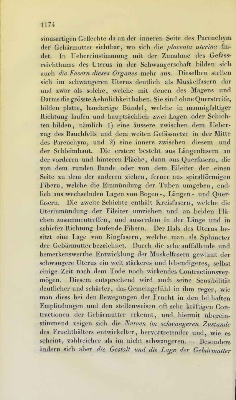 sinusartigen Geflechte da an der inneren Seite des Parenchym der Gebärmutter sichtbar, wo sich die placeiita uterina fin- det. In Uebereinstimmung mit der Zunahme des Gefäss- reichthums des Uterus in der Schwangerschaft bilden sich auch die Fasern dieses Organes mehr aus. Dieselben stellen sich im schwangeren Uterus deutlich als Muskelfasern dar und zwar als solche, welche mit denen des Magens und Darms die grösste Aehnlichkeit haben. Sie sind ohne Querstreife, bilden platte, bandartige Bündel, welche in mannigfaltiger Richtung laufen und hauptsächlich zwei Lagen oder Schich- ten bilden, nämlich 1) eine äussere zwischen dem Ueber- zug des Bauchfells und dem weiten Gefässnetze in der Mitte des Parenchym, und 2) eine innere zwischen diesem und der Schleimhaut. Die erstere besteht aus Längenfasern an der vorderen und hinteren Fläche, dann aus Querfasern, die von dem runden Bande oder von dem Eileiter der einen Seite zu dem der anderen ziehen, ferner aus spiralförmigen Fibern, welche die Einmündung der Tuben umgeben, end- lich aus wechselnden Lagen von Bogen-, Längen- und Quer- fasern. Die zweite Schichte enthält Kreisfasern, welche die Uterinmündung der Eileiter umziehen und an beiden Flä- chen Zusammentreffen, und ausserdem in der Länge und in schiefer Richtung laufende Fibern. Der Hals des Uterus be- sitzt eine Lage von Ringfasern, welche man als Sphincter der Gebärmutter bezeichnet. Durch die sehr auffallende und bemerkenswerthe Entwicklung der Muskelfasern gewinnt der schwangere Uterus ein weit stärkeres und lebendigeres, selbst einige Zeit nach dem Tode noch wirkendes Contractionsver- mögen. Diesem entsprechend wird auch seine Sensibilität deutlicher und schärfer, das Gemeingefühl in ihm reger, wie man diess bei den Bewegungen der Frucht in den lebhaften Empfindungen und den stellenweisen oft sehr kräftigen Con- tractionen der Gebärmutter erkennt, und hiermit überein- stimmend zeigen sieh die Nerven im schwangeren. Zustande des Fruchthälters entwickelter, hervortretender und, wie es scheint, zahlreicher als im nicht schwangeren. — Besonders ändern sich aber die Gestalt und die Lage der Gebärmutter