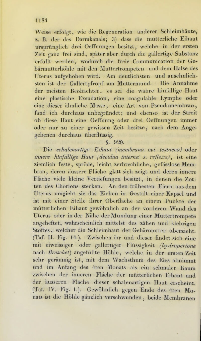 Weise erfolgt, wie die Regeneration anderer Schleimhäute, z. 13. der des Darmkanals; 3) dass die mütterliche Eihaut ursprünglich drei Oeffnungen besitzt, welche in der ersten Zeit ganz frei sind, später aber durch die gallertige Substanz erfüllt werden, wodurch die freie Communication der Ge- bärmutterhöhle mit den Muttertrompeten und dem Halse des Uterus aufgehoben wird. Am deutlichsten und ansehnlich- sten ist der Gallertpfropf am Muttermund. Die Annahme der meisten Beobachter, es sei die wahre hinfällige Haut eine plastische Exsudation, eine coagulable Lymphe oder eine dieser ähnliche Masse, eine Art von Pseudomembran, fand ich durchaus unbegründet; und ebenso ist der Streit ob diese Haut eine Oeffnung oder drei Oeffnungen immer oder nur zu einer gewissen Zeit besitze, nach dem Ange- gebenen durchaus überflüssig. §. 929. Die schalenartige Eihaut (membrana ovi testacea) oder innere hinfällige Haut (decidua interna s. reflexa), ist eine ziemlich feste, spröde, leicht zerbrechliche, gefässlose Mem- bran, deren äussere Fläche glatt sich zeigt und deren innere Fläche viele kleine Vertiefungen besitzt, in denen die Zot- ten des Chorions stecken. An den frühesten Eiern aus dem Uterus umgiebt sie das Eichen in Gestalt einer Kapsel und ist mit einer Stelle ihrer Oberfläche an einem Punkte der mütterlichen Eihaut gewöhnlich an der vorderen Wand des Uterus oder in der Nähe der Mündung einer Muttertrompete angeheftet, wahrscheinlich mittelst des zähen und klebrigen Stoffes, welcher die Schleimhaut der Gebärmutter überzieht. (Taf. II. Fig. 14.). Zwischen ihr und dieser findet sich eine mit eiweissiger oder gallertiger Flüssigkeit (liydroperione nach Breschet) angefüllte Höhle, welche in der ersten Zeit sehr geräumig ist, mit dem Wachsthum des Eies abnimmt und im Anfang des 4ten Monats als ein schmaler Raum zwischen der inneren Fläche der mütterlichen Eihaut und der äusseren Fläche dieser schalenartigen Haut erscheint. (Taf. IV. Fig. 1.). Gewöhnlich gegen Ende des 4ten Mo- nats ist die Höhle gänzlich verschwunden, beide Membranen