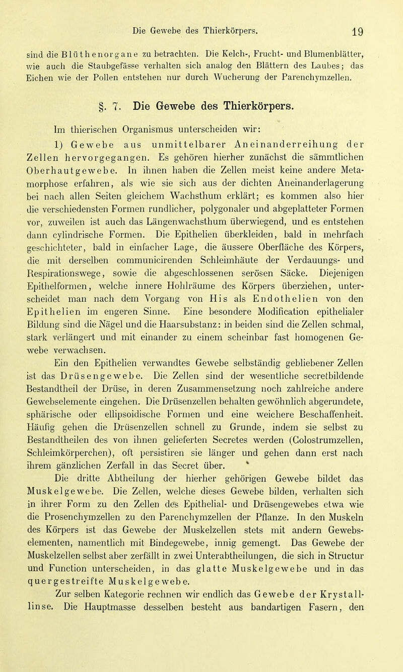 sind die Blüthenorgane zu betrachten. Die Kelch-, Frucht- und Blumenblätter, wie auch die Staubgefässe verhalten sich analog den Blättern des Laubes; das Eichen wie der Pollen entstehen nur durch Wucherung der Parenchymzellen. §. 7. Die Gewebe des Thierkörpers. Im thierischen Organismus unterscheiden wir: 1) Gewebe aus unmittelbarer Aneinanderreihung der Zellen hervorgegangen. Es gehören hierher zunächst die sämmtlichen Oberhautgewebe. In ihnen haben die Zellen meist keine andere Meta- morphose erfahren, als wie sie sich aus der dichten Aneinanderlagerung bei nach allen Seiten gleichem Wachsthum erklärt; es kommen also hier die verschiedensten Formen rundlicher, polygonaler und abgeplatteter Formen vor, zuweilen ist auch das Längenwachsthum überwiegend, und es entstehen dann cylindrische Formen. Die Epithelien überkleiden, bald in mehrfach geschichteter, bald in einfacher Lage, die äussere Oberfläche des Körpers, die mit derselben communicirenden Schleimhäute der Verdauungs- und Respirationswege, sowie die abgeschlossenen serösen Säcke. Diejenigen Epithelformen, welche innere Hohlräume des Körpers überziehen, unter- scheidet man nach dem Vorgang von His als Endothelien von den Epithelien im engeren Sinne. Eine besondere Modification epithelialer Bildung sind die Nägel und die Haarsubstanz: in beiden sind die Zellen schmal, stark verlängert und mit einander zu einem scheinbar fast homogenen Ge- webe verwachsen. Ein den Epithelien verwandtes Gewebe selbständig gebliebener Zellen ist das Drüsenge webe. Die Zellen sind der wesentliche secretbildende Bestandtheil der Drüse, in deren Zusammensetzung noch zahlreiche andere Gewebselemente eingehen. Die Drüsenzellen behalten gewöhnlich abgerundete, sphärische oder eUipsoidische Formen und eine weichere Beschaffenheit. Häufig gehen die Drüsenzellen schnell zu Grunde, indem sie selbst zu Bestandtheilen des von ihnen gelieferten Secretes werden (Golostrumzellen, Schleimkörperchen), oft persistiren sie länger und gehen dann erst nach ihrem gänzlichen Zerfall in das Secret über. ' Die dritte Abtheilung der hierher gehörigen Gewebe bildet das Muskelgewebe. Die Zellen, welclie dieses Gewebe bilden, verhalten sich in ihrer Form zu den Zellen des Epithelial- und Drüsengewebes etwa wie die Prosenchym Zellen zu den Parenchymzellen der Pflanze. In den Muskeln des Körpers ist das Gewebe der Muskelzellen stets mit andern Gewebs- elementen, namenthch mit Bindegewebe, innig gemengt. Das Gewebe der Muskelzellen selbst aber zerfällt in zwei Unterabtheilungen, die sich in Structur und Function unterscheiden, in das glatte Muskelgewebe und in das quergestreifte Muskelgewebe. Zur selben Kategorie rechnen wir endlich das Gewebe derKrystall- linse. Die Hauptmasse desselben besteht aus bandartigen Fasern, den