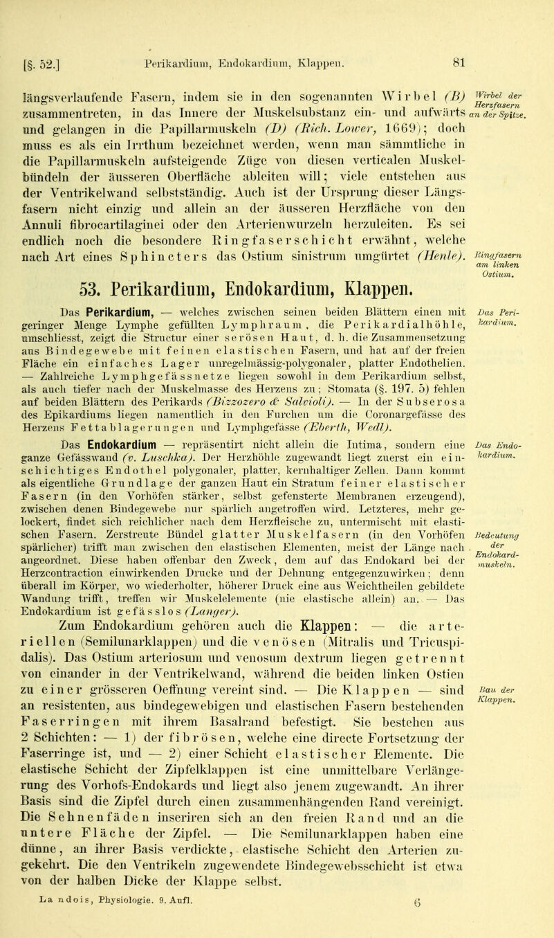 [§. 52.] längsverlaufende Fasern, indem sie in den sog'enannten Wirbel (B) zusammentreten, in das Innere der Muskelsubstanz ein- und aufwärts und gelangen in die Papillarmuskeln (D) (Rieh. Loiver, 1669); doch muss es als ein Irrthum bezeichnet werden, wenn man sämmtliche in die Papillarmuskeln aufsteigende Züge von diesen verticalen Muskel- büAdeln der äusseren Oberfläche ableiten will; viele entstehen aus der Ventrikelwand selbstständig. Auch ist der Ursprung dieser Längs- fasern nicht einzig und allein an der äusseren Herzfläche von den Annuli fibrocartilaginei oder den Arterienwurzeln herzuleiten. Es sei endlich noch die besondere Ringfaser schiebt erwähnt, welche nach Art eines Sphincters das Ostium sinistrum umgürtet (Henle). 53. Perikardiiim, Endokardinm, Klappen. Das Perikardiiim, — welches zwischen seinen beiden Blättern einen mit geringer Menge Lymphe gefüllten Lj^mphrauni, die Perikardialhöhle, mnschliesst, zeigt die Strnctnr einer serösen Hant, d. h. die Znsammensetznng ans Bindegewebe mit feinen elastischen Fasern, und hat auf der freien Fläche ein einfaches Lager nnregehnässig-polygonaler, platter Endothelien. — Zahlreiche Lymphgefässnetze liegen sowohl in dem Perikardium selbst, als auch tiefer nach der Muskelmasse des Herzens zu; Stomata (§. 197. 5) fehlen auf beiden Blättern des Perikards (Bizzozero & Saloioli). — In der Subserosa des Epikardiums liegen namentlich in den Furchen um die Coronargefässe des Herzens Fettablagerungen und Lymphgefässe (^^'ö^rf/?; Wedl). Das Endokardium — repräsentirt nicht allein die Litima, sondern eine ganze Gefässwand (^-y. iwscMo^. Der Herzhöhle zugewandt liegt zuerst ein ein- schichtiges Endothel polygonaler, platter, kernhaltiger Zellen. Dann kommt als eigentliche Grundlage der ganzen Haut ein Stratum feiner elastischer Fasern (in den Vorhöfen stärker, selbst gefensterte Membranen erzeugend), zwischen denen Bindegewebe nur spärlich angetrotfen wird. Letzteres, mehr ge- lockert, findet sich reichlicher nach dem Herzfleische zu, untermischt mit elasti- schen Fasern. Zerstreute Bündel glatter Muskelfasern (in den Vorhöfen spärlicher) trifft man zwischen den elastischen Elementen, meist der Länge nach angeordnet. Diese haben offenbar den Zweck, dem auf das Endokard bei der Herzcontraction einwirkenden Drucke und der Dehnung entgegenzuwirken; denn überall im Körper, wo wiederholter, höherer Druck eine aus Weichtlieilen gebildete Wandung trifft, treffen wir Muskelelemente (nie elastische allein) au. — Das Endokardium ist g e f ä s s 1 o s (Langer). Zum Endokardium gehören auch die Klappen: — die a r t e- rieilen (Semilunarklappenj und die venösen (Mitralis und Tricuspi- dalis). Das Ostium arteriosum und venosum dextrum liegen getrennt von einander in der Ventrikelwand, während die beiden linken Ostien zu einer grösseren Oeöhung vereint sind. — Die Klappen — sind an resistenten, aus bindegewebigen und elastischen Fasern bestehenden Faserringen mit ihrem Basalrand befestigt. Sie bestehen aus 2 Schichten: — 1) der fibrösen, Avelche eine directe Fortsetzung der Faserringe ist, und — 2) einer Schicht elastischer Elemente. Die elastische Schicht der Zipfelklappen ist eine unmittelbare Verlänge- rung des Vorhofs-Endokards und liegt also jenem zugewandt. .An ihrer Basis sind die Zipfel durch einen zusammenhängenden Rand vereinigt. Die Sehnenfäden inseriren sich an den freien Rand und an die untere Fläche der Zipfel. — Die Semilunarklappen haben eine dünne, an ihrer Basis verdickte, elastische Schicht den Arterien zu- gekehrt. Die den Ventrikeln zugewendete Bindegewebsschicht ist etwa von der halben Dicke der Klappe selbst. La ndois, Physiologie. 9. Aufl. ß Wirbel der Herzfasern an der Spitze. liingfasern am linken Ostium. Das Peri- kardium. Das Endo- kardium. Bedeutung der Endokard- muskeln. Bau der Klappen.