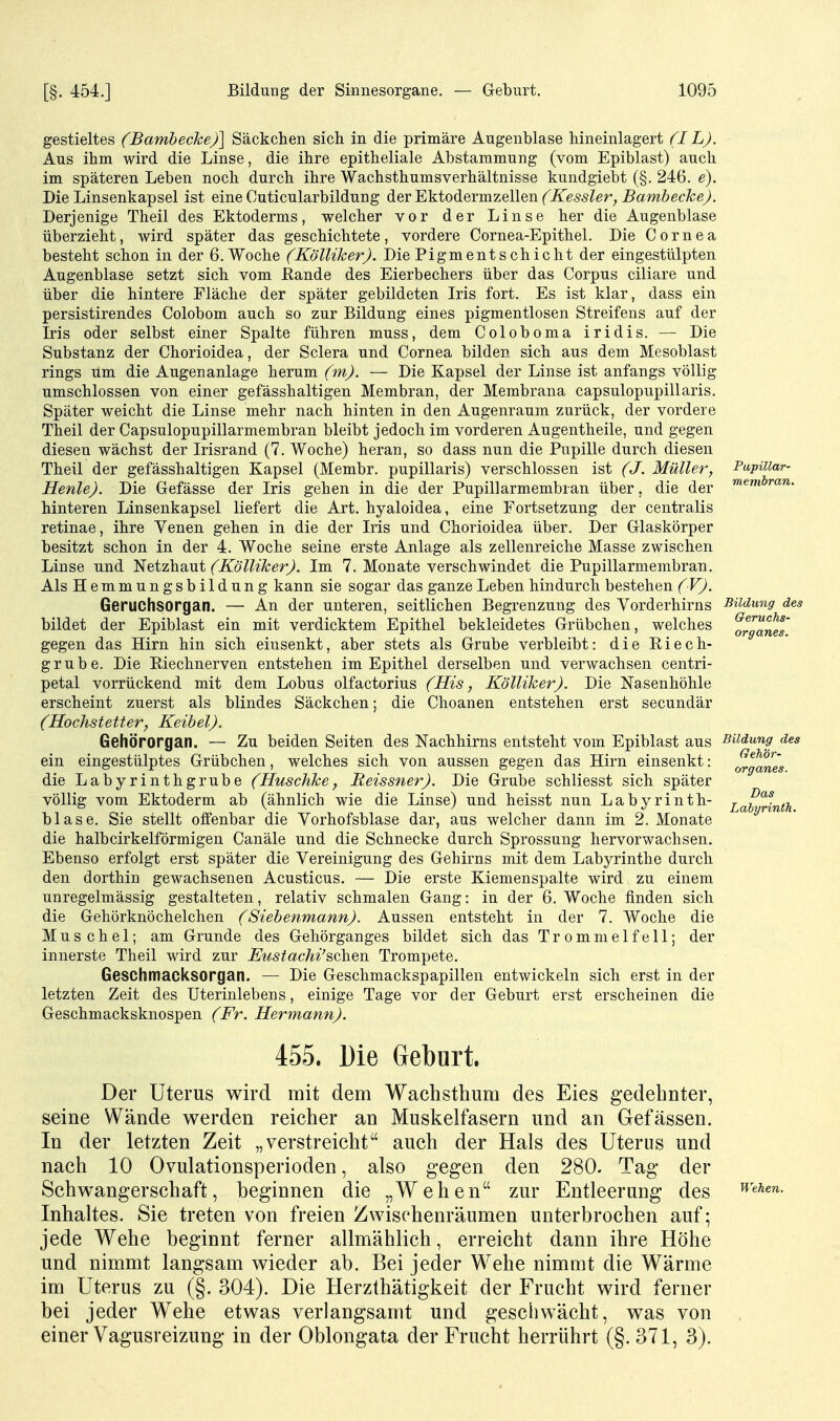 gestieltes (Bambecke)] Säckchen sich in die primäre Augenblase hineinlagert (IL). Aus ihm wird die Linse, die ihre epitheliale Abstammung (vom Epiblast) auch im späteren Leben noch durch ihre Wachsthumsverhältnisse kundgiebt (§. 246. e). Die Linsenkapsel ist eine Cuticularbildung dL&c WisXodieimzQWQ'a. (Kessler, Bamhecke). Derjenige Theil des Ektoderms, welcher vor der Linse her die Augenblase überzieht, wird später das geschichtete, vordere Cornea-Epithel. Die Cornea besteht schon in der 6. Woche (Kölliker). Die Pigment schicht der eingestülpten Augenblase setzt sich vom Rande des Eierbechers über das Corpus ciliare und über die hintere Fläche der später gebildeten Iris fort. Es ist klar, dass ein persistirendes Colobom auch so zur Bildung eines pigmentlosen Streifens auf der Iris oder selbst einer Spalte führen muss, dem Coloboma iridis. — Die Substanz der Chorioidea, der Sclera und Cornea bilden sich aus dem Mesoblast rings um die Augenanlage herum (m). — Die Kapsel der Linse ist anfangs völlig umschlossen von einer gefässhaltigen Membran, der Membrana capsulopupillaris. Später weicht die Linse mehr nach hinten in den Augenraum zurück, der vordere Theil der Capsulopupillarmembran bleibt jedoch im vorderen Augentheile, und gegen diesen wächst der Irisrand (7. Woche) heran, so dass nun die Pupille durch diesen Theil der gefässhaltigen Kapsel (Membr. pupillaris) verschlossen ist (J. Müller, Henle). Die Gefässe der Iris gehen in die der Pupillarmembran über, die der hinteren Linsenkapsel liefert die Art. hyaloidea, eine Fortsetzung der centralis retinae, ihre Venen gehen in die der Iris und Chorioidea über. Der Glaskörper besitzt schon in der 4. Woche seine erste Anlage als zellenreiche Masse zwischen Linse und Netzhaut (Kölliker). Im 7. Monate verschwindet die Pupillarmembran. Als Hemmungsbildung kann sie sogar das ganze Leben hindurch bestehen (V). Geruchsorgan. — An der unteren, seitlichen Begrenzung des Yorderhirns bildet der Epiblast ein mit verdicktem Epithel bekleidetes Grübchen, welches gegen das Hirn hin sich einsenkt, aber stets als Grube verbleibt: die Riech- grube. Die Riechnerven entstehen im Epithel derselben und verwachsen centri- petal vorrückend mit dem Lobus olfactorius (His, Kölliker). Die Nasenhöhle erscheint zuerst als blindes Säckchen; die Choanen entstehen erst secundär (Hochstetter, Keibel). Gehörorgan. — Zu beiden Seiten des Nachhirns entsteht vom Epiblast aus ein eingestülptes Grübchen, welches sich von aussen gegen das Hirn einsenkt: die Labyrinthgrube (Huschke, Reissner). Die Grube schliesst sich später völlig vom Ektoderm ab (ähnlich wie die Linse) und heisst nun Labyrinth- blase. Sie stellt olfenbar die Vorhofsblase dar, aus welcher dann im 2. Monate die halbcirkelförmigen Canäle und die Schnecke durch Sprossung hervorwachsen. Ebenso erfolgt erst später die Vereinigung des Gehirns mit dem Labyrinthe durch den dorthin gewachsenen Acusticus. — Die erste Kiemenspalte wird zu einem unregelmässig gestalteten, relativ schmalen Gang: in der 6. Woche finden sich die Gehörknöchelchen (Siehenmann). Aussen entsteht in der 7. Woche die Muschel; am Grunde des Gehörganges bildet sich das Trommelfell; der innerste Theil wird zur Kustachi'schen Trompete. Geschmacksorgan. — Die Geschmackspapillen entwickeln sich erst in der letzten Zeit des Uterinlebens, einige Tage vor der Geburt erst erscheinen die Geschmacksknospen (Fr. Hermann). 455. Die Geburt Der Uterus wird mit dem Wachsthum des Eies gedehnter, seine Wände werden reicher an Muskelfasern und an Gefässen. In der letzten Zeit „verstreicht auch der Hals des Uterus und nach 10 Ovulationsperioden, also gegen den 280. Tag der Schwangerschaft, beginnen die „Wehen zur Entleerung des Inhaltes. Sie treten von freien Zwischenräumen unterbrochen auf; jede Wehe beginnt ferner allmählich, erreicht dann ihre Höhe und nimmt langsam wieder ab. Bei jeder Wehe nimmt die Wärme im Uterus zu (§. 304). Die Herzthätigkeit der Frucht wird ferner bei jeder Wehe etwas verlangsamt und geschwächt, was von einer Vagusreizung in der Oblongata der Frucht herrührt (§. 371, 3). Pupillar- membran. Bildung des Geruchs- organes. Bildung des Gefb'ör- organes. Das Labyrinth. Wehen.