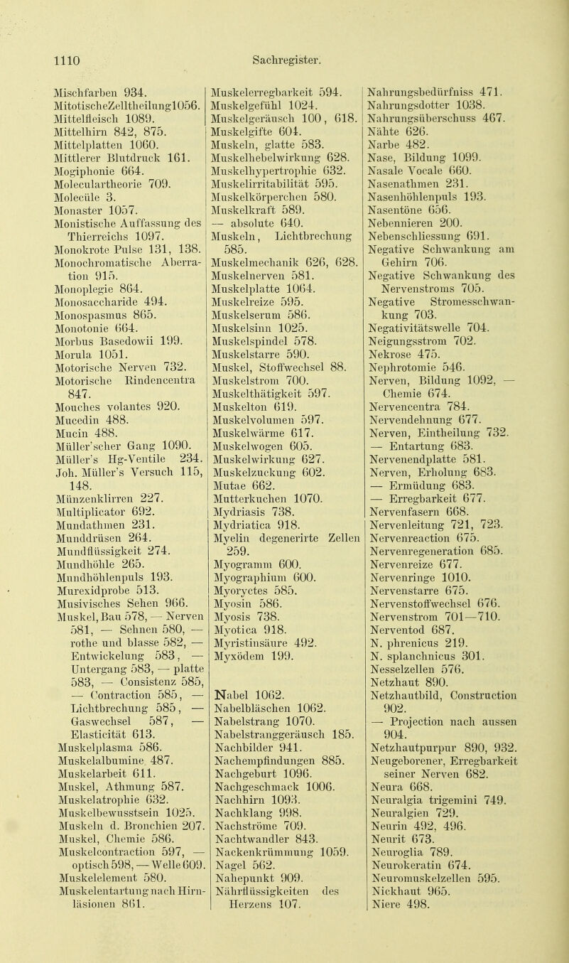 Mischfarben 934. MitotischeZelltheilnngl056. Mittelfleisch 1089. Mittelhirn 842, 875. Mittelplatten 1060. Mittlerer Blutdruck 161. Mogiphonie 664. Moleculartheorie 709. Molecüle 3. Monaster 1057. Monistische Auffassung des Thierreichs 1097. Monokrote Pulse 131, 138. Monochromatische Aberra- tion 915. Monoplegie 864. Monosaccharide 494. Monospasmus 865. Monotonie 664. Morbus Basedowii 199. Morula 1051. Motorische Nerven 732. Motorische Rindencentra 847. Mouches volantes 920. Mucedin 488. Mucin 488. Müller'scher Gang 1090. MüUer's Hg-Ventile 234. Joh. MüUer's Versuch 115, 148. Münzenklirren 227. Multiplicator 692. Mundatlmien 231. Munddrüsen 264. Mundüüssigkeit 274. Mundhöhle 265. Mundhöhlenpuls 193. Murexidprobe 513. Musivisches Sehen 966. Muskel, Bau 578, — Nerven 581, — Sehnen 580, — rothe und blasse 582, — Entwickelung 583, — Untergang 583, — platte 583, — Consistenz 585, — Contraction 585, — Lichtbrechung 585, — Gaswechsel 587, — Elasticität 613. Muskelplasma 586. Muskelalbumine 487. Muskelarbeit 611. Muskel, x\thmung 587. Muskel atrophie 632. Muskelbewusstsein 1025. Muskeln d. Bronchien 207. Muskel, Chemie 586. Muskel contraction 597, — optisch 598,—Welle 609. Muskelelement 580. Muskelentartung nach Hirn- läsionen 861. Muskelerregbarkeit 594. Muskel gefühl 1024. Muskelgeräusch 100, 618. Muskelgifte 604. Muskeln, glatte 583. Muskelhebelwirkung 628. Muskelhypertrophie 632. Muskelirritabilität 595. Muskelkörperchen 580. Muskelkraft 589. — absolute 640. Muskeln, Lichtbrechung 585. Muskelmechanik 626, 628. Muskelnerven 581. Muskelplatte 1064. Muskelreize 595. Muskelserum 586. Muskelsinn 1025. Muskelspindel 578. Muskelstarre 590. Muskel, Stoffwechsel 88. Muskelstrom 700. Muskelthätigkeit 597. Muskelton 619. Muskelvolumen 597. Muskelwärme 617. Muskelwogen 605. Muskelwirkung 627. Muskelzuckung 602. Mutae 662. Mutterkuchen 1070. Mydriasis 738. Mydriatica 918. Myelin degenerirte Zellen 259. Myogramm 600. Myographium 600. Myoryctes 585. Myosin 586. Myosis 738. Myotica 918. Myristinsäure 492. Myxödem 199. Nabel 1062. Nabelbläschen 1062. Nabelstrang 1070. Nabelstranggeräuscli 185. Nachbilder 941. Nachempfindungen 885. Nachgeburt 1096. Nachgeschmack 1006. Nachhirn 109H. Nachklang 998. Nachströme 709. Nachtwandler 843. Nackenkrümmung 1059. Nagel 562. Nahepunkt 909. Nährtl üssigkeiten des Herzens 107. Nahrungsbedürfniss 471. Nahrungsdotter 1038. Nahrungsüberschuss 467. Nähte 626. Narbe 482. Nase, Bildung 1099. Nasale Vocale 660. Nasenathmen 231. Nasenhöhlenpuls 193. Nasentöne 656. Nebennieren 200. Neben Schliessung 691. Negative Schwankung am Gehirn 706. Negative Schwankung des Nervenstroms 705. Negative Stromesschwan- kung 703. Negativitätswelle 704. Neigungsstrom 702. Nekrose 475. Nephrotomie 546. Nerven, Bildung 1092, — Chemie 674. Nervencentra 784. Nervendehnung 677. Nerven, Eintheilung 732. — Entartung 683. Nervenendplatte 581. Nerven, Erholung 683. — Ermüdung 683. — Erregbarkeit 677. Nervenfasern 668. Nervenleitung 721, 723. Nervenreaction 675. Nervenregeneration 685. Nervenreize 677. Nervenringe 1010. Nervenstarre 675. Nervenstoffwechsel 676. Nervenstrom 701—710. Nerventod 687. N. phrenicus 219. N. splanchnicus 301. Nesselzellen 576. Netzhaut 890. Netzhautbild, Construction 902. — Projection nach aussen 904. Netzhautpurpur 890, 932. Neugeborener, Erregbarkeit seiner Nerven 682. Neura 668. Neuralgia trigemini 749. Neuralgien 729. Neurin 492, 496. Neurit 673. Neuroglia 789. Neurokeratin 674. Neuromuskelzellen 595. Nickhaut 965. Niere 498.