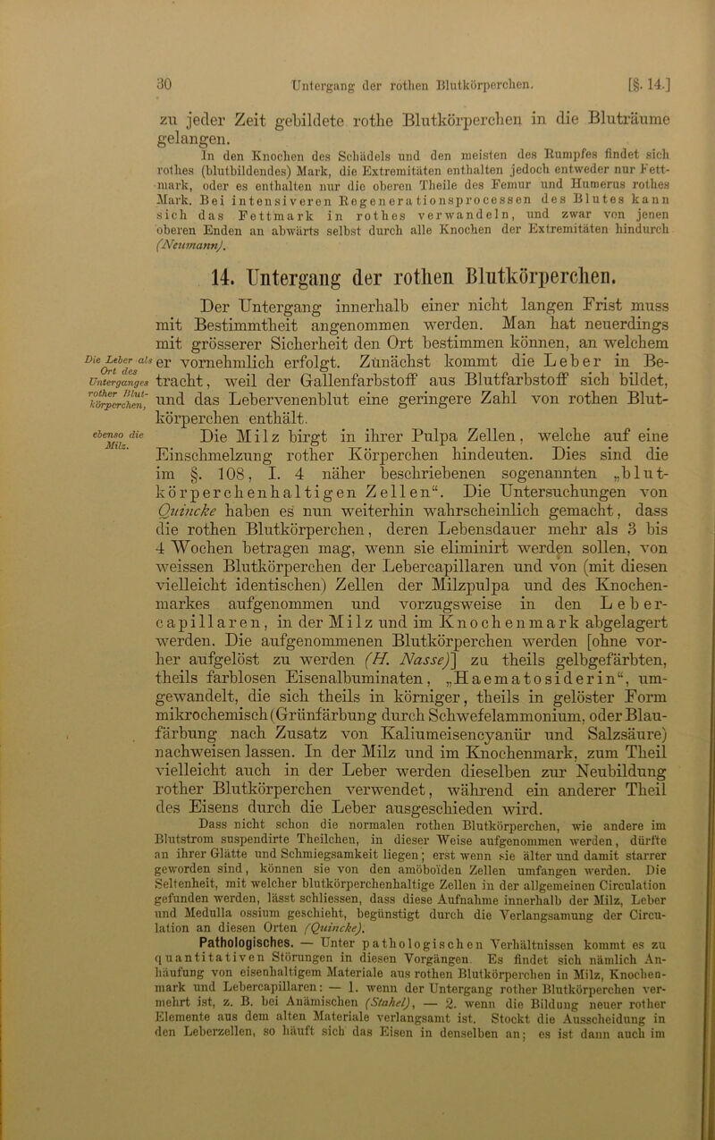 ZW jeder Zeit gebildete rothe BlutköriDercben in die Bluträume gelangen. In den Knochen des Schädels und den meisten des Rumpfes findet sieh rothes (blutbildendes) Mark, die Extremitäten enthalten jedoch entweder nur 1* ett- mark, oder es enthalten nur die oberen Theile des Femur und Humerus rothes Mark. Bei intensiveren RegenerationsiJrocessen des Blutes kann sich das Fettmark in rothes verwandeln, und zwar von jenen oberen Enden an abwärts selbst durch alle Knochen der Extremitäten hindurch (Neiimannj. 14. Untergang der rotlien Blutkörperchen. Der Untergang innerhalb einer nicht langen Fri.8t mu.ss mit Bestimmtheit angenommen werden. Man hat neuerdings mit grösserer Sicherheit den Ort bestimmen können, an welchem vornehmlich erfolgt. Zunächst kommt die Leber in Be- unt^gwgea tracht, weü der Gallenfarbstoff aus BlutfarbstofP sich bildet, Rnd das Lebervenenblut eine geringere Zahl von rothen Blut- körperchen enthält. Die Milz birgt in ihrer Pulpa Zellen, welche auf eine Einschmelzung rother Körperchen hindeuten. Dies sind die im §. 108, I. 4 näher beschriebenen sogenannten „blut- körperchenhaltigen Zellen“. Die Untersuchungen von Quincke haben es nun weiterhin wahrscheinlich gemacht, dass die rothen Blutkörperchen, deren Lebensdauer mehr als 3 bis 4 Wochen betragen mag, wenn sie eliminirt werden sollen, von weissen Blutkörj)erchen der Lebercapillaren und von (mit diesen vielleicht identischen) Zellen der Milzpulpa und des Knochen- markes aufgenommen und vorzugsweise in den Leber- capillaren, in der Milz und im Knochenmark abgelagert werden. Die aufgenommenen Blutkörperchen werden [ohne vor- her aufgelöst zu werden (H. Nasse)'] zu theils gelbgefärbten, theils farblosen Eisenalbuminaten, „Haematosiderin“, um- gewandelt, die sich theils in körniger, theils in gelöster Form mikrochemisch (Grünfärbung durch Schwefelammonium, oder Blau- färbung nach Zusatz von Kaliumeisencyanür und Salzsäure) nachweisen lassen. In der Milz und im Knochenmark, zum Theil vielleicht auch in der Leber werden dieselben zur Neubildung rother Blutkörperchen verwendet, während ein anderer Theil des Eisens durch die Leber ausgeschieden wird. Dass niclit schon die normalen rothen Blutkörperchen, wie andere im Blutstrom suspendirte Theilchen, in dieser Weise aufgenommen werden, dürfte an ihrer Glätte und Schmiegsamkeit liegen; erst wenn sie älter und damit starrer geworden sind, können sie von den amöboiden Zellen umfangen werden. Die Seltenheit, mit welcher blutkörperchenhaltige Zellen in der allgemeinen Circulation gefunden werden, lässt schliessen, dass diese Aufnahme innerhalb der Milz, Leber und Medulla ossium geschieht, begünstigt durch die Verlangsamung der Circu- lation an diesen Orten (Qtiincke). Pathologisches. — Unter pathologischen Verhältnissen kommt es zu quantitativen Störungen in diesen Vorgängen. Es findet sich nämlich An- häufung von eisenhaltigem Materiale aus rothen Blutkörperchen in Milz, Knochen- mark und Lebercapillaren; — 1, wenn der Untergang rother Blutkörperchen ver- mehrt ist, z. B. bei Anämischen (Stahel), — 2. wenn die Bildung neuer rother Elemente aus dem alten Materiale verlangsamt ist. Stockt die Ausscheidung in den Leberzellen, so häuft sich das Eisen in denselben an; es ist dann auch im