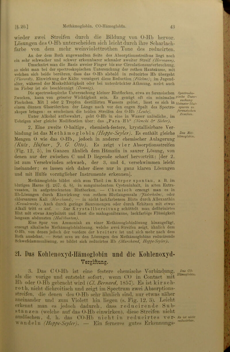 wieder zwei Streifen durch die Bildung- von 0-Hb hervor. Lösungen des U-Hb unterscheiden sich leiclit durch ihre Scliarlach- farbe von dem mehr weinviolettrothen Tone des reducirten. An der dem Roth zngewandten Seite des Absorptionsstreifens liegt noch ein sehr schwacher nnd schwer erkennbarer schmaler zweiter Streif (Hermami). Umschnürt man die Basis zweier Finger bis zur Circulationsunlerbrechung. so sieht man bei der spectroskopischen Untersuchung der rothen Hautsäuine, mit welchen sich beide berühren, dass das 0-HI) alsbald in reducirtes Hb übergeht (Vierordt). Einwirkung der Kälte verzögert diese Eeduction (Filehne)-^ im Jugend- alter, während der Muskelthätigkeit oder bei unterdrückter Athmung, meist auch im Fiebei’ ist sie beschleunigt (Dennig). Die specti-oskopische Untersuchung kleiner Blutflecken, etwa zu forensischen Spectroako- Zwecken, kann von grösster Wichtigkeit sein. Es genügt oft ein minimales Fleckchen. Mit 1 oder 2 Tropfen destillirten Wassers gelöst, lässt es sich va. ud^ter^iUut einem dünnen Glasröhrchen der Länge nach vor den engen Spalt des Spectro- spuren zu skopes bringen: es erscheinen die beiden Streifen des 0-Hb (Leube). Unter Alkohol auf bewahrt, geht 0-Hb in eine in AYasser unlösliche, im Uebrigen aber gleiche Modification über: das „Para Hb“ (Nencki 6^ Sieber). 2. Eine zweite 0-haltige, cliemiscli-festere, krystallisirbare Ver- bindung ist das M e t h ä m 0 g 10 b i n (Hoppe-Seyler). Es enthält gleiche Mengen 0 wie das 0-Hb, jedoch in anderer chemischer Anlagerung (Külz, Hüfner, J. G. Otto). Es zeigt vier Absorptionsstreifen (Fig. 12, 5), im Ganzen ähnlich dem Hämatin in saurer Lösung, von denen nur der zwi.schen C und D liegende scharf hervortritt: [der 2. ist zum Verschwinden schwach, der 3. und 4. verschwimmen leicht ineinander; es lassen sich daher diese nur in ganz klaren Lösungen und mit Hülfe vorzüglicher Instrumente erkennen]. Methämoglobin bildet sich zum Theil im K ör per spon tan , z B. im blutigen Harne (§. Z67. 6. b), in sanguinolentem Cysteuinhalt, in alten Extra- vasaten, in aufgetrockneten Blutborken. — Chemisch erzeugt man es in Hl>-Lösungen durch Einwirkung von rothem Blutlaugensalz ^Jäderholm), oder chlorsaurem Kali 'Maichandj, — in nicht lackfarbenem Blute durch Alloxanthiu Koivalewsky). Auch durch gei’inge Säuremengen oder durch Erhitzen mit etwas Alkali tritt es auf. — Zur Krysta 11 bereitung schüttelt man deflbrinirtes Blut mit etwas Amylnitrit und lässt die mahagonibraune, lackfarbige Flüssigkeit langsam abdunsten (HalHbnrton). Eine Spur von Ammoniak zu einer Methämoglobinlösung hinzugefügt, erzeugt alkalische Methämoglobinlösung, w^elche zwei Streifen zeigt, ähnlich dem 0-Hb, von denen jedoch der vordere der breitere ist und sich mehr nach dem Roth ausdehnt. — Setzt man zu den Jjösungen des Methämoglobins reducirende Schwefelammonlösung, so bildet sich reducirtes Hb (Marchand, Hoppe-Seyler). 21 Das Kohl eil oxyd-Hämoglobiii und die Kohlenoxyd- Vergiftung. 3. Las C ()-Hl) ist eine festere chemische Vorhindnng, (lo- als die vorige und entsteht sofort, wenn ('() in Contact mit Hb oder 0-Hb gebracht wird (CI. Bernard, 1857). Es ist kir Sch- rot h, nicht dicliroitiscli nnd zeigt im S[)ectrnm zwei Absorptions- streifen. die denen des 0-H1> sehr älinlich sind, mir etwas näher aneinander nnd znm A^’iolett hin liegen (s. Fig. 12. 3). Leicht erkennt man es jedoch dadurch, dass reducirende Sub- stanzen fwelclie auf das O-Hb einwirken), diese Streifen niclit anslö.schen, d. h. das CO-Hl) nielit in reducirtes ver- «x wcai wandeln (Hoppe-Seyler). — Ein ferneres gutes Frkennungs-