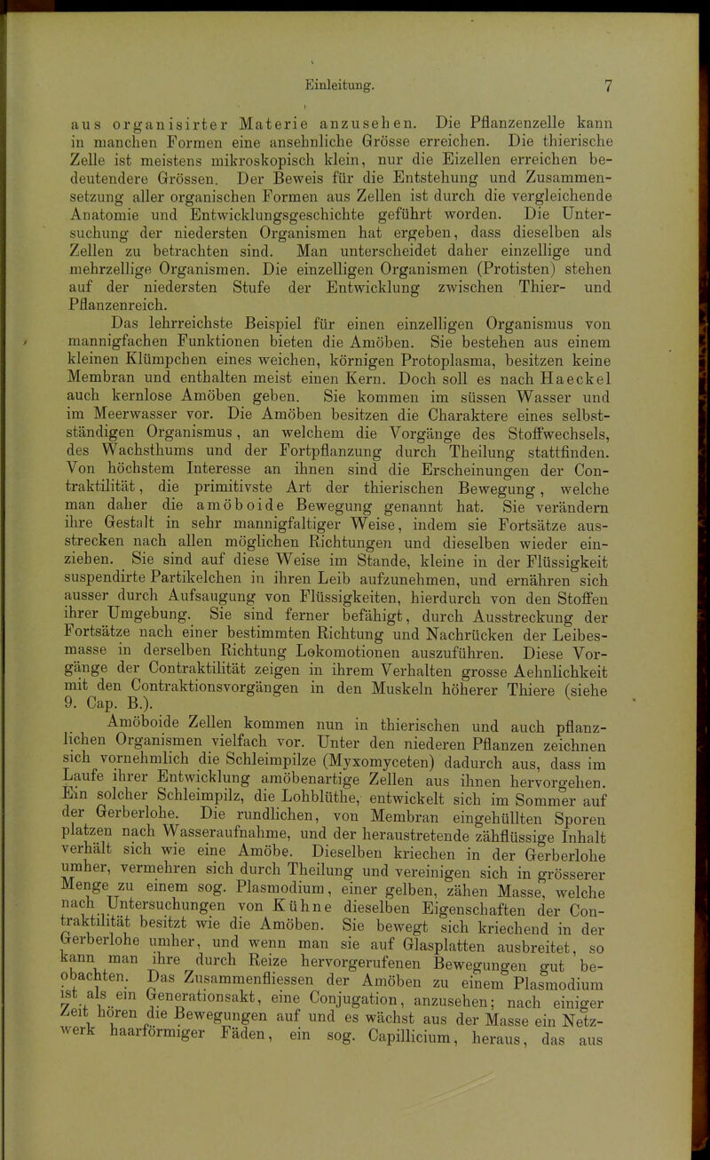 aus Organisirter Materie anzusehen. Die Pflanzenzelle kann in manchen Formen eine ansehnliche Grösse erreichen. Die thierische Zelle ist meistens mikroskopisch klein, nur die Eizellen erreichen be- deutendere Grössen. Der Beweis für die Entstehung und Zusammen- setzung aller organischen Formen aus Zellen ist durch die vergleichende Anatomie und Entwicklungsgeschichte geführt worden. Die Unter- suchung der niedersten Organismen hat ergeben, dass dieselben als Zellen zu betrachten sind. Man unterscheidet daher einzellige und mehrzellige Organismen. Die einzelligen Organismen (Protisten) stehen auf der niedersten Stufe der Entwicklung zwischen Thier- und Pflanzenreich. Das lehrreichste Beispiel für einen einzelligen Organismus von mannigfachen Funktionen bieten die Amöben. Sie bestehen aus einem kleinen Klümpchen eines weichen, körnigen Protoplasma, besitzen keine Membran und enthalten meist einen Kern. Doch soll es nach Haeckel auch kernlose Amöben geben. Sie kommen im süssen Wasser und im Meerwasser vor. Die Amöben besitzen die Charaktere eines selbst- ständigen Organismus, an welchem die Vorgänge des Stoffwechsels, des Wachsthums und der Fortpflanzung durch Theilung stattfinden. Von höchstem Interesse an ihnen sind die Erscheinungen der Con- traktilität, die primitivste Art der thierischen Bewegung, welche man daher die amöboide Bewegung genannt hat. Sie verändern ihre Gestalt in sehr mannigfaltiger Weise, indem sie Fortsätze aus- strecken nach allen möglichen flichtungen und dieselben wieder ein- ziehen. Sie sind auf diese Weise im Stande, kleine in der Flüssigkeit suspendirte Partikelchen in ihren Leib aufzunehmen, und ernähren sich ausser durch Aufsaugung von Flüssigkeiten, hierdurch von den Stoffen ihrer Umgebung. Sie sind ferner befähigt, durch Ausstreckung der Fortsätze nach einer bestimmten Richtung und Nachrücken der Leibes- masse in derselben Richtung Lokomotionen auszuführen. Diese Vor- gänge der Contraktilität zeigen in ihrem Verhalten grosse Aehnlichkeit mit den Contraktionsvorgängen in den Muskeln höherer Thiere (siehe 9. Cap. B.). Amöboide Zellen kommen nun in thierischen und auch pflanz- lichen Organismen vielfach vor. Unter den niederen Pflanzen zeichnen sich vornehmlich die Schleimpilze (Myxomyceten) dadurch aus, dass im Laufe ihrer Entwicklung amöbenartige Zellen aus ihnen hervorgehen. Em solcher Schleimpilz, die Lohblüthe, entwickelt sich im Sommer auf der Gerberlohe. Die rundlichen, von Membran eingehüllten Sporen platzen nach Wasseraufnahme, und der heraustretende zähflüssige Lihalt verhalt sich wie eine Amöbe. Dieselben kriechen in der Gerberlohe umher, vermehren sich durch Theilung und vereinigen sich in grösserer Menge zu einem sog. Plasmodium, einer gelben, zähen Masse, welche nach Untersuchungen von Kühne dieselben Eigenschaften der Con- traktilität besitzt wie die Amöben. Sie bewegt sich kriechend in der Gerberlohe umher, und wenn man sie auf Glasplatten ausbreitet, so kann man ihre durch Reize hervorgerufenen Bewegungen gut be- obachten. Das Zusammenfliessen der Amöben zu einem Plasmodium ist als em Generationsakt, eine Conjugation, anzusehen; nach einiger Zeit hören die Bewegungen auf und es wächst aus der Masse ein Netz- werk haarformiger Fäden, ein sog. Capillicium, heraus, das aus