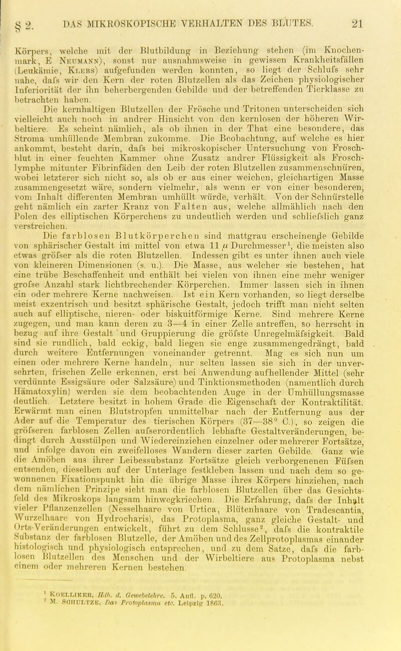 §2. Xörpei's, welche mit der BlutLildun;? in Beziehung stehen (im Knochen- mark, E Nkumann), sonst nur ausnahmsweise in gewissen Krankheitsfällen (Leukämie, Klkbs) aufgefunden w^erden konnten, so liegt der Schlufs sehr nahe, dal's wir den Korn der roten Blutzellen als das Zeichen physiologischer Inferiorität der ihn beherbergenden Gebilde und der betreffenden Tierklasse zu betrachten haben. Die kernhaltigen Blutzellen der Frösche und Tritonen unterscheiden sich vielleicht auch noch in andrer Hinsicht von den kernlosen der höheren Wir- beltiere. Es scheint nämlich, als ob ihnen in der That eine besondere, das Stroma umhüllende Membran zukomme. Die Beobachtung, auf welche es hier ankommt, besteht darin, dafs bei mikroskopischer Untersuchung von Frosch- l)lut in einer feuchten Kammer ohne Zusatz andrer Flüssigkeit als Frosch- lymphe mitunter Fibrinfäden den Leib der roten Blutzellen zusammenschnüren, wobei letzterer sich nicht so, als ob er aus einer weichen, gleichartigen Masse zusammengesetzt wäre, sondern vielmehr, als wenn er von einer besonderen, vom Inhalt difterenten Membran umhüllt würde, verhält. Von der Schnürstelle geht nämlich ein zarter Kranz von Falten aus, welche allmählich nach den Polen des elliiitischen Körpercliens zu undeutlich werden und schliefslich ganz verstreichen. Die farblosen Blutkörperchen sind iliattgrau erscheinende Gebilde von sphärischer Gestalt irrt mittel von etwa 11,« Durchmesser \ die meisten also etwas gi-öfser als die roten Blutzellen. Indessen gibt es unter ihnen auch viele von kleineren Dimensionen (s. u.). Die Masse, aus welcher sie bestehen, hat eine trübe Beschaffenheit und enthält bei vielen von ihnen eine mehr weniger grofse Anzahl stark lichtbrechender Körperchen. Immer lassen sich in ihnen ein oder mehrere Kerne nachweisen. Ist ein Kern vorhanden, so liegt derselbe meist exzentrisch und besitzt sphärische Gestalt, jedoch trifft man nicht selten auch auf elliptische, nieren- oder biskuitförmige Kerne. Sind mehrere Kerne zugegen, und man kann deren zu 3—4 in einer Zelle antreffen, so herrscht in bezug auf ihre Gestalt und Gruppierung die gröfste Unregelmäfsigkeit. Bald sind sie rundlich, bald eckig, bald liegen sie enge zusammengedrängt, bald durch weitere Entfernungen voneinander getrennt. Mag es sich nun um einen oder mehrere Kerne handeln, nur selten lassen sie sich in der unver- sehrten, frischen Zelle erkennen, erst bei Anwendung aufhellender Mittel (sehr verdünnte Essigsäure oder Salzsäure) und Tinktionsmethoden (namentlich durch Hämatoxylin) werden sie dem beobachtenden Auge in der ümhüllungsmasse deutlich. Letztere besitzt in hohem Grade die Eigenschaft der Kontraktilität. Erwärmt man einen Blutstropfen iinmittelbar nach der Entfernung aus der Ader auf die Temperatur des tierischen Körpers (37—38° C), so zeigen die gröfseren farblosen Zellen aufserordentlich lebhafte Gestaltveränderungen, be- dingt durch Ausstülpen und Wiedereinziehen einzelner oder mehrerer Fortsätze, und infolge davon ein zweifelloses Wandern dieser zarten Gebilde. Ganz wie die Amöben aus ihrer licibessubstanz Fortsätze gleich verborgenenen Füfsen (mtscnden, dieselben auf der Unterlage festkleben lassen und nach dem so ge- wonnenen Fixationspunkt hin die übrige Masse ihres Körpers hinziehen, nach dem nämlichen Prinzipe sieht man die farblosen Blutzellen über das Gesichts- feld des Mikroskops langsam hinwegkriechen. Die Erfahrung, dafs der Inhalt vieler Pflanzenzollen (Nesselhaare von Urtica, Blütenhaare von Tradescantia, Wurzelhaare von Hydrocharis), das Protoplasma, ganz gleiche Gestalt- und C)rts-Veränderungen entwickelt, führt zu dem Schlüsse'-', dafs die kontraktile Substanz der farblosen Blutzelle, der Amöben und des Zellprotoplasmas einander histologisch und physiologisch entsprechen, und zu dem Satze, dafs die farb- losen Blutzellen fies Menschen und der Wirbeltiere aus Protoplasma nebst einem oder mehreren Kernen bestehen. ' KOKLLIKEn, nuh. d. Gewehctelire. 5. Aull. p. 020. M. SOIIUI.TZE, nai Protoplasma etc. Leipzi); ISfiS.