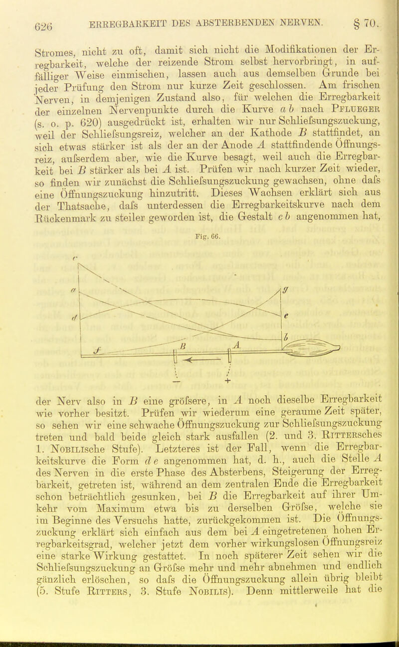 62G Stromes, nicht zu oft, damit sich nicht die Modifikationen der Er- i-eo-harkeit, welche der reizende Strom selbst hervorbringt, in auf- fäFliö-er Weise einmischen, lassen auch aus demselben Grunde bei jeder Prüfung den Strom nur kurze Zeit geschlossen. Am frischen Nerven, in demjenigen Zustand also, für welchen die Erregbarkeit der einzelnen Nervenpunkte durch die Kurve a h nach Pfluegbr (s. 0. p. 620) ausgedrückt ist, erhalten wir nur Schliefsungszuckung, weil der Schliefsungsreiz, welcher an der Kathode B stattfindet, an sich etwas stärker ist als der an der Anode Ä stattfindende Öfihungs- reiz, aufserdem aber, wie die Kurve besagt, weil auch die Erregbar- keit bei B stärker als bei A ist. Prüfen wir nach kurzer Zeit wieder, so finden wir zunächst die Schliefsungszuckung gewachsen, ohne dafs eine Öflfnungszuckung hinzutritt. Dieses Wachsen erklärt sich aus der Thatsache, dafs unterdessen die Erregbarkeitskurve nach dem Rückenmark zu steiler geworden ist, die Gestalt c h angenommen hat, Flg. G6. r der Nerv also in B eine gröfsere, in A noch dieselbe Erregbarkeit Avie vorher besitzt. Prüfen wir wiederum eine geraume Zeit später, so sehen wir eine scbwache Öfifnungszuckung zur Schliefsungszuckung treten und bald beide gleich stark ausfallen (2. und 3. RiTTERSches 1. NoBiLische Stufe). Letzteres ist der Fall, wenn die Erregbar- keitskurve die Poi-m de angenommen hat, d. h., auch die Stellet des Nerven in die erste Phase des Absterbens, Steigerung der Erreg- barkeit, getreten ist, während an dem zentralen Ende die En-egbarkeit schon beträchtlich gesunken, bei B die Erregbarkeit auf ihrer Uni- kehr vom Maximum etwa bis zu derselben Gröfse, welche sie im Beginne des Versuchs hatte, zurückgekommen ist. Die Offnungs- zuckung erklärt sich einfach aus dem bei A eingetretenen hohen Er- regbarkeitsgrad, welcher jetzt dem vorher wirkungslosen Öffnungsreiz eine starke Wirkung gestattet. In noch späterer Zeit sehen wir die Schliefsungszuckung an Gröfse mehr und mehr abnehmen und endlich gänzlich erlöschen, so dafs die Öfi'nungszuckung allein übrig bleibt (5. Stufe Ritters, 3. Stufe Nobilis). Denn mittlerweile hat die