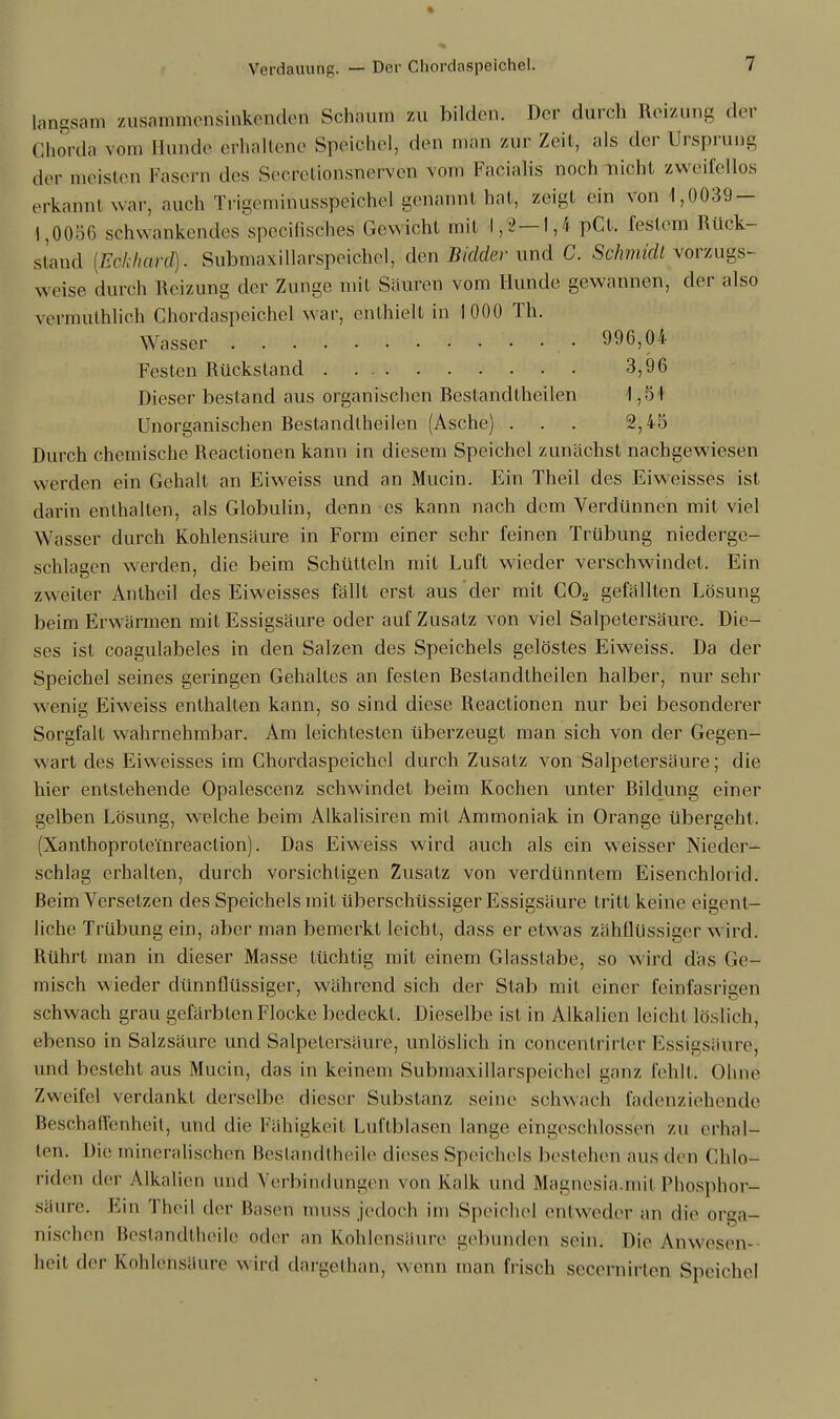 langsam zusammensinkenden Schaum zu bilden. Der durch Reizung der Chorda vom Hunde erhaltene Speichel, den man zur Zeil, als der Ursprung der meisten Fasern des Secretionsnerven vom Facialis noch nicht zweifellös erkannt war, auch Trigemihusspeichel genannt hat, zeigt ein von 1,0039 — 1,0056 schwankendes speeifisehes Gewicht mit 1,2—1,4 pCt. festem Rück- stand [Eckhard). Submaxillarspeichel, den Bidder und C. Schmidt vorzugs- weise durch Heizung der Zunge mit Sauren vom Hunde gewannen, der also vermuthlich Chordaspeichel war, enthielt in 1000 Th. Wasser 996,04 Festen Rückstand 3,96 Dieser bestand aus organischen Beslandlheilen 4,54 Unorganischen Restandlheilen (Asche) . . . 2,45 Durch chemische Reactionen kann in diesem Speichel zunächst nachgewiesen werden ein Gehalt an Eiweiss und an Mucin. Ein Theil des Eiweisses ist darin enthalten, als Globulin, denn es kann nach dem Verdünnen mit viel Wasser durch Kohlensäure in Form einer sehr feinen Trübung niederge- schlagen werden, die beim Schütteln mit Luft wieder verschwindet. Ein zweiter Antheil des Eiweisses fällt erst aus der mit C03 gefällten Lösung beim Erwärmen mit Essigsäure oder auf Zusatz von viel Salpetersäure. Die- ses ist coagulabeles in den Salzen des Speichels gelöstes Eiweiss. Da der Speichel seines geringen Gehaltes an festen Restandtheilen halber, nur sehr wenig Eiweiss enthalten kann, so sind diese Reactionen nur bei besonderer Sorgfalt wahrnehmbar. Am leichtesten überzeugt man sich von der Gegen- wart des Eiweisses im Chordaspeichel durch Zusatz von Salpetersäure; die hier entstehende Opalescenz schwindet beim Kochen unter Rildung einer gelben Lösung, welche beim Alkalisiren mit Ammoniak in Orange übergeht. (Xanthoprotei'nreaclion). Das Eiweiss wird auch als ein weisser Nieder- schlag erhalten, durch vorsichtigen Zusatz von verdünntem Eisenchlorid. Reim Versetzen des Speichels mit überschüssiger Essigsäure tritt keine eigent- liche Trübung ein, aber man bemerkt leicht, dass er etwas zähflüssiger Wird. Rührt man in dieser Masse tüchtig mit einem Glasstabe, so wird das Ge- misch w ieder dünnflüssiger, während sich der Stab mit einer feinfasrigen schwach grau gefärbten Flocke bedeckt. Dieselbe ist in Alkalien leicht löslich, ebenso in Salzsäure und Salpetersäure, unlöslich in concentrirter Kssigsäure, und besieht aus Mucin, das in keinem Submaxillarspeichel ganz Fehlt. Ohne Zweifel verdankt derselbe dieser Substanz seine schwach fadenziehende Beschaffenheit, und die Fähigkeit Luftblasen lange eingeschlossen zu erhal- ten. Die mineralischen Bestandtheile dieses Speichels bestehen aus den Chlo- riden der Alkalien und Verbindungen von Kalk und Magnesia.mil Phosphor- säure. Ein Theil der Hasen muss jedoch im Speichel entweder an die orga- nischen Bestandtheile oder an Kohlensäure gebunden sein. Die Anwesen- beil der Kohlensäure wird dargethan, wenn man frisch secernirten Speichel