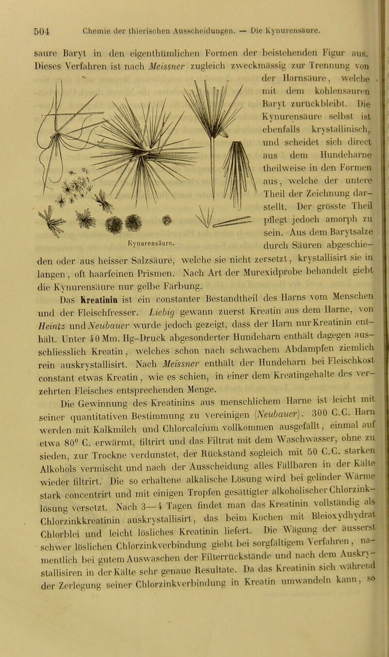 saure Baryt in den eigentümlichen Formen der beistehenden Figur aus. Dieses Verfahren ist nach Meissner zugleich zweckmässig zur Trennung von der Harnsaure, welche . mit dem kohlensauren Baryt zurückbleibt. Die Kynurensäure selbst ist ebenfalls krystalünisch, und scheidet sich direct aus dem Hundeharne theilweise in den Formen aus, welche der untere Theil der Zeichnung dar- stellt. Der grösste Theil pflegt jedoch amorph zu sein. Aus dem Barytsalze Kynurensäure. durch Säuren abgeschie- den oder aus heisser Salzsäure, welche sie nicht zersetzt, krystallisirt sie m langen , oft haarfeinen Prismen. Nach Art der Murexidprobe behandelt giebt die Kynurensäure nur gelbe Färbung. Das Kreatiuiü ist ein eonstanter Bestandtheil des Harns vom Metischeij und der Fleischfresser. Liebig gewann zuerst Kreatin aus dem Harne, von Heintz und Neubauer wurde jedoch gezeigt, dass der Harn nur Kreatinin ent- hält. Unter 40 Mm. Hg-Druck abgesonderter Hundeharn enthält dagegen aus- schliesslich Kreatin, welches schon nach schwachem Abdampfen ziemlich rein auskrystallisirt. Nach Meissner enthält der Hundeharn bei Fleischkost constant etwas Kreatin , wie es schien, in einer dem Kreatingehalte des ver- zehrten Fleisches entsprechenden Menge. Die Gewinnung des Kreatinins aus menschlichem Harne ist leicht mit seiner quantitativen Bestimmung zu vereinigen (Neubauer). 300 G.C. Harn werden mit Kalkmilch und Chlorcalcium vollkommen ausgefällt, einmal auf etwa 80° C. erwärmt, filtrirt und das Fütrat mit dem Waschwasser, ohne zu sieden, zur Trockne verdunstet, der Bückstand sogleich mit 50 CG. starken Alkohols vermischt und nach der Ausscheidung alles Fällbaren in der Kälte wieder filtrirt. Die so erhaltene alkalische Lösung wird bei gelinder \S ärme stark concentrirt und mit einigen Tropfen gesättigter alkoholischer Chlorzink- lösung versetzt. Nach 3-4 Tagen findet man das Kreatinin vollständig als Chlorzinkkreatinin auskrystallisirt, das beim Kochen mit Bleioxydhydrat Chlorblei und leicht lösliches Kreatinin liefert. Die Wägung der äusserst schwer löslichen Chlorzinkverbindung giebt bei sorgfältigem Verfahren na- mentlich bei gutem Auswaschen der Filterrückstände und nach dem Auskry- stallisiren in der Kälte sehr genaue Resultate. Da das Kreatinin sich wahrend der Zerlegung seiner Chlorzinkverbindung in Kreatin umwandeln kann, so