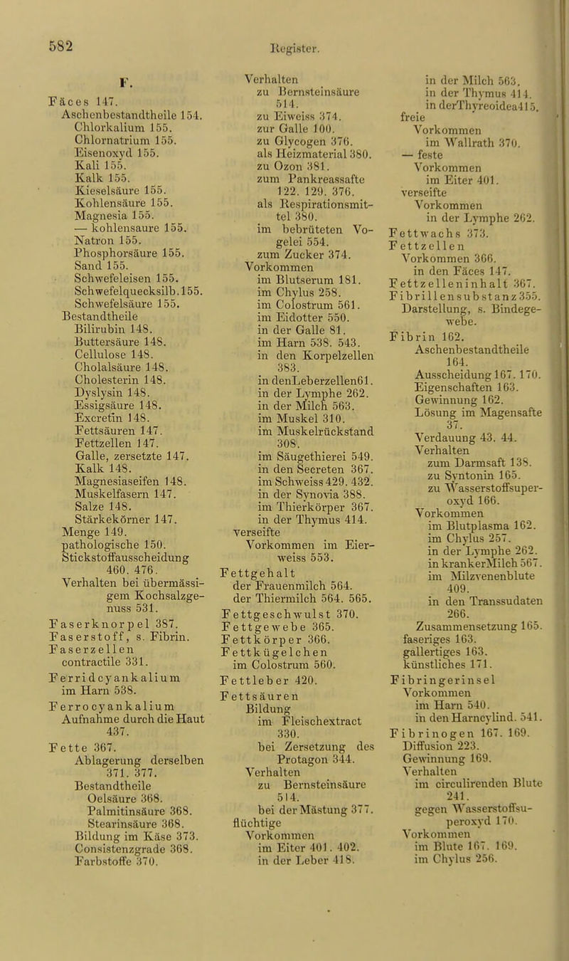 F. Fäces 147. Asohenbestandtheüe 154. Chlorkalium 155. Chlornatrium 155. Eisenoaiyd 155. Kali 155. Kalk 155. Kieselsäure 155. Kohlensäure 155. Magnesia 155. — kohlensaure 155. Natron 155. Phosphorsäure 155. Sand 155. Schwefeleisen 155. Schwefelquecksilb. 155. Schwefelsäure 155. Bestandteile Bilirubin 148. Buttersäure 148. Cellulose 148. Cholalsäure 148. Cholesterin 148. Dyslysin 148. Essigsäure 148. Excretin 148. Fettsäuren 147. Eettzellen 147. Galle, zersetzte 147. Kalk 148. _ Magnesiaseifen 148. Muskelfasern 147. Salze 148. Stärkekörner 147. Menge 149. pathologische 150. StickstofFausscheidung 460. 476. Verhalten bei übermässi- gem Kochsalzge- nuss 531. Faserknorpel 387. Faserstoff, s. Fibrin. Faserz eilen contractile 331. Ferridcyankalium im Harn 538. Ferro eyankalium Aufnahme durch die Haut 437. Fette 367. Ablagerung derselben 371. 377. Bestandtheile Oelsäure 368. Palmitinsäure 368. Stearinsäure 368. Bildung im Käse 373. Consistenzgrade 368. Farbstoffe 370. Verhalten zu Bernsteinsäure 514. zu Eiweiss 374. zur Galle fOO. zu Glycogen 376. als Heizmaterial 380. zu Ozon 381'. zum Pankreassafte 122. 129. 376. als Ilespirationsmit- tel 380. im bebrüteten Vo- gelei 554. zum Zucker 374. Vorkommen im Blutserum 181. im Chylus 258. im Colostrum 561. im Eidotter 550. in der Galle 81. im Harn 538. 543. in den Korpelzellen 383. in denLeberzellenöl. in der Lymphe 262. in der Milch 563. im Muskel 310. im Muskelrückstand 308. im Säugethierei 549. in den Secreten 367. im Schweiss429.432. in der Synovia 388. im Thierkörper 367. in der Thymus 414. Verseifte Vorkommen im Eier- weiss 553. Fettgehalt der Frauenmilch 564. der Thiermilch 564. 565. Fettgeschwulst 370. Fettgewebe 365. Fettkörper 366. Fettkügelchen im Colostrum 560. Fettleber 420. Fettsäuren Bildung im Fleischextract 330. bei Zersetzung des Protagon 344. Verhalten zu Bernsteinsäure 514. bei der Mästung 377. flüchtige Vorkommen im Eiter 401. 402. in der Leber 418. in der Milch 563. in der Thymus 414. in derThyreoidea415. freie Vorkommen im Wallrath 370. — feste Vorkommen im Eiter 401. verseifte Vorkommen in der Lymphe 202. Fettwachs 373. Fettzcllen Vorkommen 366. in den Fäces 147. Fettzelleninhalt 367. Fibrillen Substanz 355. Darstellung, s. Bindege- webe. Fibrin 162. Aschenbestandtheile 164. Ausscheidung 167.170. Eigenschaften 163. Gewinnung 162. Lösung im Magensafte 37. Verdauung 43. 44. Verhalten zum Darmsaft 138. zu Syntonin 165. zu Wasserstoffsuper- oxyd 166. Vorkommen im Blutplasma 162. im Chylus 257. in der Lymphe 202. in krankerMilch 567. im Milzvenenblute 409. in den Transsudaten 266. Zusammensetzung 165. faseriges 163. gallertiges 163. künstliches 171. Fibringerinsel Vorkommen im Harn 540. in den Harncylind. 541. Fibrinogen 167. 169. Diffusion 223. Gewinnung 169. Verhalten im circulirenden Blute 241. gegen Wasserstoffsu- peroxyd 170. Vorkommen im Blute 167. 169. im Chylus 256.