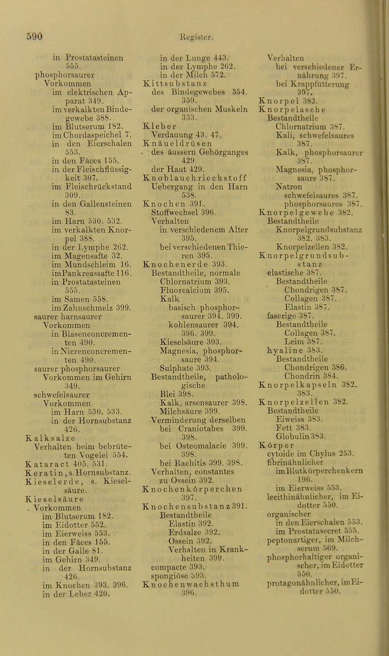 in Prostatasteinen 555. phosphorsaurer Vorkommen im elektrischen Ap- parat 349. im verkalkten Binde- gewebe 388. im Blutserum 1S2. im Chordaspeichel 7. in den Eierschalen 553. in den Fäces 155. in der Fleischflüssig- keit 307. im Fleischrückstand 309. in den Gallensteinen 83. im Harn 530. 532. im verkalkten Knor- pel 3S8. in der Lymphe 262. im Magensafte 32. im Mundschleim 16. imPankreassafte 116. in Prostatasteinen 555. im Samen 558. im Zahnschmelz 399. saurer harnsaurer Vorkommen in Blasenconcremen- ten 490. in Nierenconcremen- ten 490. saurer phosphorsaurer Vorkommen im Gehirn 349. schwefelsaurer Vorkommen im Harn 530. 533. in der Hornsubstanz 426. Kalksalze Verhalten beim bebrüte- ten Vogelei 554. Kataract 405. 531. Keratin, s. Hornsubstanz. Kieselerde, s. Kiesel- säure. Kieselsäure . Vorkommen im Blutserum 182. im Eidotter 552. im Eierweiss 553. in den Fäces 155. in der Galle 81. im Gehirn 349. in der Hornsubstanz 426. im Knochen 393. 396. in der Leber 420. in der Lunge 443. in der Lymphe 262. in der Milch 572. Kittsubstan /, des Bindegewebes 354. 359. der organischen Muskeln 333. Kleber Verdauung 43. 47. Knäueldrüsen • des äussern Gehörganges 429. der Haut 429. Knoblauch riech stoff Uebergang in den Harn 538. Knochen 391. Stoffwechsel 396. Verhalten in verschiedenem Alter 395. bei verschiedenen Thie- ren 395. Knochenerde 393. Bestandtheile, normale Chlornatrium 393. Fluorcalcium 395. Kalk basisch phosphor- saurer 394. 399. kohlensaurer 394. 396. 399. Kieselsäure 393. Magnesia, phosphor- saure 394. Sulphate 393. Bestandtheile, patholo- gische Blei 398. Kalk, arsensaurer 39S. Milchsäure 399. Verminderung derselben bei Craniotabes 399. 398. bei Osteomalacie 399. 398. bei Rachitis 399. 398. Verhalten, constantes zu Ossein 392. Knochenkör perchen 397. Knochen Substanz 391. Bestandtheile Elastin 392. Erdsalze 392. Ossein 392. Verhalten in Krank- heiten 399. compacte 393. spongiöse 393. Knochenwachsthum 396. Verhalten bei verschiedener Er- nährung 397. bei Krappfütterung 397. Knorpel 382. Knorpelasche Bestandtheile Chlornatrium 3S7. Kali, schwefelsaures 3S7. Kalk, phosphorsaurer 387. Magnesia, phosphor- saure 387. Natron schwefelsaures 3S7. phosphorsaures 387. Knorpelgewebe 382. Bestandtheile Knorpelgrundsubstanz 382. 383. Knorpelzellen 382. Knorpelgrundsub- stanz elastische 387. Bestandtheile Chondrigen 387. Collagen 387. Elastin 387. faserige 387. Bestandtheile Collagen 387. Leim 387. hyaline 383. Bestandtheile Chondrigen 386. Chondrin 3S4. Knorpelkapseln 3S2. 383. Knorpelzellen 382. Bestandtheile Eiweiss 383. Fett 383. Globulin 3S3. Körper cytoide im Chylus 253. fibrinähnlicher im Blutkörperchenkern 196. im Eierweiss 553. lecithinähnlicher, im Ei- dotter 550. organischer in den Eierschalen 553. im Prostatasecret 555. peptonartiger, im Milch- serum 569. phosphorhaltiger organi- scher, im Eidotter 550. protagonähnlicher, imEi- dotter 550.