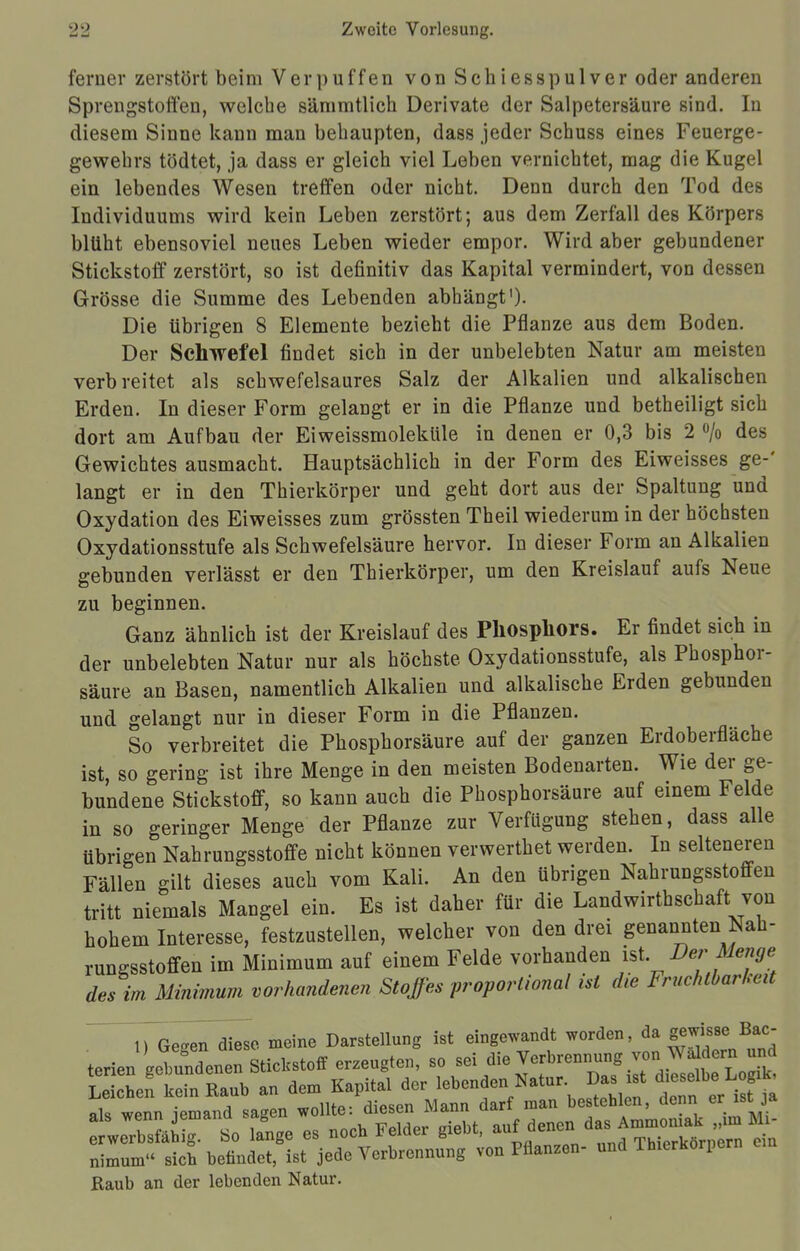 ferner zerstört beim Verpuffen von Schiesspulver oder anderen Sprengstoffen, welche sämmtlich Derivate der Salpetersäure sind. In diesem Sinne kann man behaupten, dass jeder Schuss eines Feuerge- gewehrs tödtet, ja dass er gleich viel Leben vernichtet, mag die Kugel ein lebendes Wesen treffen oder nicht. Denn durch den Tod des Individuums wird kein Leben zerstört; aus dem Zerfall des Körpers blüht ebensoviel neues Leben wieder empor. Wird aber gebundener Stickstoff zerstört, so ist definitiv das Kapital vermindert, von dessen Grösse die Summe des Lebenden abhängt')- Die übrigen 8 Elemente bezieht die Pflanze aus dem Boden. Der Schwefel findet sich in der unbelebten Natur am meisten verbreitet als schwefelsaures Salz der Alkalien und alkalischen Erden. In dieser Form gelangt er in die Pflanze und betheiligt sich dort am Aufbau der Eiweissmoleküle in denen er 0,3 bis 2 °/o des Gewichtesausmacht. Hauptsächlich in der Form des Eiweisses ge-' langt er in den Thierkörper und geht dort aus der Spaltung und Oxydation des Eiweisses zum grössten Theil wiederum in der höchsten Oxydationsstufe als Schwefelsäure hervor. In dieser Form an Alkalien gebunden verlässt er den Thierkörper, um den Kreislauf aufs Neue zu beginnen. Ganz ähnlich ist der Kreislauf des Phosphors. Er findet sich in der unbelebten Natur nur als höchste Oxydationsstufe, als Phosphor- säure an Basen, namentlich Alkalien und alkalische Erden gebunden und gelangt nur in dieser Form in die Pflanzen. So verbreitet die Phosphorsäure auf der ganzen Erdoberfläche ist, so gering ist ihre Menge in den meisten Bodenarten. Wie der ge- bundene Stickstoff, so kann auch die Phosphorsäure auf einem Felde in so geringer Menge der Pflanze zur Verfügung stehen, dass alle übrigen Nahrungsstoffe nicht können verwerthet werden. In selteneren Fällen gilt dieses auch vom Kali. An den übrigen Nahrungsstoffen tritt niemals Mangel ein. Es ist daher für die Landwirtbschaft. von hohem Interesse, festzustellen, welcher von den drei genannten Nah- rungsstoffen im Minimum auf einem Felde vorhanden ist. Der Menge des im Minimum vorhandenen Stoffes proportional ist die Fruchtbarkeit liegen diese meine Darstellung ist eingewandt worden, da gewisse Bac- terien geVundenen Stickstoff erzeugten, so sei die Verbrennung von Wa dern und SSefSf Lub an dem Kapital der Menden Natu, Das ist ^Lopk. als wenn jemand sagen wollte: diesen Mann darf man besteblen, denn> er ist; ja t:Z£S So lange es nocb Felder giebt, auf denen.das;= ^ nimum« sieb befindet, ist jede Verbrennung von Pflanzen- und Verkörpern Raub an der lebenden Natur.