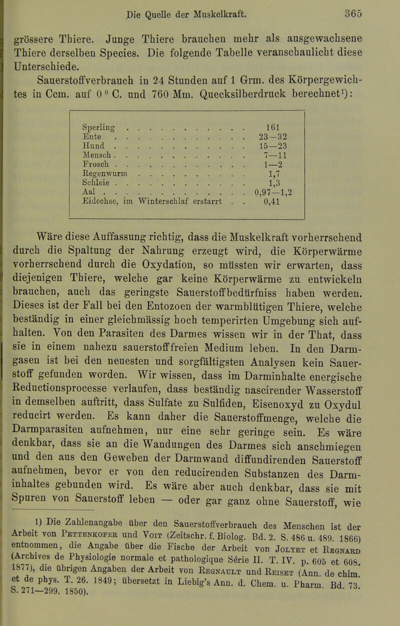 grössere Thiere. Junge Thiere brauchen mehr als ausgewachsene Thiere derselben Species. Die folgende Tabelle veranschaulicht diese Unterschiede. Sauerstoffverbrauch in 24 Stunden auf 1 Grm. des Körpergewich- tes in Ccm. auf 0 0 C. und 760 Mm. Quecksilberdruck berechnet1): 161 Ente . 23-32 Hund 15—23 7—11 1—2 1,7 1,3 Aal . 0,97—1,2 Eidechse, im Winterschlaf erstarrt . 0,41 Wäre diese Auffassung richtig, dass die Muskelkraft vorherrschend durch die Spaltung der Nahrung erzeugt wird, die Körperwärme vorherrschend durch die Oxydation, so mtissten wir erwarten, dass diejenigen Thiere, welche gar keine Körperwärme zu entwickeln brauchen, auch das geringste Sauerstoffbedtirfniss haben werden. Dieses ist der Fall bei den Entozoen der warmblütigen Thiere, welche beständig in einer gleichmässig hoch temperirten Umgebung sich auf- halten. Von den Parasiten des Darmes wissen wir in der That, dass sie in einem nahezu Sauerstoff freien Medium leben. In den Darm- gasen ist bei den neuesten und sorgfältigsten Analysen kein Sauer- stoff gefunden worden. Wir wissen, dass im Darminhalte energische Reductionsprocesse verlaufen, dass beständig nascirender Wasserstoff in demselben auftritt, dass Sulfate zu Sulfiden, Eisenoxyd zu Oxydul reducirt werden. Es kann daher die Sauerstoffmenge, welche die Darmparasiten aufnehmen, nur eine sehr geringe sein. Es wäre denkbar, dass sie an die Wandungen des Darmes sich anschmiegen und den aus den Geweben der Darmwand diffundirenden Sauerstoff aufnehmen, bevor er von den reducirenden Substanzen des Darm- inhaltes gebunden wird. Es wäre aber auch denkbar, dass sie mit Spuren von Sauerstoff leben — oder gar ganz ohne Sauerstoff, wie 1) Die Zahlenangabe über den Sauerstoffverbrauch des Menschen ist der Arbeit von Pettenkofer und Von (Zeitschr. f. Biolog. Bd. 2. S. 486 u 489 1866) entnommen, die Angabe über die Fische der Arbeit von Jolyet et Regnard (Archives de Physiologie normale et pathologique Serie II. T. IV. p. 605 et 608 1877), die übrigen Angaben der Arbeit von Regnault und Reiset (Ann de chim' et de phys. T. 26. 1849; übersetzt in Liebig's Ann. d. Chem. u. Pharm Bd 73*